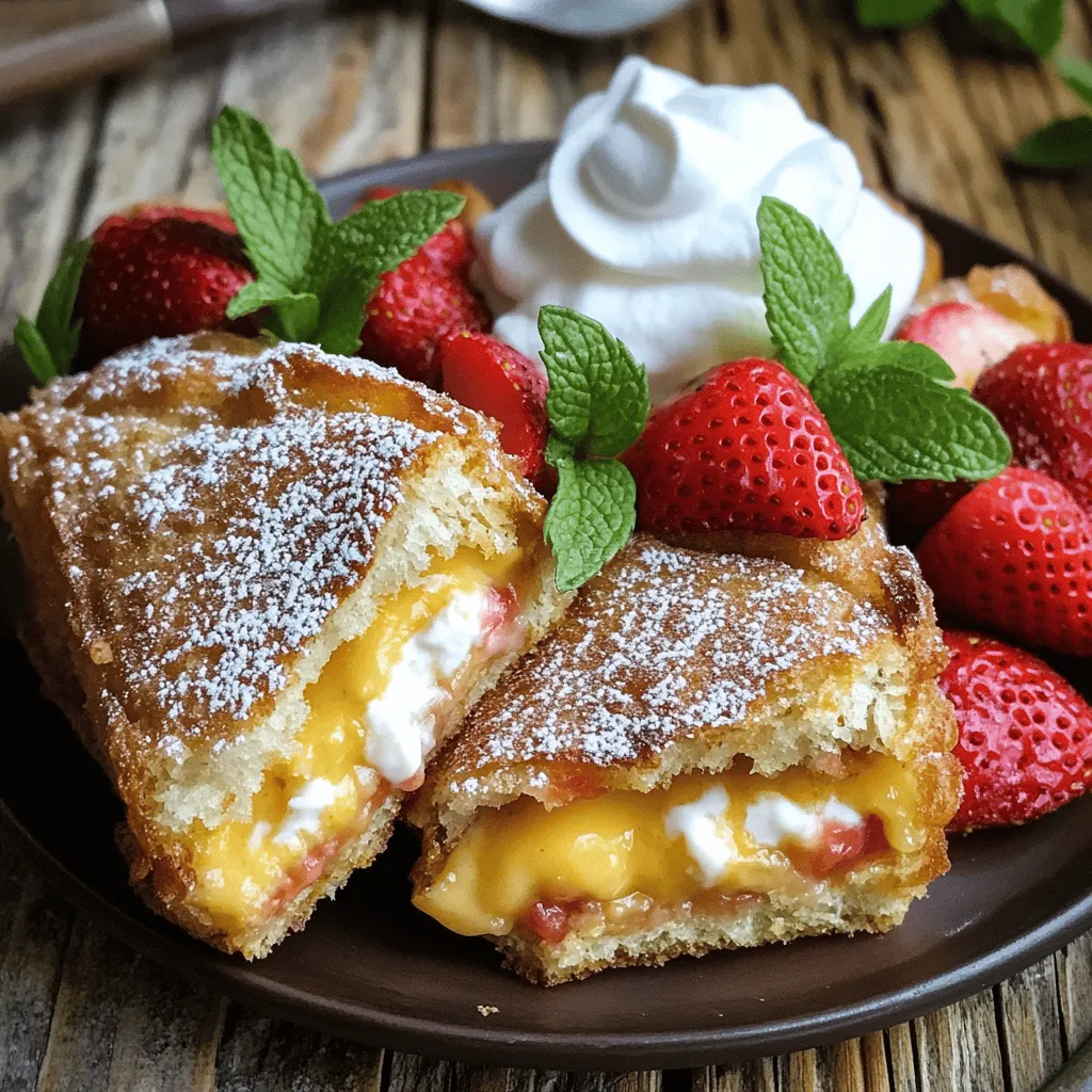 To make Fried Strawberry Cheesecake Sandwiches, gather the following items: - 8 slices of bread (egg bread or brioche recommended) - 1 cup cream cheese, softened - 1/2 cup powdered sugar - 1 teaspoon vanilla extract - 1 cup fresh strawberries, hulled and sliced - 1/4 teaspoon cinnamon - 1/2 cup all-purpose flour - 1 cup crushed cornflakes (for coating) - 2 large eggs, beaten - Oil for frying (vegetable or canola oil) - Whipped cream (for serving) - Optional: Extra strawberries and mint leaves for garnish
