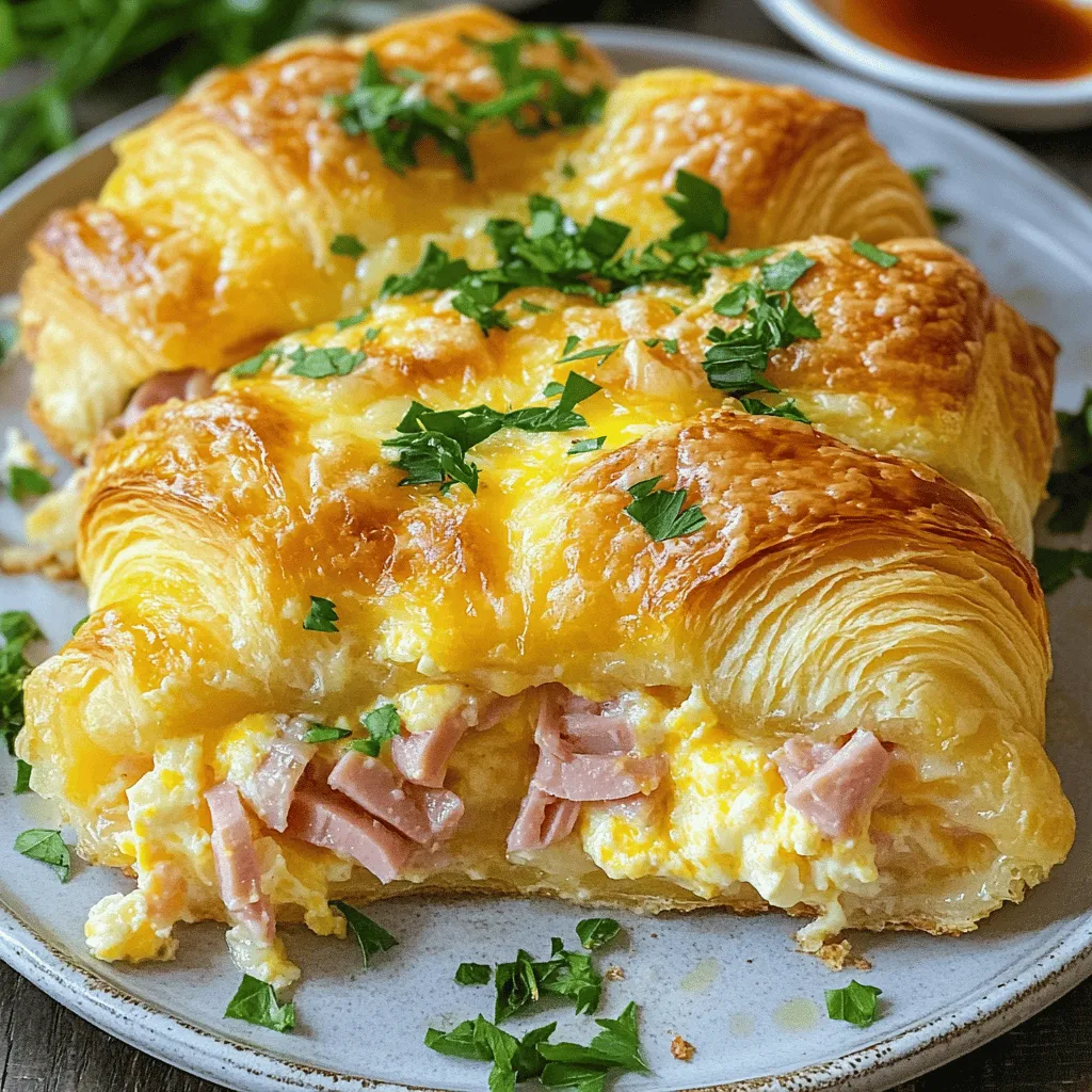 - 6 large croissants, cut into halves - 2 cups diced ham - 2 cups shredded cheese (Swiss or cheddar, or a mix)