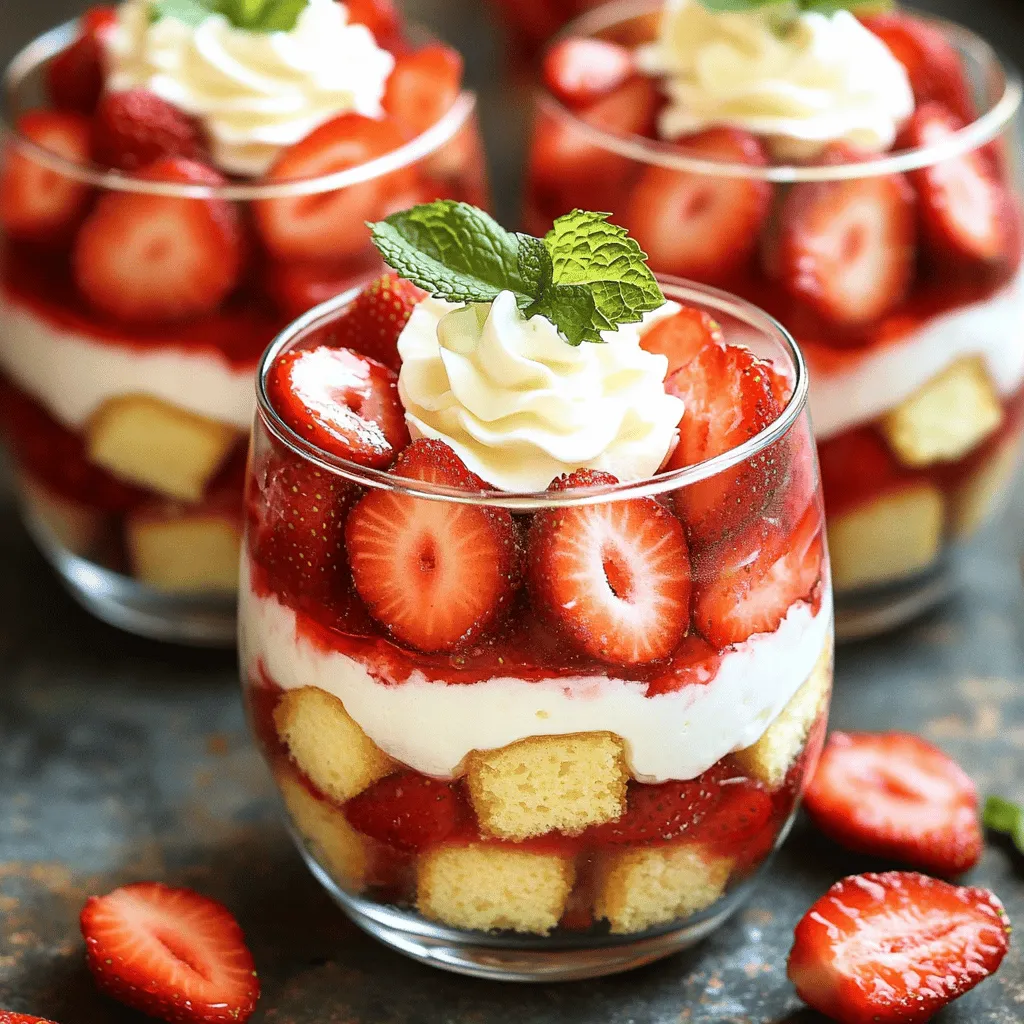 - <strong>Strawberries</strong>: You need 2 cups of strawberries. Make sure to hull and slice them. This helps release their sweet juices. Sliced strawberries add nice texture to the trifle.” /></p>
</p>
<h2>Variations</h2>
</p>
<h3>Fruit Substitutions</h3>
</p>
<p>You can change up the berries in your trifles. Try raspberries, blueberries, or blackberries. Fresh peaches or nectarines also work great. Seasonal fruits add fun flavors and colors. If you want a tropical twist, use mango or pineapple. Mix and match to find your favorite combo!</p>
</p>
<h3>Cake Alternatives</h3>
</p>
<p>Not a fan of pound cake? You can use sponge cake, angel food cake, or even biscuits. Each option brings a new texture. For a richer flavor, chocolate cake adds a nice touch. You can even try gluten-free cakes for a tasty option. Just make sure they fit well with the layers.</p>
</p>
<h3>Dietary Considerations</h3>
</p>
<p>You can make your trifles gluten-free or dairy-free. Use gluten-free cake or cookies for the base. For a dairy-free option, substitute whipped coconut cream for heavy cream. Almond or soy milk puddings work well too. These changes ensure everyone can enjoy this delightful dessert.</p>
</p>
</p>
<h2>Storage Info</h2>
</p>
<h3>Best Practices for Storing Trifles</h3>
</p>
<p>To keep your strawberry shortcake trifles fresh, cover each glass tightly with plastic wrap. This will prevent air from drying out the layers. If your trifle is in a bowl, use a lid or wrap with foil. Keep the parfaits in the fridge until it’s time to serve. Avoid stacking the glasses to prevent the layers from mixing.</p>
</p>
<h3>Refrigeration Tips</h3>
</p>
<p>When stored properly, trifles can last in the fridge for up to three days. The flavors meld together, making each bite even better. However, the strawberries can get mushy over time. So, it’s best to eat them within a couple of days for the best texture.</p>
</p>
<h3>Freezing Information</h3>
</p>
<p>Freezing trifles is tricky. I do not recommend freezing them. The whipped cream and pudding may separate when thawed. If you must freeze, layer only the cake and strawberries. Avoid adding whipped cream and pudding until you are ready to serve. Thaw in the fridge overnight, then add fresh layers. This will help you enjoy the trifles at their best. For the full recipe, check out the details above.</p>
</p>
<h2>FAQs</h2>
</p>
<h3>How to make strawberry shortcake trifles?</h3>
<p>To make strawberry shortcake trifles, follow these easy steps:</p>
</p>
<p>1. <strong>Prepare the Strawberries</strong>: Mix 2 cups of sliced strawberries with 1/4 cup of sugar and 1 teaspoon of vanilla extract. Let them sit for about 15 minutes to get juicy.</p>
</p>
<p>2. <strong>Whip the Cream</strong>: In a bowl, whip 1 1/2 cups of heavy whipping cream with a mixer. Add 1 tablespoon of powdered sugar and 1 teaspoon of vanilla. Beat until you see stiff peaks.</p>
</p>
<p>3. <strong>Layer the Trifles</strong>: Start with cubed pound cake at the bottom of your serving glass. Add a layer of vanilla pudding, then a layer of the sugared strawberries. Top with whipped cream.</p>
</p>
<p>4. <strong>Repeat Layers</strong>: Continue layering until the glass is full, ending with whipped cream.</p>
</p>
<p>5. <strong>Garnish</strong>: Add sliced strawberries and fresh mint on top for a pretty finish.</p>
</p>
<p>This method makes each bite a burst of flavor. You can find the Full Recipe for more details!</p>
</p>
<h3>Can I make this dessert ahead of time?</h3>
<p>Yes, you can make these trifles ahead! Prepare the components separately. You can mix the strawberries and whip the cream a few hours in advance.</p>
</p>
<p>Assemble the trifles a few hours before serving. This keeps the layers fresh and tasty. Just be careful not to let them sit too long, or the cake may become soggy.</p>
</p>
<h3>What can I substitute for heavy whipping cream?</h3>
<p>If you need to replace heavy whipping cream, you have a few options:</p>
</p>
<p>– <strong>Coconut Cream</strong>: Use chilled coconut cream for a dairy-free option. It whips well and adds a nice flavor.</p>
</p>
<p>– <strong>Greek Yogurt</strong>: This gives a creamy texture and tangy taste. Use it alone or mix with milk to lighten it.</p>
</p>
<p>– <strong>Silken Tofu</strong>: Blend silken tofu to a smooth consistency. This is another great dairy-free alternative.</p>
</p>
<p>These swaps can help you enjoy strawberry shortcake trifles even if you have dietary restrictions.</p>
</p>
<p>To wrap up, we explored how to make strawberry shortcake trifles. We covered the key ingredients, from fresh strawberries to rich whipping cream. With step-by-step tips, you learned how to prepare, layer, and serve this delightful treat. Remember to play with flavors and fruits to make it your own. Follow the storage tips for the best results. Now, you have all the tools to impress at your next gathering. Enjoy making these trifles and sharing sweet moments with friends and family.</p>
</div>