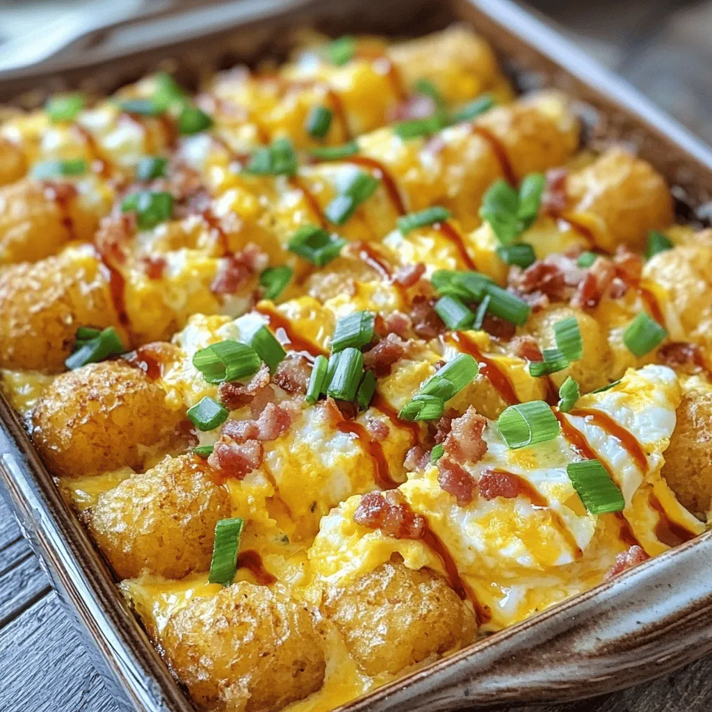 - 1 (32 oz) bag frozen tater tots - 8 large eggs - 1 cup milk - 1 cup shredded cheddar cheese - 1 cup cooked and crumbled bacon (or sausage)