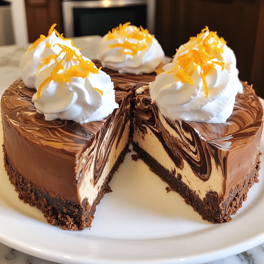 To make a delicious chocolate orange cheesecake, gather these ingredients: - 1 ½ cups chocolate graham cracker crumbs - ½ cup unsalted butter, melted - 2 cups cream cheese, softened - 1 cup granulated sugar - 1 teaspoon vanilla extract - 3 large eggs - Zest and juice of 1 large orange - ½ cup sour cream - 4 ounces dark chocolate, melted and cooled - 1 tablespoon orange liqueur or extract (optional) - Pinch of salt