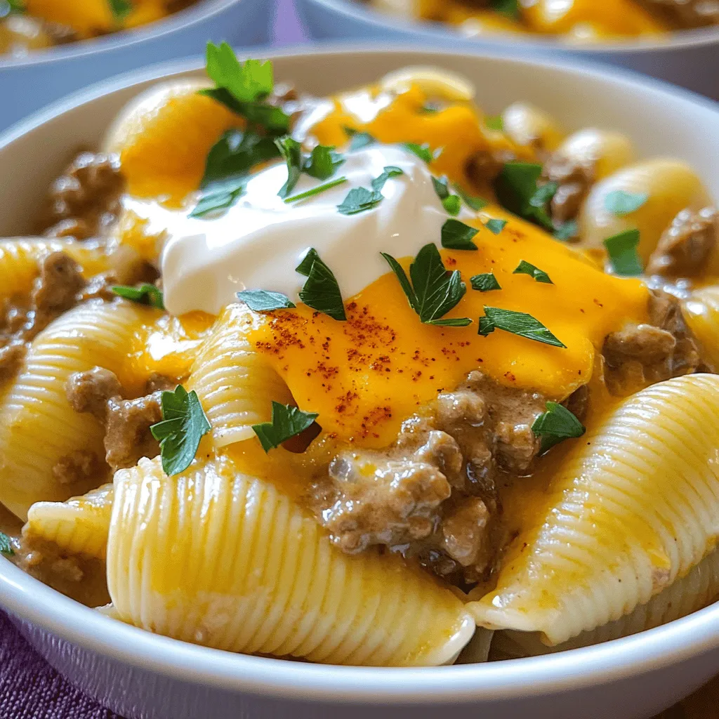 For this creamy beef and shells dish, you will need: - 1 lb ground beef - 3 cups medium pasta shells - 1 onion, finely chopped - 2 cloves garlic, minced - 1 cup beef broth - 1 cup heavy cream - 1 teaspoon paprika - 1 teaspoon dried oregano - ½ teaspoon salt - ½ teaspoon black pepper - 1 cup shredded cheddar cheese - ½ cup sour cream - 2 tablespoons olive oil - Fresh parsley, chopped (for garnish)