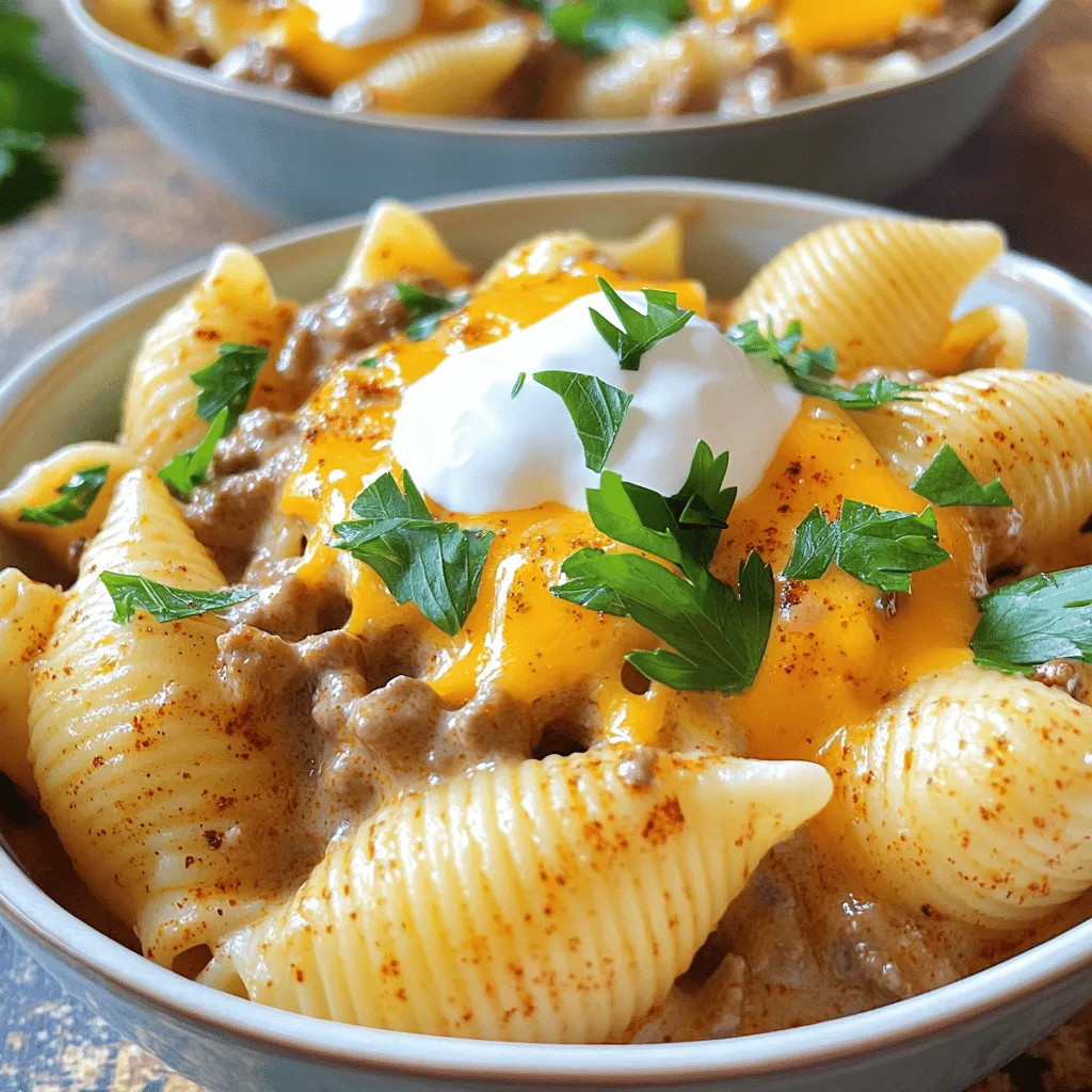 For this creamy beef and shells dish, you will need: - 1 lb ground beef - 3 cups medium pasta shells - 1 onion, finely chopped - 2 cloves garlic, minced - 1 cup beef broth - 1 cup heavy cream - 1 teaspoon paprika - 1 teaspoon dried oregano - ½ teaspoon salt - ½ teaspoon black pepper - 1 cup shredded cheddar cheese - ½ cup sour cream - 2 tablespoons olive oil - Fresh parsley, chopped (for garnish)