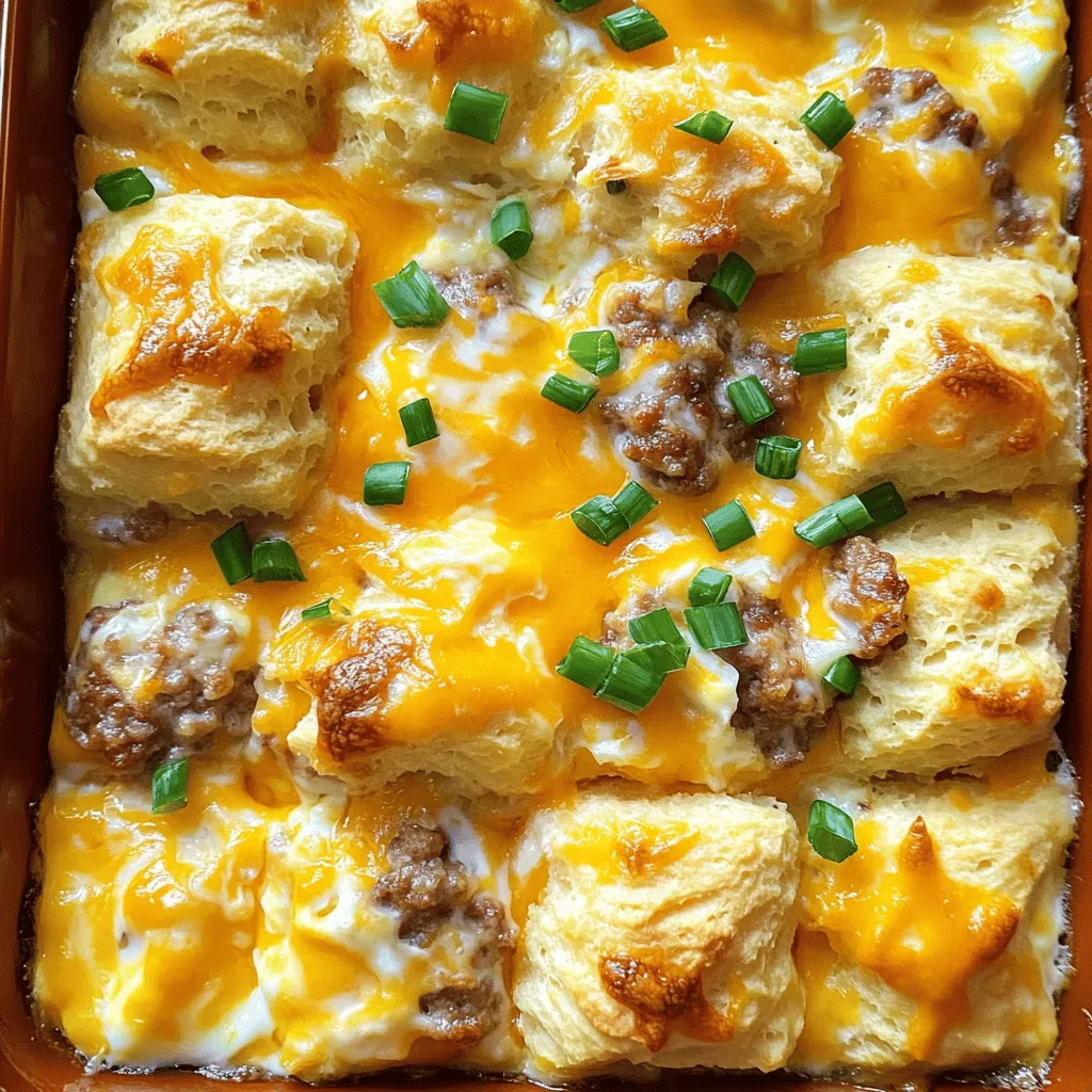- 1 pound breakfast sausage - 8 large eggs - 2 cups milk - 1 teaspoon garlic powder - 1 teaspoon onion powder - 1/2 teaspoon paprika - 1/4 teaspoon black pepper - 1 can (16.3 oz) refrigerated biscuits - 2 cups shredded cheddar cheese - 1/4 cup chopped green onions (for garnish)