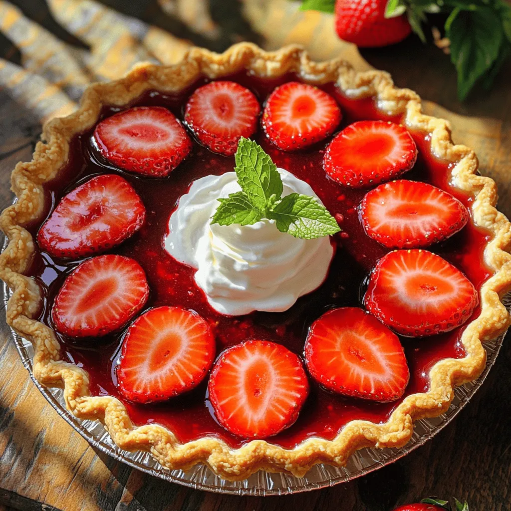 For this pie, you need fresh strawberries. Use about 2 cups of strawberries that are hulled and halved. Look for bright red berries with a sweet smell. They should feel firm, not mushy. If you can, pick them in season for the best taste. Fresh strawberries make the pie colorful and tasty. You will also need these ingredients to make your pie: - 1 cup strawberries, pureed - 1/2 cup granulated sugar - 1 tablespoon cornstarch - 1 tablespoon lemon juice - 1 teaspoon vanilla extract - 1 pre-made pie crust (store-bought or homemade) - Whipped cream (for topping) These ingredients blend well to create a sweet and smooth filling. The lemon juice adds a nice zing, while the vanilla gives warmth. The cornstarch helps thicken the filling, making it perfect for pie. Choosing the right pie crust is key. Some good brands are Pillsbury and Marie Callender's. They offer tasty, ready-to-use crusts. If you prefer homemade, you can make your own with flour, butter, and water. Homemade crusts can be flaky and fresh, but store-bought saves time. Follow the Full Recipe for detailed steps to create this delightful strawberry pie. Enjoy the sweet reward of your effort! Start by gathering your strawberries. You need two cups of fresh strawberries, hulled and halved. Next, measure one cup of strawberries to puree. In a saucepan, combine the pureed strawberries, half a cup of granulated sugar, one tablespoon of cornstarch, one tablespoon of lemon juice, and one teaspoon of vanilla extract. Stir well until everything mixes nicely. Heat this mixture over medium heat for about 5 to 7 minutes. Stir it continuously until it thickens and starts to bubble. Once it does, remove the saucepan from heat and let it cool slightly. Now, in a mixing bowl, toss the halved strawberries with the cooled strawberry mixture. Make sure they are fully coated in the sweet goodness. Grab your pre-made pie crust. You can use a store-bought one or make your own. Pour the strawberry filling into the pie crust. Spread it evenly for a nice look. Preheat your oven to 425°F (220°C). Place the pie in the oven and bake it for 15 to 20 minutes. Look for a golden crust and bubbling filling. After baking, remove the pie from the oven. Let it cool to room temperature. Right before serving, add a generous dollop of whipped cream on each slice. Enjoy your delicious creation! For the full recipe, check the details above. Choose ripe and fresh strawberries for the best flavor. Look for bright red berries without bruises. Smell them; they should have a sweet scent. The best strawberries are firm but not hard. If they are too soft, they may be overripe. Select strawberries that have their green tops intact. They help keep the berries fresh. A great crust makes your pie shine. Use a pre-made crust for ease, but homemade is an option too. If using a store-bought crust, let it sit at room temperature before baking. This helps it bake evenly. For a golden crust, brush the edges with an egg wash. This adds color and shine. Bake it until it’s lightly browned, which usually takes about 15 minutes. Serve your pie chilled or at room temperature. Top each slice with a generous dollop of whipped cream. For a fun twist, drizzle some strawberry sauce on top. Add a mint leaf for color and freshness. This makes the pie look inviting and fancy. You can also serve it with vanilla ice cream for extra delight. Enjoy the burst of strawberry flavor in every bite! {{image_2}} You can mix strawberries with rhubarb for a unique flavor. The tangy taste of rhubarb balances the sweetness of strawberries. Use 1 cup of chopped rhubarb with your strawberries. Cook it the same way as the strawberry filling. This twist adds a nice tartness to your pie. Feel free to add other berries for more fun. Blueberries, raspberries, or blackberries work well. Mix in one cup of any berry with your strawberries. The added berries will burst with flavor, giving you a colorful pie. This way, you can enjoy a berry medley in every slice. If you want to change the pie crust, try different types. A graham cracker crust can add a nice crunch. You can also use a cookie crust for a sweeter base. For a gluten-free option, use almond flour or a gluten-free pie crust. Each choice will give your pie a new taste and texture. To keep your leftover pie fresh, place it in the fridge. Use a pie cover or wrap it in plastic wrap. This helps keep the pie moist and tasty. It can last up to three days in the fridge. If you want to enjoy it later, freezing works great too. If you have extra pie, freezing is a smart choice. First, let the pie cool completely. Then, wrap it tightly in plastic wrap. Follow this with aluminum foil for added protection. Label it with the date. You can freeze the pie for up to three months. When you’re ready to eat it, move it to the fridge overnight to thaw. To reheat your strawberry pie, preheat your oven to 350°F (175°C). Place the pie in for about 10-15 minutes. This warms the filling and crisps the crust. You can also microwave a slice for 30 seconds, but the crust may not be as crisp. For a tasty touch, add fresh whipped cream on top right after reheating. Enjoy your pie warm! Yes, you can use frozen strawberries. They work well in this recipe. Just let them thaw first. Drain any excess liquid before mixing them in. This helps avoid a soggy pie. Frozen strawberries may also need a bit more sugar. Taste the filling and adjust to your liking. The pie stays fresh in the fridge for 3 to 4 days. Keep it covered with plastic wrap or in a sealed container. This will help keep the crust crisp and the filling tasty. If you notice any liquid pooling, gently drain it before serving. Yes, you can make this pie gluten-free. Just use a gluten-free pie crust. Many brands offer great options you can find in stores. Be sure to check the labels for other allergens if needed. The filling is naturally gluten-free, so it’s easy to adapt. This post covered how to make a tasty strawberry pie. We discussed key ingredients, like fresh strawberries and the best pie crust brands. You'll find step-by-step instructions for filling, assembling, and baking the pie. Remember the tips for selecting strawberries and perfecting the crust. Explore variations like strawberry-rhubarb or different berries. Lastly, I shared storage advice to keep leftovers fresh. Making this pie is a fun and rewarding way to enjoy strawberries. Get ready to impress your friends with your baking skills!