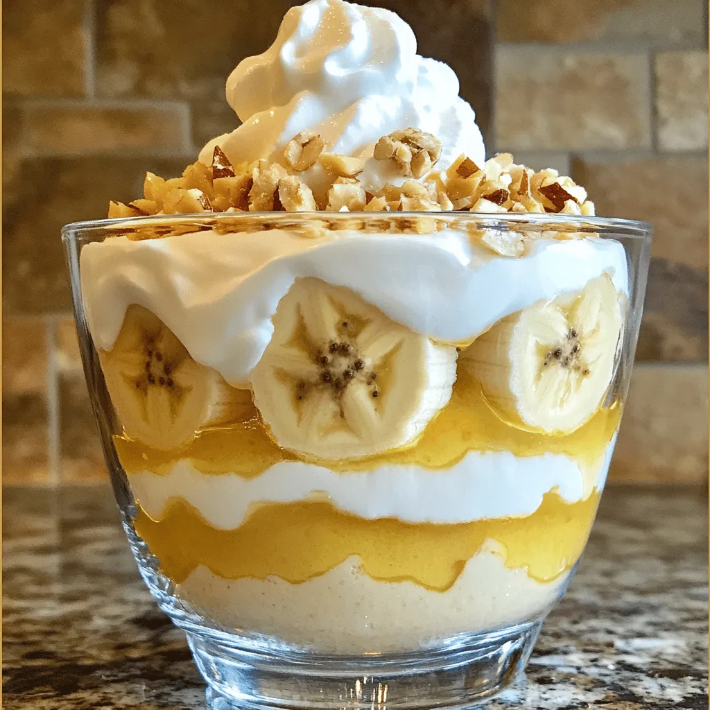 To create this creamy delight, gather these simple ingredients: - 4 ripe bananas, sliced - 1 cup granulated sugar - 1/3 cup all-purpose flour - 1/4 teaspoon salt - 2 3/4 cups whole milk - 3 large egg yolks - 1 teaspoon vanilla extract - 1 tablespoon butter - 1 box (11 oz) vanilla wafer cookies - Whipped cream (for topping) - Crushed walnuts or pecans (for garnish, optional) Start by whisking the sugar, flour, and salt in a medium saucepan. Mix until combined. Slowly add the whole milk to avoid lumps. Cook this mixture over medium heat. Stir constantly until it thickens and bubbles, which takes about 8-10 minutes. While this cooks, whisk the egg yolks in a separate bowl. Once the milk mixture thickens, add a little of it to the egg yolks. This step is called tempering. Then, pour the egg yolk mix back into the saucepan. Cook for 2-3 more minutes while stirring. Remove from heat and add the vanilla extract and butter. Stir until smooth. The entire prep time takes about 25 minutes. After that, you need to chill the banana pudding for at least 4 hours. For the best taste, let it chill overnight. This allows the flavors to blend. You’ll want to serve this dessert cold. Enjoy each creamy bite! Don't forget to check out the Full Recipe for more details. To make the best banana pudding, start with the custard. Here’s how: 1. In a medium saucepan, mix the sugar, flour, and salt well. 2. Slowly add the whole milk while whisking to avoid lumps. 3. Place the saucepan over medium heat. Stir constantly for about 8-10 minutes. 4. Once it thickens and bubbles, remove it from the heat. 5. In a bowl, whisk the egg yolks until smooth. 6. Take a small amount of the hot milk mixture and add it to the yolks. This warms them up. 7. Now, pour the yolk mixture back into the saucepan. Cook for another 2-3 minutes. 8. Stir in the vanilla extract and butter until smooth. Now, it’s time to layer the pudding. This is where it gets fun! 1. Grab a large serving dish or small cups for individual servings. 2. Start with a layer of vanilla wafer cookies at the bottom. 3. Next, add a layer of sliced bananas on top. 4. Pour a layer of the custard mixture over the bananas. 5. Repeat these layers: wafers, bananas, custard. 6. Finish with a final layer of custard on top. Let’s get ready to dig in! 1. Cover the dish with plastic wrap. Chill it in the refrigerator for at least 4 hours. Overnight is even better! 2. Before serving, add a generous layer of whipped cream on top. 3. If you like, sprinkle crushed walnuts or pecans for a nice crunch. Follow this method, and you’ll have a creamy delight that everyone will love! For the full recipe, check the earlier section. Enjoy your cooking! To make the best banana pudding, avoid these common mistakes: - Using overripe bananas: They may be too mushy. Aim for ripe but firm bananas. - Not chilling long enough: Letting it chill for at least four hours helps the flavors meld. - Skipping the vanilla extract: This adds depth. Don't leave it out! - Not layering properly: Start with wafers, then bananas, then custard. Repeat to keep layers even. To elevate your banana pudding, try these tips: - Use fresh ingredients: Fresh milk and eggs improve taste and texture. - Mix in spices: A pinch of cinnamon or nutmeg can add warmth. - Add a splash of lemon juice: It brightens the flavor and helps keep bananas from browning. - Consider different cookies: Try ginger snaps or chocolate wafers for a twist. Want to switch up your toppings? Here are some ideas: - Coconut whipped cream: It adds a tropical flair. - Toasted coconut flakes: Sprinkle them on top for added crunch. - Chocolate shavings: They give a rich touch. - Fresh fruit: Add strawberries or blueberries for color and flavor. These tips help create a creamy delight. For the Full Recipe, refer back to the earlier section. Enjoy making your banana pudding! {{image_2}} Banana pudding is a classic treat, but there are ways to change it up. Here are some fun twists you can try. If you need a gluten-free option, swap the vanilla wafers. Use gluten-free cookies instead. Look for brands that mimic the taste of vanilla wafers. You can also make your own gluten-free cookies at home. This way, you keep the same creamy texture and flavor without gluten. To make a vegan version, replace milk with almond or coconut milk. Use cornstarch in place of eggs to thicken the pudding. You can also add maple syrup for sweetness. Instead of butter, use a plant-based spread. For a topping, choose coconut whipped cream. It gives a nice flavor and keeps it vegan. Want to spice up your pudding? Add flavors like chocolate or coconut. For chocolate, mix cocoa powder into the custard. You can also use chocolate wafers instead of vanilla ones. For a coconut twist, add shredded coconut to the layers. You can even use coconut milk instead of regular milk. These flavors create a fun new dessert that keeps the same creamy base. These variations let you enjoy banana pudding in new ways. Each one stays true to the creamy delight of the original recipe. For the full recipe, check out the Heavenly Banana Pudding section. To keep your banana pudding fresh, store it in the fridge. Use a covered container to keep it safe from other odors. Make sure it stays chilled at all times. The dessert tastes best within 2-3 days after making it. However, the bananas may brown. To slow this, place plastic wrap directly on the surface of the pudding. This will help keep air out. If your banana pudding has sat for a day or two, it may need a little love. The layers might not look as fresh. You can fix this by gently stirring the top layer. Add a dollop of whipped cream to add freshness. If it seems dry, drizzle a bit of milk over the top. This will help bring back some creaminess. You can freeze banana pudding, but with caution. The texture changes when thawed. For freezing, prepare the pudding but skip adding bananas. Layer the pudding in a freezer-safe container and cover tightly. When you’re ready to enjoy it, thaw it in the fridge overnight. Add fresh bananas just before serving for the best taste. For the full recipe, check out the Heavenly Banana Pudding. The best bananas for pudding are ripe ones. Look for bananas that are yellow with some brown spots. These bananas provide the best flavor and creaminess. Avoid green or overly brown bananas. They can taste starchy or mushy. Ripe bananas blend well into the smooth custard. Their sweetness enhances the overall taste of your banana pudding. Banana pudding can last about three to four days in the fridge. Make sure to keep it covered to avoid drying out. The bananas may start to brown after a day or two. Still, the pudding will stay good to eat. If you see browning, it's a sign to enjoy it soon. Always trust your senses; if it smells or looks off, it’s best to discard it. Yes, you can make banana pudding ahead of time. It actually tastes better after chilling for a few hours or overnight. This allows the flavors to mix well and the pudding to set up nicely. Just layer the ingredients as directed and refrigerate. Before serving, add the whipped cream on top for freshness. This makes it a great dessert for gatherings or busy days. For the full recipe, check out the Heavenly Banana Pudding section! This blog post shared a simple and tasty banana pudding recipe. You learned how to prepare, layer, and serve it perfectly. I also gave tips to avoid common mistakes and enhance flavor. Plus, I covered gluten-free, vegan options, and creative variations. In the end, homemade banana pudding is fun and easy. You can enjoy it yourself or share with friends. Make it your own and savor every bite!