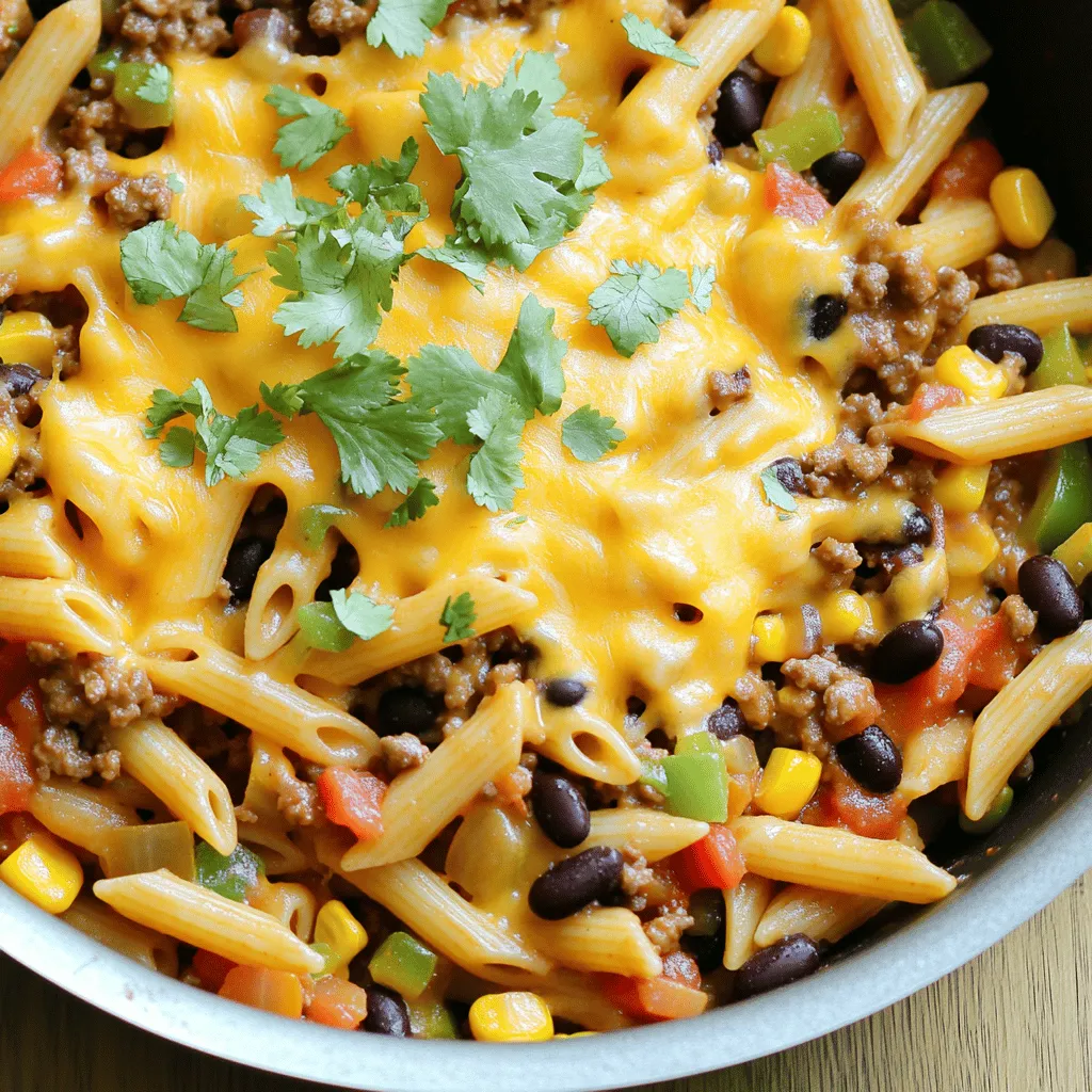 - 8 oz (225 g) penne pasta - 1 lb (450 g) ground beef - 1 medium onion, diced - 3 cloves garlic, minced - 1 red bell pepper, diced - 1 can (15 oz) black beans, rinsed and drained - 1 can (15 oz) diced tomatoes with green chilies - 1 cup corn kernels (fresh or frozen) - 2 teaspoons chili powder - 1 teaspoon cumin - 1/2 teaspoon smoked paprika - Salt and pepper to taste - 1 cup shredded cheddar cheese - Fresh cilantro or parsley, for garnish