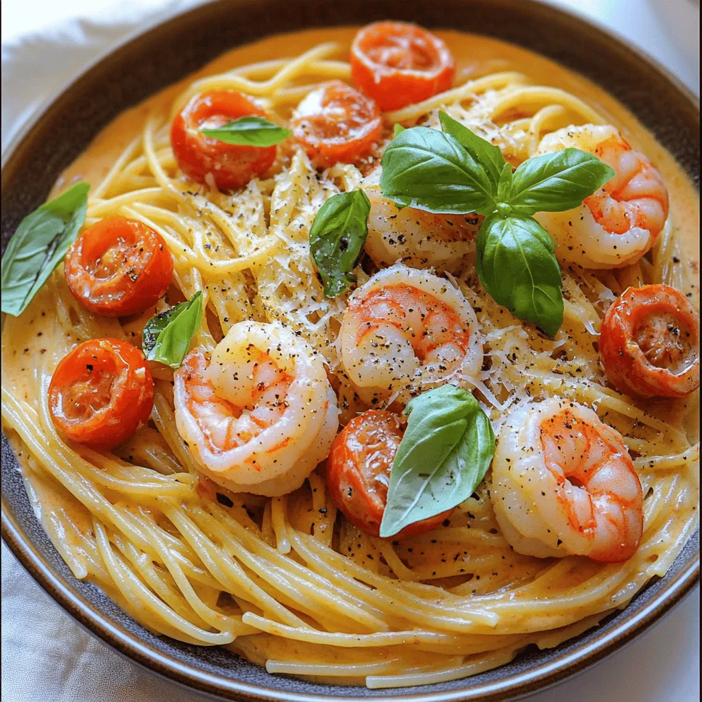 To create a delicious plate of Spaghetti with Shrimp in Creamy Tomato Sauce, you need the following ingredients: - 8 oz spaghetti - 1 lb shrimp, peeled and deveined - 1 cup cherry tomatoes, halved - 1 cup heavy cream - 2 tablespoons olive oil - 3 cloves garlic, minced - 1 small onion, finely chopped - 1 teaspoon dried basil - 1 teaspoon paprika - Salt and pepper to taste - Fresh basil leaves for garnish - Grated Parmesan cheese (optional) These ingredients come together to form a rich and tasty dish. The shrimp gives a fresh flavor. Cherry tomatoes add a burst of sweetness. Heavy cream makes the sauce smooth and rich. You can adjust the spices to fit your taste. This recipe is perfect for a cozy dinner or a gathering with friends. You can find the full recipe for more details on how to prepare each element! - Bring salted water to a boil. - Add 8 oz of spaghetti. Cook until al dente. - Drain and reserve some pasta water. - Heat 2 tablespoons of olive oil in a skillet. - Sauté 3 cloves of minced garlic and 1 small chopped onion. - Add 1 cup of halved cherry tomatoes. - Incorporate 1 lb of shrimp with seasonings. - Pour in 1 cup of heavy cream and stir. - Simmer until the sauce slightly thickens. - Toss the spaghetti with the sauce. - Adjust the sauce's consistency with reserved pasta water. - Serve on plates with fresh basil leaves for garnish. You can find the full recipe above for more details! To make a great sauce, start with high-quality heavy cream. This cream adds rich flavor and a smooth texture. Adjust the seasoning to your taste. A little salt or pepper can make a big difference. I always choose fresh cherry tomatoes. Their sweetness brightens the sauce and adds color. When cooking shrimp, avoid overcooking them. Shrimp cooks fast and can become tough if left too long. I suggest using fresh shrimp for the best flavor. If fresh isn’t an option, thaw frozen shrimp properly before using. This keeps the taste closer to fresh. Pair your spaghetti with garlic bread for a tasty side. The crispy bread complements the creamy sauce well. You might also want to add a side salad. A fresh salad balances the rich flavors of the dish. For the full recipe, visit the provided link. {{image_2}} You can switch out shrimp for chicken or scallops. Chicken works well, adding a hearty flavor. Simply cook diced chicken until golden before adding the cherry tomatoes. Scallops also make a great choice. They cook quickly and pair well with the sauce. For a vegetarian twist, try mushrooms. Use portobello or shiitake mushrooms for a rich taste. Sauté them until soft to add depth to the dish. To boost the flavor, consider adding a splash of white wine. This adds a nice acidity that brightens the dish. You can also incorporate spicy red pepper flakes. Just a pinch can give your sauce a delightful kick. Adjust these flavors to fit your taste. Experimenting can lead to a new favorite version of this dish. If you need gluten-free options, use gluten-free spaghetti. Many brands offer great textures that hold the sauce well. You can also use zoodles, which are spiralized zucchini. They add a fresh crunch and are low in carbs. Other alternative pasta types made from rice or lentils also work well. These options let everyone enjoy this creamy delight without worry. For the full recipe, check out the detailed instructions above. After you enjoy your Spaghetti with Shrimp in Creamy Tomato Sauce, store leftovers in an airtight container. This keeps your dish fresh and safe to eat. Try to consume it within 2-3 days for the best flavor and quality. If you wait too long, the sauce may lose its creamy texture and taste. If you want to keep your sauce for longer, freeze it separately. This way, you can enjoy it later without losing flavor. When you are ready to eat, reheat the sauce gently on the stove or in the microwave. Stir well to bring back the creamy goodness. Just remember, thawing overnight in the fridge works best for even heating. To add heat, use red pepper flakes. Start with a pinch and taste. You can also add diced jalapeños for fresh heat. Another option is to use spicy paprika instead of regular paprika. This will give a nice kick without being overwhelming. Yes, you can use frozen shrimp. First, remove the shrimp from the freezer. Place them in a bowl of cold water for quick thawing. Leave them for about 15 to 20 minutes. Once thawed, pat them dry before cooking. This helps achieve the best texture. Some great sides include garlic bread or a simple green salad. A light Caesar salad pairs well too. For drinks, try a crisp white wine or sparkling water with lemon. This balances the rich sauce nicely. Yes, you can make the sauce ahead of time. Cook the sauce and let it cool. Store it in an airtight container in the fridge. When ready to use, reheat gently on low heat. You may need to add a splash of cream or pasta water to thin it out. For the full recipe, check out the detailed instructions above. This blog post shared a simple recipe for spaghetti with shrimp in creamy tomato sauce. You learned about key ingredients, step-by-step cooking, and tips for perfecting the dish. Remember to choose fresh ingredients for the best flavor. You can explore variations and adapt it to your taste. Whether you serve it with garlic bread or a side salad, this dish can impress anyone. Enjoy cooking and savor your delicious meal!