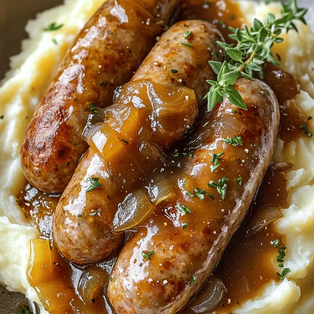 - 8 British pork sausages (preferably herbed) - 4 large russet potatoes, peeled and chopped - 1/2 cup milk - 4 tablespoons unsalted butter