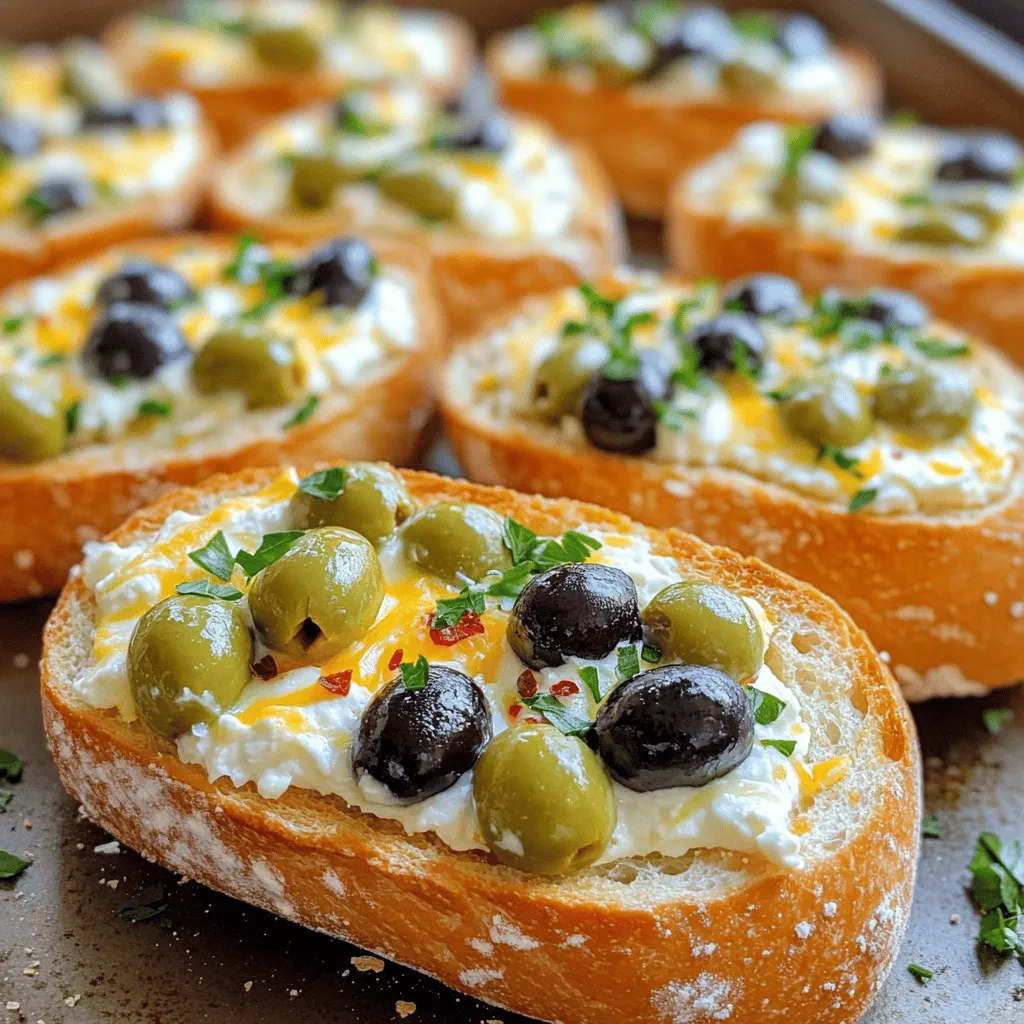 To make a delicious Olive Cheese Bread Appetizer, gather these simple ingredients: - 1 large French baguette - 1 cup cream cheese, softened - 1 cup shredded mozzarella cheese - 1/2 cup grated Parmesan cheese - 1/2 cup black olives, pitted and chopped - 1/2 cup green olives, pitted and chopped - 2 cloves garlic, minced - 1 tablespoon fresh oregano, chopped (or 1 teaspoon dried oregano) - 1/2 teaspoon red pepper flakes (optional) - Salt and pepper to taste - 1/4 cup fresh parsley, chopped (for garnish) These ingredients blend to create a savory and flavorful treat. The cream cheese provides a rich base, while the mozzarella and Parmesan add a delightful stretch and depth. The olives bring a briny kick that balances the creamy cheeses. Fresh garlic and oregano enhance the taste, making every bite memorable. You can find the full recipe for Olive Cheese Bread Delight at the end of this article. Enjoy making this easy and tasty appetizer! - Preheat the oven to 375°F (190°C). - Slice the French baguette in half lengthwise. - Place baguette halves cut-side up on a baking sheet. To start, set your oven to 375°F (190°C). This ensures your Olive Cheese Bread gets nice and crispy. Next, take a large French baguette. Slice it in half lengthwise. Make sure to cut it evenly. Place the halves on a baking sheet with the cut sides facing up. This allows for even cooking. - Combine cream cheese, mozzarella, Parmesan, garlic, and olives. - Add oregano, red pepper flakes, salt, and pepper to the mixture. Now, let’s make the cheese mixture. In a bowl, combine one cup of softened cream cheese, one cup of shredded mozzarella, and half a cup of grated Parmesan cheese. Then, add two minced cloves of garlic and one cup of chopped olives. You can use both black and green olives for more flavor. Next, sprinkle in a tablespoon of fresh oregano, half a teaspoon of red pepper flakes, and salt and pepper to taste. Mix everything well until it’s creamy and smooth. - Spread the cheese mixture evenly over baguette halves. - Bake for 15-20 minutes until golden brown. Spread the cheese mixture evenly over each baguette half. Make sure every inch is covered. This will ensure every bite is cheesy and flavorful. Now, place the baking sheet in the preheated oven. Bake for about 15 to 20 minutes. Look for a nice golden brown color and bubbly cheese. Once done, take it out of the oven and let it cool for a few minutes. This will help the flavors settle. You can find the full recipe in another section. Enjoy your Olive Cheese Bread as a warm appetizer! To make your cheese mixture sing, start with softened cream cheese. If it is cold, it won't mix well. I like to take it out of the fridge at least an hour before I begin. Next, feel free to play with the cheese ratios. If you love sharp flavors, add more Parmesan. For a creamier bite, up the mozzarella. Find what makes your taste buds dance! When baking, always check for doneness regularly. Every oven is a bit different, so your bake time may vary. I suggest checking after 15 minutes. If the top starts to brown too fast, cover it with foil. This will help prevent burning and keep everything nice and gooey. Olive cheese bread is best served warm. The cheese is melty, and the bread is crisp. Pair it with a nice glass of wine or a light salad. This balance enhances the flavors and makes for a delightful snack. For a fun twist, serve it with a zesty dip or spread. Enjoy every bite! {{image_2}} You can twist the Olive Cheese Bread by changing some ingredients. Here are two great ideas: - Different Cheeses: Swap out the mozzarella for cheddar or gouda. Cheddar gives a sharp taste, while gouda adds a creamy smoothness. Both will change the flavor. - Substitute Olives: Instead of olives, try sun-dried tomatoes or artichokes. These ingredients bring a different texture and taste. Sun-dried tomatoes add sweetness, while artichokes bring a mild, earthy flavor. If you have specific dietary needs, you can still enjoy this dish! - Gluten-Free Option: Use a gluten-free baguette instead. This change keeps the dish tasty for those who avoid gluten. - Low-Fat Cheese: Consider low-fat cheese options. This will cut down on calories, but it can still taste great. To enhance the flavor of your Olive Cheese Bread, think about adding some herbs and spices. - Herbs: Try mixing in fresh basil or thyme. These herbs can add a burst of freshness to the bread. - Spices: If you like a little heat, sprinkle in some paprika or cayenne. A small amount can give your dish a nice kick. By trying these variations, you can make the Olive Cheese Bread fit your taste and needs. For the full recipe, check out the Olive Cheese Bread Delight. To keep your Olive Cheese Bread fresh, refrigerate it in an airtight container. This way, it will stay nice and tasty. You can enjoy your leftovers for up to 3 days. Make sure to let it cool down before putting it in the fridge. This prevents moisture from making it soggy. You can freeze this appetizer either baked or unbaked. If you freeze it unbaked, just wrap the bread tightly in plastic wrap. Then, place it in a freezer bag. When you want to bake it, no need to thaw. Just add a few extra minutes to the baking time. If you have leftovers after baking, let them cool, then slice and freeze them. To reheat, place the slices in the oven at 350°F (175°C) for about 10-15 minutes. This brings back the crispy texture and melty cheese. You can spot when Olive Cheese Bread is done by looking for a few key signs: - The cheese should be melted and bubbly. - The edges of the bread will turn a nice golden brown. - If you press lightly on the bread, it should feel firm but soft inside. Keep an eye on it in the last few minutes to prevent burning. Yes, you can prepare Olive Cheese Bread ahead of time. Here are some tips: - Mix the cheese and olive filling a day before and store it in the fridge. - You can also slice the bread and keep it wrapped until you are ready to bake. - Just spread the mixture on the bread and bake when you're ready to serve. This keeps it fresh and tasty. If you need to swap out olives, there are great options you can use. - Sun-dried tomatoes add a nice tangy flavor. - Artichoke hearts can offer a similar texture. - Roasted red peppers bring a sweet twist. Feel free to mix and match these ingredients for a fun and tasty spin on the recipe. Check out the Full Recipe for more ideas! In this article, we covered how to make a delicious Olive Cheese Bread using simple ingredients. You learned how to prepare the cheese mixture, bake it, and explore variations to suit your taste. Always remember to check for doneness and customize flavors to your liking. Enjoy this dish warm for the best experience. It’s versatile and easy, perfect for gatherings or a lovely snack. With these tips, you can impress guests while keeping it fun and simple for yourself. Enjoy your cooking!