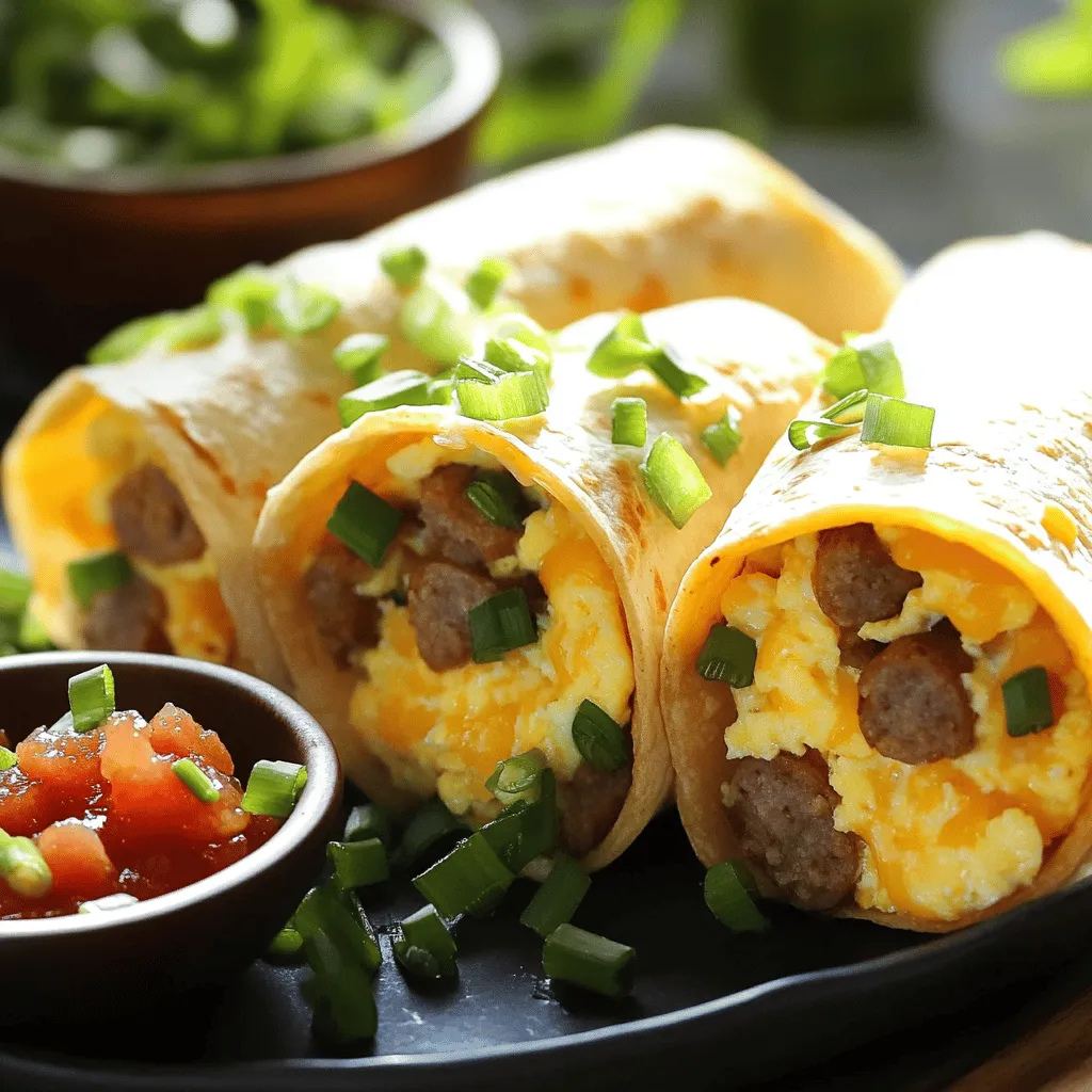 - 4 breakfast sausages, casings removed - 4 large eggs - 1/4 cup milk - 1/2 cup sharp cheddar cheese, shredded - 1/4 cup green onions, sliced - 1 teaspoon garlic powder - 1 teaspoon paprika - Salt and pepper to taste - 4 large flour tortillas - 2 tablespoons butter