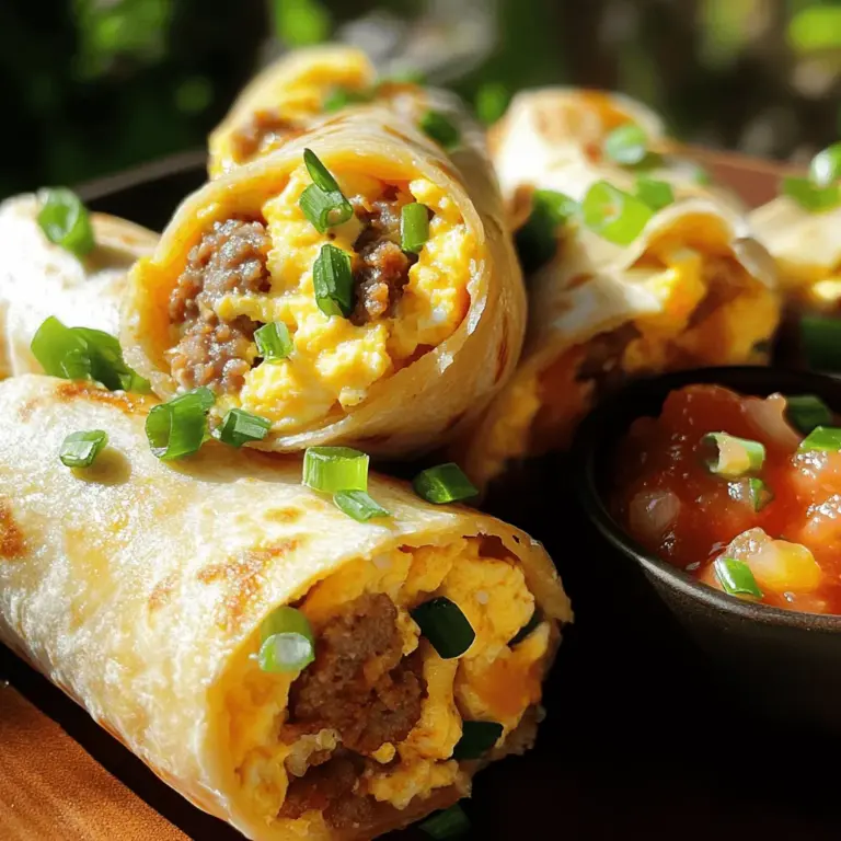 - 4 breakfast sausages, casings removed - 4 large eggs - 1/4 cup milk - 1/2 cup sharp cheddar cheese, shredded - 1/4 cup green onions, sliced - 1 teaspoon garlic powder - 1 teaspoon paprika - Salt and pepper to taste - 4 large flour tortillas - 2 tablespoons butter