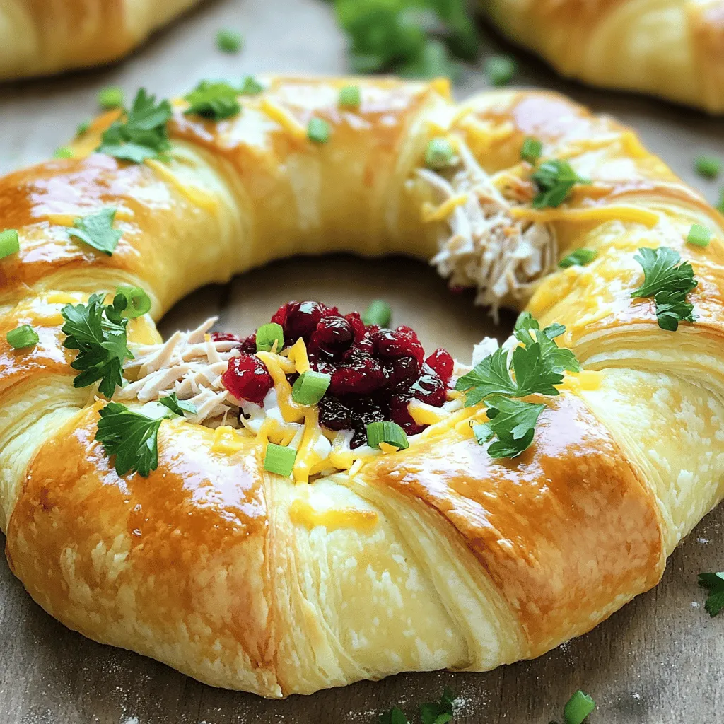 - 1 (8 oz) can refrigerated crescent roll dough - 1 cup cooked turkey, shredded - 1/2 cup cranberry sauce - 1/2 cup cream cheese, softened - 1/4 cup chopped green onions - 1 teaspoon garlic powder - 1 teaspoon dried thyme - 1/2 teaspoon salt - 1/4 teaspoon black pepper - 1 egg, beaten (for egg wash) - Fresh parsley, for garnish