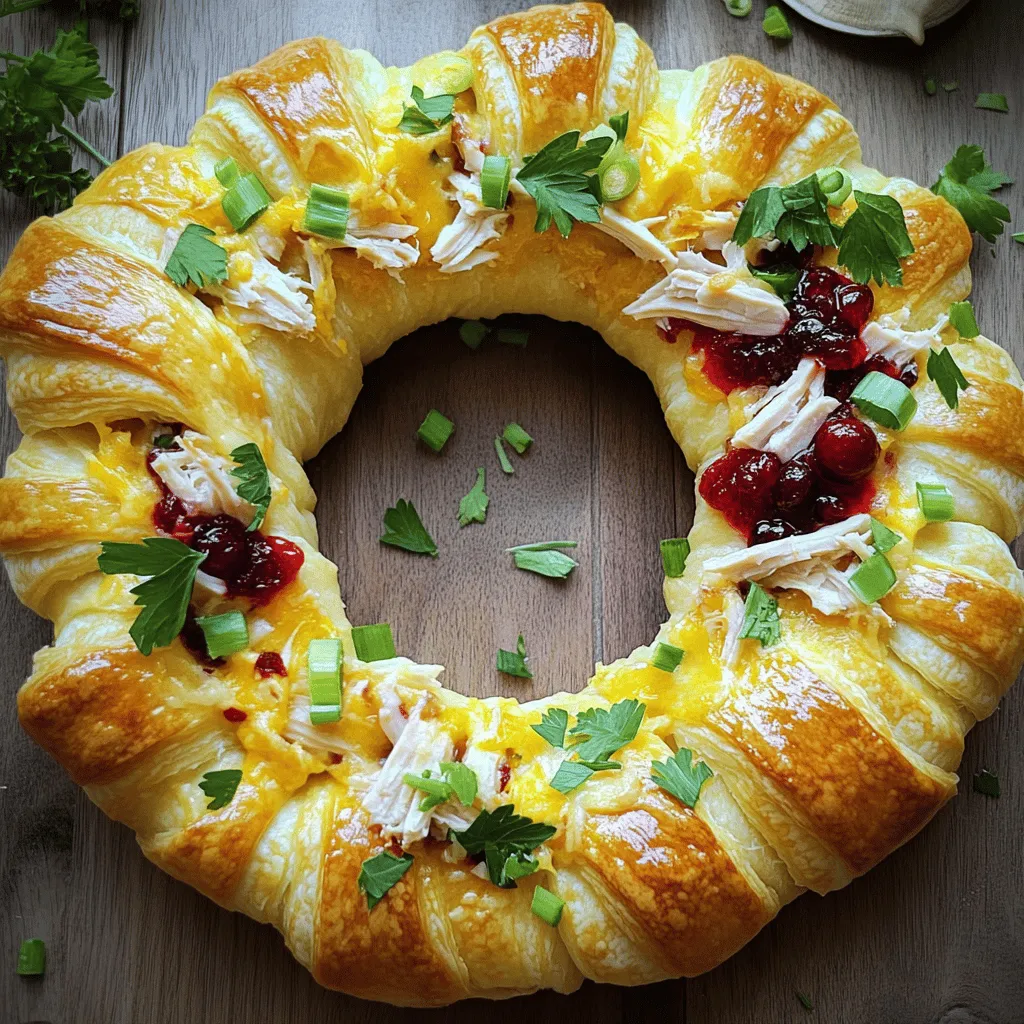 - 1 (8 oz) can refrigerated crescent roll dough - 1 cup cooked turkey, shredded - 1/2 cup cranberry sauce - 1/2 cup cream cheese, softened - 1/4 cup chopped green onions - 1 teaspoon garlic powder - 1 teaspoon dried thyme - 1/2 teaspoon salt - 1/4 teaspoon black pepper - 1 egg, beaten (for egg wash) - Fresh parsley, for garnish