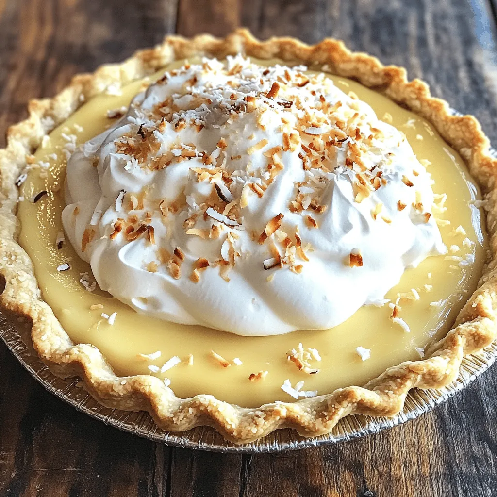 To make a great coconut cream pie, you need a few key items. Here are the main ingredients: - 1 pre-baked pie crust (store-bought or homemade) - 1 cup unsweetened coconut flakes - 1 cup whole milk - 1 cup heavy cream - ¾ cup granulated sugar - 3 large egg yolks - ¼ cup cornstarch - 2 teaspoons vanilla extract - ½ teaspoon salt - 1 tablespoon unsalted butter - 1 cup whipped cream (for topping) - Additional toasted coconut flakes for garnish