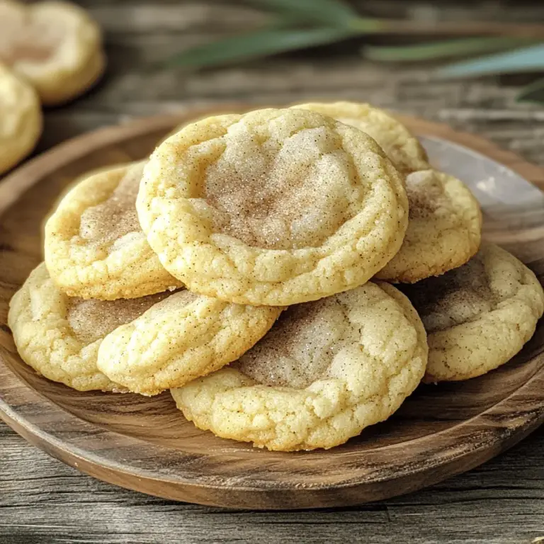To make soft and chewy snickerdoodle cookies, you need a few key ingredients. Here’s what you will use: - 1 cup unsalted butter, softened - 1 ½ cups granulated sugar - 2 large eggs - 2 teaspoons vanilla extract - 3 ⅓ cups all-purpose flour - 2 teaspoons cream of tartar - 1 teaspoon baking soda - ½ teaspoon salt These ingredients create a rich and buttery dough. The cream of tartar is important. It helps give the cookies their signature soft texture. The cinnamon sugar coating is what makes these cookies special. You will need: - ¼ cup granulated sugar - 2 teaspoons ground cinnamon Mix these two ingredients well. This mixture adds a warm sweetness to each bite. You can get creative with your snickerdoodle cookies. Here are some fun options: - Add chocolate chips for a sweet twist. - Use nuts like pecans or walnuts for crunch. - Substitute half the granulated sugar with brown sugar for a deeper flavor. - For a gluten-free version, swap all-purpose flour with a gluten-free blend. Feel free to experiment. These options will help you find your perfect cookie! For the full recipe, check out the details above. First, gather all your ingredients. You need butter, sugar, eggs, and flour. You also need cream of tartar, baking soda, and salt. For the cinnamon sugar, you need more sugar and ground cinnamon. 1. Preheat your oven to 350°F (175°C). This step is key to getting the right texture. 2. Line two baking sheets with parchment paper. This keeps your cookies from sticking. 3. In a large bowl, cream the softened butter and granulated sugar together. Mix for about 2-3 minutes until it is light and fluffy. 4. Add the eggs one at a time. Make sure to mix well after each egg. Then, stir in the vanilla extract. 5. In another bowl, combine the flour, cream of tartar, baking soda, and salt. Whisk these dry ingredients together. 1. Gradually add the dry mix to the wet mixture. Stir until just combined. Don’t overmix; this keeps the cookies tender. 2. For the cinnamon sugar coating, mix ¼ cup granulated sugar and 2 teaspoons ground cinnamon in a small bowl. 3. Use a tablespoon or cookie scoop to portion the dough. Roll each piece into a ball. 4. Roll each ball in the cinnamon sugar mixture. Make sure it’s coated well. 5. Place the coated balls on the baking sheets. Leave about 2 inches between each ball. 6. Bake in your preheated oven for 10-12 minutes. Look for lightly golden edges and soft centers. 1. Once they are done, take them out of the oven. Let them cool on the baking sheets for about 5 minutes. 2. After cooling, transfer the cookies to wire racks. Let them cool completely. 3. To serve, stack the cookies on a colorful plate. You can also put them in a mason jar tied with a ribbon. Dust with extra cinnamon sugar for a nice touch. Enjoy making these soft and chewy snickerdoodle cookies! For more details on the process, check out the Full Recipe. To get that soft and chewy texture, use room temperature butter. It helps the dough blend well. Cream the butter and sugar until fluffy. This step adds air, making cookies tender. Use cream of tartar in your dough. It gives that classic snickerdoodle taste and helps keep the cookies soft. Bake just until the edges turn light golden. The centers should look slightly underbaked. They will firm up while cooling. One big mistake is overmixing the dough. Mix just until combined. Overmixing can make the cookies tough. Another mistake is skipping the chilling time. If you chill the dough for at least 30 minutes, it helps the cookies stay thick. Don’t rush the baking time. Check your cookies at the lower end of the time range to avoid overbaking. Use a good mixing bowl and a sturdy mixer. This helps you cream the butter and sugar well. A cookie scoop is great for even dough portions. Parchment paper is key for easy baking and cleanup. Finally, invest in a reliable oven thermometer. It ensures your oven is at the right temperature. For the full recipe, check the details above! {{image_2}} You can add fun flavors to your snickerdoodle cookies. Try mixing in chocolate chips. They bring a sweet touch. You can also use nuts, like walnuts or pecans. These add crunch and flavor. Another idea is to add butterscotch chips. They give a nice twist. You can get creative and mix different flavors. If you need gluten-free cookies, it's easy to swap ingredients. Use a gluten-free flour blend instead of all-purpose flour. Most blends work well in this recipe. Just check the package for use in cookies. You can also add a bit of xanthan gum. This will help the cookies hold together. Your gluten-free snickerdoodles will still be soft and chewy! For a vegan version, you can replace the eggs. Use flax eggs instead. Mix one tablespoon of ground flaxseed with three tablespoons of water for each egg. Let it sit for a few minutes to thicken. Also, swap the butter for vegan butter or coconut oil. This way, you can enjoy snickerdoodles while sticking to a plant-based diet. Your vegan cookies will be just as delightful! Check out the Full Recipe for more tips on making these variations. Store your leftover snickerdoodle cookies in an airtight container. This keeps them soft and fresh. You can layer them with parchment paper to prevent sticking. If you keep them at room temperature, they stay good for up to one week. For longer storage, consider your freezer. To freeze the cookies, let them cool completely first. Place them in a single layer on a baking sheet. Freeze for about an hour until firm. Then, transfer the cookies to a freezer-safe bag or container. They will stay fresh for up to three months. When you’re ready to enjoy, simply thaw them at room temperature. To reheat, preheat your oven to 350°F (175°C). Place the cookies on a baking sheet. Heat for about 5-7 minutes. This warms them up and brings back that soft, chewy texture. You can also use a microwave. Heat them for about 10-15 seconds. Enjoy warm for the best taste! For more details, check the Full Recipe. Snickerdoodle cookies are chewy due to the balance of ingredients. The cream of tartar plays a key role. It helps create a soft texture. The right amount of butter and sugar also adds moisture. The dough should not be overmixed. This keeps the cookies soft and fluffy inside. Yes, you can use brown sugar. It adds a rich, caramel flavor. Brown sugar contains more moisture than granulated sugar. This makes the cookies even chewier. You can try half brown and half granulated sugar for a nice balance. Snickerdoodle cookies last about one week at room temperature. Store them in an airtight container. For longer storage, place them in the fridge. If you freeze them, they can last up to three months. Just remember to thaw them before enjoying! In this post, I shared how to make soft and chewy snickerdoodle cookies. We covered ingredients, baking steps, and tips for the best texture. Remember to try different mix-ins and variations to suit your taste. Storing them properly keeps your cookies fresh longer. Enjoy your baking experience! With these tips, you can create delightful treats that everyone will love. Happy baking!