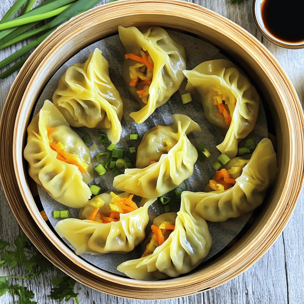 To make vegan steamed dumplings, you need simple ingredients. Here’s what you will use: - 2 cups all-purpose flour - 3/4 cup boiling water - 1 cup finely chopped cabbage - 1 cup grated carrots - 1/2 cup mushrooms, finely chopped - 1/4 cup green onions, chopped - 2 tablespoons soy sauce - 1 tablespoon sesame oil - 1 teaspoon ginger, minced - 1 clove garlic, minced - Salt and pepper to taste These ingredients create a tasty and colorful filling. You will need a few tools for this recipe. Having the right equipment makes cooking easier: - Mixing bowl - Fork for stirring - Rolling pin - Steamer basket or pot with a lid - Parchment paper (optional) - Damp cloth to cover dough These tools help you prepare and cook the dumplings perfectly. Want to take your dumplings to the next level? You can add more flavor! Here are some tasty options: - Chopped spinach or kale - Finely diced bell peppers - Fresh herbs like cilantro or basil - A splash of lime juice These add-ins boost the taste and make your dumplings unique. To start, gather your flour and boiling water. In a mixing bowl, add the flour. Slowly pour in the boiling water while stirring with a fork. Do this until the mixture holds together. Next, knead the dough on a floured surface for about five minutes. The dough should feel smooth. Cover it with a damp cloth and let it rest for thirty minutes. This resting time helps the dough become soft. While the dough rests, it's time to make the filling. In a large bowl, mix together chopped cabbage, grated carrots, finely chopped mushrooms, and green onions. Then, add soy sauce, sesame oil, minced ginger, and minced garlic. Season with salt and pepper to taste. Stir well to blend all the flavors. This filling is packed with nutrients and tastes great! After the dough has rested, divide it into small balls, about the size of a golf ball. Roll each ball on a floured surface into a thin circle, about three to four inches wide. Place a tablespoon of the filling right in the center of each wrapper. Carefully fold the wrapper over the filling and pinch the edges to seal. Make sure there are no gaps. This keeps the filling inside during cooking. Prepare a steamer by lining it with parchment paper or using a steaming basket. Place the dumplings in the steamer, making sure they don't touch. Steam them over boiling water for about fifteen to twenty minutes. You know they are ready when they become translucent and cooked through. Once done, carefully remove them from the steamer. Serve the dumplings hot, and enjoy them with soy sauce or any dipping sauce you like. For the complete guide, you can check out the Full Recipe. To make great dumplings, you need the right dough. Start with all-purpose flour. Slowly mix in hot water. This helps the dough become soft. Knead it well for five minutes. It should feel smooth and elastic. If it’s sticky, add a bit more flour. Let it rest for thirty minutes. This step is key for flexibility. Filling your dumplings can be fun! Use a mix of veggies for great taste. I love using cabbage, carrots, and mushrooms. Make sure to chop everything finely. This helps the filling fit well. Use about one tablespoon of filling per wrapper. Don't overfill, or they will burst during cooking. Pinch the edges tightly to seal them. Try to create a pleated look for a nice touch. Steaming your dumplings correctly makes a big difference. Use a bamboo steamer or any steaming basket. Line it with parchment paper to avoid sticking. Place the dumplings in the steamer with space between them. They need room to expand. Steam them over boiling water for 15 to 20 minutes. You'll know they are done when they look clear and shiny. Enjoy them hot with soy sauce or your favorite dip. For the full recipe, check out the details above. {{image_2}} You can change the filling to make your dumplings unique. Try using spinach, kale, or bell peppers. You can also add some tofu or tempeh for extra protein. Mushrooms add a nice, rich flavor too. Mix and match your favorite veggies to create a filling that is tasty and colorful. If you want a twist on the dough, consider using whole wheat flour. It gives a hearty taste. You can also try using rice flour for a gluten-free option. This will change the texture but keep the dumplings delicious. Just remember to adjust the water amount to get the right dough consistency. Sauces can enhance your dumpling experience. A simple soy sauce mixed with a hint of lime juice is refreshing. Try adding chili oil for some heat. You can also make a peanut sauce for a rich, nutty flavor. Experiment with different sauces to find your favorite combo. Don’t forget to try the Full Recipe for more ideas! Store leftover dumplings in an airtight container. Place a piece of parchment paper between layers to avoid sticking. You can keep them in the fridge for up to three days. When ready to eat, check for any signs of spoilage before reheating. To freeze dumplings, lay them flat on a baking sheet. Make sure they do not touch each other. Freeze until solid, about two hours. After that, transfer them to a freezer-safe bag. Label the bag with the date. They will keep well for up to three months. Reheat dumplings by steaming them until hot, about 5-7 minutes. For frozen dumplings, there is no need to thaw them first. You can also pan-fry them for a crispy bottom. Add a splash of water and cover with a lid to steam them at the same time. Enjoy your warm dumplings with a nice dipping sauce! For the full recipe, check the above section. Yes, you can make these dumplings gluten-free. Use gluten-free flour instead of all-purpose flour. Mix it with boiling water like in the recipe. This will keep the dough soft and pliable. You may need to adjust the water amount a bit. Always check your flour's instructions for the best results. Vegan steamed dumplings can last about three to four days in the fridge. Store them in an airtight container to keep them fresh. If you notice any changes in smell or texture, it’s best to throw them out. Many sauces work great with vegan dumplings. Here are a few options: - Soy sauce - Chili oil - Sesame oil with vinegar - Peanut sauce These sauces add flavor and enhance the overall taste. Experiment with different sauces to find your favorite! Yes, you can use store-bought wrappers. They save time and still taste great. Look for vegan dumpling wrappers at your local grocery store. Make sure to check the ingredients to ensure they are vegan-friendly. This option can make your cooking easier and faster. Vegan steamed dumplings are fun to make and eat. We covered the main ingredients, tools, and add-ins. Then, I shared step-by-step instructions for dough, filling, and steaming. Tips helped you achieve the right dough and filling. You learned about variations, storage, and even some FAQs. Try making these dumplings your way. Use fresh flavors and enjoy with friends. You’ll impress everyone with your tasty creations!