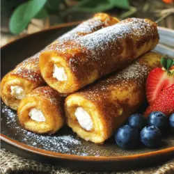 - 8 slices of bread (white or whole grain) - 4 large eggs - 1 cup milk - 1 teaspoon vanilla extract - 1 tablespoon ground cinnamon - 1/4 cup granulated sugar - 1 tablespoon butter (for frying) - 1/4 cup cream cheese, softened - 1/4 cup powdered sugar (for dusting) - Fresh fruit (for serving, optional) For this recipe, I love using either white or whole grain bread. The bread acts as the base, so pick what you enjoy. We need four large eggs to create a rich egg mixture. Milk adds creaminess and helps to soak the bread. Vanilla extract and ground cinnamon bring warmth and flavor. The granulated sugar balances the cinnamon and sweetens the roll-ups. A tablespoon of butter is key for frying and gives a nice crispness. You’ll also need cream cheese for the filling. It makes the roll-ups creamy and delicious. Dusting with powdered sugar adds a sweet touch. Finally, fresh fruit is a great way to serve these roll-ups. You can choose berries, bananas, or whatever you like best. By using these simple ingredients, you create a fun breakfast that everyone will love. Check out the Full Recipe for more details! To start, mix cream cheese and powdered sugar in a bowl. Use a fork to blend until smooth. This will create a sweet and creamy filling. Set this mixture aside for later use in the roll-ups. Next, take your slices of bread. Trim the crusts off each slice for clean edges. Then, use a rolling pin to flatten each piece. This step makes the bread easier to roll. Now, spread about one tablespoon of the cream cheese mixture on one side of each slice. Roll each slice tightly from the filled side. Press the edge lightly to seal it. In another bowl, whisk together eggs, milk, vanilla extract, cinnamon, and granulated sugar. This will be your egg mixture. Heat a tablespoon of butter in a skillet over medium heat. Place the roll-ups seam side down in the skillet. Cook them until they turn golden brown, about three to four minutes per side. Enjoy the delightful aroma as they cook! For the full recipe, make sure to check the details above. - Use fresh bread for best results. Fresh bread rolls better and tastes great. - Avoid overfilling with cream cheese. Too much filling makes rolling hard. - Adjust heat to avoid burning the roll-ups. A medium heat works well for even cooking. - Flip carefully to maintain shape. Use a spatula to keep the roll-ups from breaking. - Dust with powdered sugar for presentation. It adds a nice touch and sweetness. - Serve with syrup or fresh fruit on the side. They complement the flavors perfectly. For the complete recipe, check [Full Recipe]. {{image_2}} You can easily switch up the flavors in your roll-ups. For a fun twist, add chocolate chips or fresh berries to the cream cheese filling. This small change brings a burst of sweetness and makes the dish even more exciting. You might also want to try flavored cream cheese. Options like strawberry or cinnamon-raisin can give your roll-ups a unique flair. Feel free to get creative and find what you love! If you need to make these roll-ups fit your diet, there are easy swaps. For a gluten-free option, use gluten-free bread. This way, everyone can enjoy the fun. If you're looking for a dairy-free choice, almond milk works great instead of regular milk. You can also try egg substitutes like flaxseed or chia seeds if you want a vegan version. These simple changes let you enjoy Cinnamon French Toast Roll-Ups no matter your dietary needs. For the full recipe, check out the earlier section. To keep your Cinnamon French Toast Roll-Ups fresh, store leftovers in an airtight container in the fridge. This helps maintain their taste and texture. They are best consumed within 2-3 days. After that, they may lose their yummy flavor. You can freeze uncooked roll-ups for later cooking. This makes breakfast easy when you're short on time. Just place them in a freezer-safe bag or container. When you're ready to enjoy them, reheat cooked roll-ups in the oven. This keeps them crispy on the outside while warm and soft inside. Enjoy these tasty treats any day of the week! If you're looking for the full recipe, check out the detailed instructions above. It takes 15 minutes to prep and 30 minutes in total. You can whip these up quickly for a fun breakfast. Yes, you can prepare them and store in the fridge. You can also freeze for later use. This makes breakfast easy on busy mornings. You can serve fresh fruits, syrup, or whipped cream. These options add flavor and texture to your meal. Absolutely! Use whole grain bread, cut down on sugar, and add healthy fillings like fruits. This way, you keep the fun while improving nutrition. White or whole-grain bread are great choices. Brioche can also enhance flavor and create a richer taste. You now have a clear guide to making delicious Cinnamon French Toast Roll-Ups. Start with fresh ingredients and follow the simple steps for tasty results. Remember to experiment with flavors and keep the roll-ups from overfilling. These treats can be stored or frozen for later enjoyment. With this recipe, you impress family and friends and make breakfast fun. Enjoy your sweet creations!