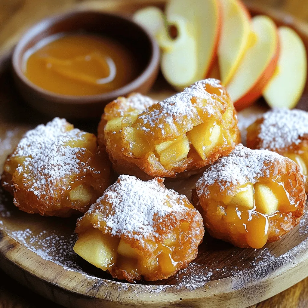 To make apple fritter bites, you need simple ingredients. Here’s the list: - 2 medium apples, peeled, cored, and diced (Granny Smith work well) - 1 cup all-purpose flour - 1/4 cup granulated sugar - 1 teaspoon baking powder - 1/2 teaspoon cinnamon - 1/4 teaspoon nutmeg - 1/2 cup milk - 1 large egg - 1 teaspoon vanilla extract - 1/4 cup brown sugar, packed - Vegetable oil (for frying) - Powdered sugar (for dusting) These ingredients come together to create a warm, sweet treat. The apples give the fritters their delicious flavor. The spices add warmth and depth. Choosing the right apples is key for great flavor. I recommend using Granny Smith apples. They are tart and hold their shape well when cooked. You can also try Honeycrisp or Fuji apples. These are sweet and juicy, adding a nice touch to your fritters. If you have allergies or dietary needs, you can make some easy swaps. For gluten-free fritter bites, use a gluten-free flour blend instead of all-purpose flour. If you are dairy-free, try almond milk or oat milk in place of regular milk. For egg-free options, you can use a flax egg or applesauce. Just mix one tablespoon of ground flaxseed with three tablespoons of water and let it sit for a few minutes. These adjustments keep the joy of apple fritter bites while accommodating different diets. For the full recipe, check out the details above. Enjoy making this easy dessert! To start, gather your ingredients. You need apples, flour, sugar, and spices. In a medium bowl, whisk together the flour, granulated sugar, baking powder, cinnamon, and nutmeg. Make sure they mix well. In another bowl, combine the milk, egg, vanilla extract, and brown sugar. Stir this mix until it is smooth. Pour the wet mix into the dry mix. Stir gently until it just comes together. It is okay if some lumps remain. Next, fold in the diced apples gently. The batter will be thick and chunky, which is perfect! Now, it's time to heat the oil. Use a deep skillet or frying pan. Pour in about 2 inches of vegetable oil. Turn the heat to medium. To check if the oil is ready, drop a bit of batter in. It should sizzle and rise to the top. Using a small cookie scoop or tablespoon, drop rounded spoonfuls into the hot oil. Make sure not to crowd the pan. Fry them for about 2-3 minutes on each side. Look for a nice golden brown color. Once done, use a slotted spoon to take them out. Place them on paper towels to drain excess oil. For crispy fritter bites, make sure your oil is hot enough. If it’s too cool, the fritters absorb more oil and become greasy. Don't overcrowd the pan; it lowers the oil's temperature. Fry in small batches to maintain heat. After frying, place the fritters on paper towels to soak up extra oil. While they are warm, dust them with powdered sugar. You can also drizzle caramel sauce over them for extra sweetness. Enjoy your tasty apple fritter bites! For the detailed recipe, check the Full Recipe section. To keep your fritter bites from being greasy, heat the oil to the right temperature. Aim for 350°F (175°C). If the oil is too cool, the fritters absorb more oil. You can check the heat by dropping a small amount of batter into the oil. If it sizzles and rises, you’re ready to go. Fry in small batches to avoid crowding the pan. This helps them cook evenly and stay crispy. When mixing your ingredients, go easy on the stirring. Combine the dry and wet ingredients gently. Lumps are okay; they help make the fritters light. Overmixing can lead to dense bites. Fold in the apples last, ensuring they are evenly distributed without breaking down. For serving, arrange the fritter bites on a nice plate. Dust them with powdered sugar right before serving. You can add a drizzle of caramel sauce for extra sweetness. Garnish with thin apple slices or a sprinkle of cinnamon for a lovely touch. These small details make your dessert more inviting. You can find the full recipe for Apple Fritter Bites to guide you through each step. {{image_2}} You can make your apple fritter bites even more exciting with spices. Try adding a pinch of ginger for warmth. A little allspice can bring a new depth too. You can also use different types of cinnamon, like Saigon cinnamon, for a bolder taste. If you want sweet and tart, mix in some lemon zest. This brightens the flavor and adds freshness. Instead of just powdered sugar, you have many topping options. A simple glaze made with powdered sugar and milk is easy to whip up. You can also add a splash of vanilla or maple syrup for flavor. For a decadent touch, melt some chocolate and drizzle it over your fritter bites. You can even roll them in crushed nuts for crunch and flavor. You can easily convert this recipe into a vegan delight. Replace the egg with a flax egg. Mix one tablespoon of ground flaxseed with three tablespoons of water. Let it sit for five minutes to thicken. Swap the milk for almond or oat milk. These small changes keep the taste and texture without dairy or eggs. Enjoy delicious apple fritter bites that everyone can savor. Don't forget to check out the Full Recipe for all the details! You can store leftover fritter bites in an airtight container. Make sure they cool down first. Place a paper towel at the bottom to absorb any moisture. This helps keep them fresh. Store them in the fridge for up to three days. If you want to keep them longer, freezing is a great option. To reheat your fritter bites, use the oven for the best results. Preheat your oven to 350°F (175°C). Place the fritter bites on a baking sheet lined with parchment paper. Heat them for about 10 to 15 minutes. This makes them warm and crisp again. You can also use a microwave, but they may get soggy. Freezing fritter bites is simple. Let them cool completely. Place them in a single layer on a baking sheet. Freeze them for about an hour. Once they are firm, you can transfer them to a freezer bag. Remove as much air as possible before sealing. They can stay in the freezer for up to three months. When you’re ready to eat, just reheat them straight from the freezer. Enjoy your tasty treats anytime! For the full recipe, check the section above. Yes, you can use other fruits. Pears or peaches work well, too. Just make sure to chop them small. This keeps the batter balanced and tasty. Keep in mind that different fruits change the taste. Experimenting can lead to delicious surprises. Enjoy the fun of trying new flavors! The best oil for frying is vegetable oil. It has a high smoke point, which is great for frying. You can also use canola oil or peanut oil if you prefer. These oils give a nice crisp to the fritter bites. Avoid using olive oil, as it has a lower smoke point. You can tell fritter bites are done by their color. Look for a rich golden brown on both sides. You can also check the texture; they should feel firm but not hard. If you drop a small piece in the oil, it should sizzle and rise quickly. This means the oil is hot enough and the fritters will fry well. Enjoy your tasty treats! Now you know how to make tasty apple fritter bites. We covered key ingredients, the right apples, and options for allergies. The steps for making the batter and frying were clear. Tips showed you how to keep them crisp and not greasy. We also discussed fun variations and storage methods. Making these bites can be fun and rewarding. Enjoy sharing them with friends or family. Get creative and make them your own!