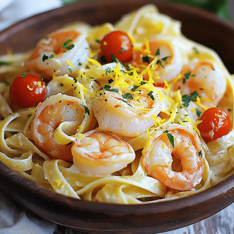 - 8 oz linguine or fettuccine pasta - 1 lb large shrimp, peeled and deveined - 1 lb sea scallops, cleaned - 4 tablespoons unsalted butter - 3 cloves garlic, minced - 1/2 teaspoon red pepper flakes - 1 cup cherry tomatoes, halved - 1 lemon, juiced and zested - 1/2 cup heavy cream - 1/4 cup fresh parsley, chopped - Salt and pepper to taste - Grated Parmesan cheese (for serving) You can swap linguine for spaghetti or penne. If you prefer, you can use scallops only or add crab meat instead of shrimp. This dish works with any type of pasta. You can even try whole wheat or gluten-free options. Fresh shrimp and scallops make a big difference. Look for shrimp that smell like the sea, not fishy. Scallops should be firm and slightly sweet. When picking tomatoes, choose ones that feel heavy and smell sweet. For lemons, look for ones that are bright and firm. Fresh ingredients make every bite better! 1. Bringing water to a boil: Start by filling a large pot with water. Add a generous pinch of salt. Place the pot over high heat and wait for the water to boil. This step is key for flavor. 2. Tips on cooking pasta al dente: Once boiling, add the linguine or fettuccine. Follow the package instructions for cooking time. Stir the pasta occasionally. You want it firm to the bite, not mushy. Check the pasta a minute or two early. This way, you can achieve that perfect al dente texture. 1. Perfecting the garlic and red pepper flakes: In a large skillet, melt 2 tablespoons of butter over medium-high heat. Add minced garlic and red pepper flakes. Sauté for about 1 minute until fragrant. This step builds a strong flavor base. 2. Cooking times for shrimp and scallops: Next, add the shrimp and scallops to the skillet. Season with salt and pepper. Cook for about 3 to 4 minutes. The shrimp should turn pink, and the scallops should be golden brown. Remove the seafood from the skillet and set it aside. 1. Directions for creating a creamy sauce: In the same skillet, add the remaining butter and cherry tomatoes. Sauté for 2 to 3 minutes until the tomatoes soften. Stir in lemon juice, zest, and heavy cream. Let the sauce simmer for 2 to 3 minutes. This will create a rich, creamy base. 2. Adjusting the consistency with pasta water: Add the drained pasta to the skillet, along with the cooked shrimp and scallops. If the sauce seems too thick, gradually add some reserved pasta water. This helps achieve your desired sauce consistency. Toss everything gently to coat the pasta in the creamy sauce. This method ensures you create a delightful and flavorful dish every time. For the full recipe, check out the complete guide! - Ensuring perfectly cooked seafood: Cook shrimp and scallops just until they turn pink and opaque. This takes about 3-4 minutes. Remove them from heat quickly to keep them tender. Overcooking makes seafood tough and chewy. - How to avoid overcooking the pasta: Boil your pasta until it is al dente, which means firm to the bite. This usually takes 8-10 minutes. Always check the package for specific times. Reserve some pasta water before draining. This water helps adjust the sauce later. - Recommendations for spices and herbs: Add fresh herbs like basil or dill for extra flavor. A pinch of smoked paprika can also enhance depth. Experiment with different spices to find your favorite mix. - Adding extra vegetables or proteins: You can include bell peppers, spinach, or zucchini. For added protein, try including crab meat or fish. These options can enrich the dish and make it even more delicious. - Ways to garnish the dish for serving: Use fresh parsley or basil sprinkled on top for color. A squeeze of lemon juice adds brightness. Grated Parmesan cheese is a lovely finishing touch. - Plating suggestions to enhance visual appeal: Serve the pasta on a large, shallow plate. Twirl the pasta into a nest shape for a nice look. Place the shrimp and scallops on top, and drizzle sauce around the edges for a gourmet feel. For more cooking details, check the Full Recipe. {{image_2}} You can change the seafood in the recipe. Try using crab or lobster for a twist. If you want a vegetarian option, use mushrooms or artichokes. For pasta, switch to gluten-free or whole grain varieties. This keeps the dish fun and fresh! You can infuse new flavors into your pasta. Swap the cream sauce for pesto for a herb-filled taste. Marinara sauce can also give a zesty kick. If you love heat, add more red pepper flakes or some sliced jalapeños. This lets you create your own flavor adventure! For those on gluten-free diets, use gluten-free pasta. You can also skip the cream for a dairy-free version. Use coconut cream or almond milk instead. If you’re watching carbs, try using zucchini noodles. This keeps the dish light and healthy while still being delicious! To keep your shrimp and scallop pasta fresh, store it in an airtight container. This helps seal in the flavors. If you plan to eat it later, refrigerate it right away. For best results, eat your leftovers within two days. You can also store the pasta and sauce separately. This helps maintain the texture. Place the seafood in one container and the pasta in another. Keep both in the fridge. To reheat your pasta, use the stove for the best taste. Heat on low and add a splash of water or cream. This keeps it moist. Stir gently until warmed through. You can also use a microwave. Heat in short bursts, stirring in between, to avoid hot spots. For a fresh touch, add a bit of lemon juice or parsley when reheating. This can brighten up the flavors. Yes, you can freeze this dish! Place the cooled pasta in a freezer-safe container. Make sure to leave a little space for expansion. It’s best to consume it within three months. When you’re ready to eat, thaw it overnight in the fridge. Reheat it on the stove as mentioned above. If it seems dry after freezing, add a bit of cream or pasta water while reheating. Enjoy your meal again with the same creamy delight! For the full recipe, check out the Seafood Symphony Pasta recipe above. How can I make this shrimp and scallop pasta spicier? To add heat, use more red pepper flakes. You can also try adding diced jalapeños or a splash of hot sauce. These will give your dish a nice kick while keeping the creamy texture. Can I use frozen shrimp and scallops for this recipe? Yes, you can use frozen shrimp and scallops. Just make sure to thaw them fully before cooking. This helps them cook evenly and keeps the texture nice. What if I don’t have heavy cream? If you don’t have heavy cream, try using half-and-half or whole milk mixed with a bit of butter. Coconut milk is another option for a dairy-free version. Each will give a different taste but will still keep it creamy. How do I know when the seafood is cooked through? Seafood is done when shrimp turn pink and scallops are opaque and slightly firm. For shrimp, this usually takes about 3-4 minutes. Be careful not to overcook, as seafood can become tough. What can I serve alongside shrimp and scallop pasta? A crisp salad pairs nicely with the creamy pasta. Garlic bread or a light vegetable side dish also complements it well. You can even add a glass of white wine for a special touch. Is this recipe suitable for meal prepping? Yes, this recipe is great for meal prep. You can store it in an airtight container in the fridge for up to three days. Just reheat gently on the stove or in the microwave. You may want to add a splash of cream or pasta water to refresh the sauce. For the full recipe, check [Full Recipe]. In this post, we explored a creamy shrimp and scallop pasta recipe. We covered key ingredients, cooking steps, and tips to enhance flavor. Choosing fresh seafood and ripe veggies makes a difference. You can adapt the recipe for different diets or tastes. Remember to store leftovers properly for the best taste. This dish is not just a meal; it’s a chance to impress your family and friends. Happy cooking, and enjoy your delicious creation!