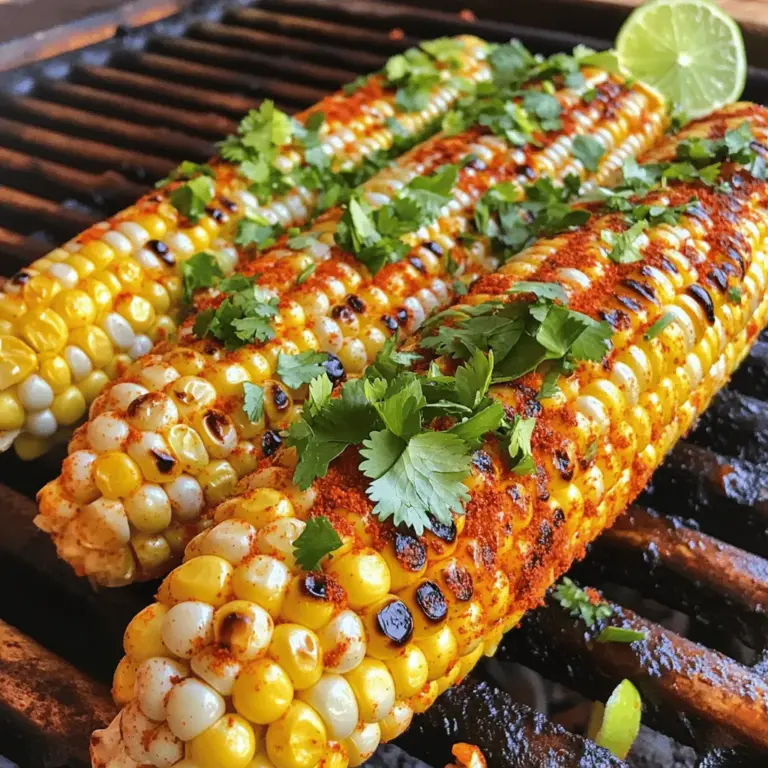 - 4 ears of fresh corn, husked - 1 tablespoon smoked paprika - 2 tablespoons olive oil - 1 teaspoon chili powder - 1 teaspoon garlic powder - ½ teaspoon salt - ½ teaspoon black pepper - Zest and juice of 1 lime - Fresh cilantro leaves, chopped (for garnish) For this smoky corn on the cob, you need fresh corn. Choose ears that feel firm and heavy. The color should be bright and green. Next, gather your essential spices. Smoked paprika adds a deep, rich flavor. Chili powder gives it a nice kick. Garlic powder adds warmth, while salt and pepper enhance the taste. Now, let's talk about additional flavor enhancers. Olive oil helps the spices stick to the corn. It also adds a nice richness. The lime zest and juice brighten the dish. They add a zesty twist that makes it pop. Lastly, think about garnishes for presentation. Fresh cilantro leaves look great and add freshness. They take the dish to the next level. These ingredients make your smoky corn on the cob truly delightful. For the full recipe, check out the complete cooking instructions. 1. Preparing corn for grilling Start with fresh corn. Husk the ears to remove the outer leaves. Make sure to take off all the silk, too. This will help the corn cook evenly and taste great. 2. Making the spice mix In a small bowl, combine smoked paprika, chili powder, garlic powder, salt, and black pepper. This mix adds a smoky flavor that makes the corn special. Stir until all the spices blend well. 3. Applying the olive oil and spice blend Brush each ear of corn with olive oil. This adds moisture and helps the spices stick. After that, sprinkle the spice mix all over the corn. Make sure to coat every side well for the best taste. 1. Wrapping corn in foil Take aluminum foil and wrap each ear of corn tightly. This keeps the steam in while the corn cooks. It also helps to lock in the smoky flavor. 2. Grilling technique for optimal flavor Preheat your grill to medium-high heat. Place the foil-wrapped corn on the grill. Cook for about 15 to 20 minutes. Turn the corn occasionally to ensure it cooks evenly. 3. Checking for doneness After 15 minutes, carefully unwrap one ear of corn. It should be tender and hot. If it needs more time, rewrap it and place it back on the grill for a few more minutes. 1. Unwrapping and serving Once the corn is done, remove it from the grill. Let it sit for a few minutes before unwrapping. This helps to avoid burns from steam. 2. Adding lime and cilantro garnish Drizzle lime juice over the corn for a zesty kick. Then sprinkle lime zest for extra flavor. Finish by adding fresh cilantro leaves. This adds color and freshness to your dish. Enjoy your smoky corn on the cob! Check out the Full Recipe for all the details. To find perfect corn, look for bright green husks. The silk should be golden and moist. The kernels should be plump and tightly packed. Press a kernel; it should burst with juice. If it feels dry, skip that ear. To store fresh corn, keep it in the fridge. Wrap it in a damp paper towel. Place it in a plastic bag to keep it fresh. Use it within a few days for the best taste. Grill corn at medium-high heat, around 400°F. This heat gives the corn a nice char. Cook it for about 15-20 minutes. Turn the corn every few minutes for even cooking. This way, all sides absorb the smoky flavor. For a great smoky taste, use smoked paprika in your spice mix. Wrapping the corn in foil helps trap the smoke. You can also add wood chips to your grill for extra flavor. Try adding cheese for a rich taste. Cotija or feta cheese works well. You can also mix in lime zest for a fresh kick. Consider using chipotle powder for more heat. For spice mix variations, add cumin or onion powder. You can also use fresh herbs like thyme or oregano. These changes can create new flavor profiles for your smoky corn. {{image_2}} You can enjoy smoky corn on the cob in several ways. Smoking corn in a smoker adds a rich flavor. To do this, soak your corn in water for about 30 minutes before placing it on the smoker. Smoke it at 225°F for about an hour. This method enhances the corn's natural sweetness with a deep, smoky taste. If you don't have a smoker, try oven roasting techniques. Preheat your oven to 400°F. Place the corn on a baking sheet and brush it with olive oil. Roast for 25-30 minutes, turning it halfway. This method gives you a nice char and smoky flavor, too. You can change the taste of your corn by adding different spices or herbs. For a kick, try cayenne pepper or smoked sea salt. Fresh herbs like thyme or basil also work well. Experiment with flavors to find what you love. Another fun idea is to use flavored butters or oils. Mix softened butter with garlic, lime juice, or even chipotle for a spicy twist. Drizzle flavored oils over the corn before grilling for extra richness. When serving your smoky corn, think about pairing it with complementary dishes. It goes well with grilled meats like chicken or steak. Serve it alongside a fresh salad for a bright contrast. You can also use smoky corn as an ingredient in salads or tacos. Cut the kernels off the cob and toss them in a zesty salad. For tacos, mix them with black beans, avocado, and a squeeze of lime. This adds color and flavor to any meal. For a full recipe, check out the Smoky Corn on the Cob with a Zesty Twist . To keep your leftover smoky corn fresh, store it in the fridge. First, let the corn cool down. Wrap each ear in plastic wrap or place it in an airtight container. This will help keep the corn moist. It can last up to three days in the fridge. For long-term storage, freezing is a great option. Husk the corn and cut the kernels off the cob. Place the kernels in a freezer-safe bag. Remove as much air as possible to prevent freezer burn. Frozen corn can last up to six months. To safely reheat corn on the cob, use the microwave or grill. If using a microwave, wrap the corn in a damp paper towel. Heat for one to two minutes, checking to see if it's warm. If you prefer grilling, wrap the corn in foil again. Place it on a hot grill for about five minutes. This method helps retain flavor and moisture. For maximum taste, consider adding a touch of olive oil or butter when reheating. A sprinkle of salt can enhance the flavor too. These simple steps keep your smoky corn delicious, even after storage. Grilling corn on the cob takes about 15 to 20 minutes. Preheat your grill to medium-high heat. Once heated, place the corn wrapped in foil directly on the grill. Turn the corn every few minutes. You will know it’s done when it feels tender. The heat cooks the corn evenly and brings out its sweet flavor. Yes, you can use frozen corn. However, it’s best to thaw it first. To thaw frozen corn, place it in the fridge overnight or run it under warm water for a few minutes. After thawing, you should follow the same steps as with fresh corn. Note that frozen corn might need less cooking time. Keep an eye on it while grilling. If you lack smoked paprika, try using regular paprika with a hint of cayenne pepper. This mix gives a nice flavor. You can also use chipotle powder or even cumin for a different taste. For other seasonings, garlic powder and chili powder can add depth. Feel free to get creative with your spices to match your taste! This blog post covered the essentials of grilling corn, from picking fresh cobs to perfecting your spice mix. You learned how to prepare, cook, and add tasty garnishes. We explored various cooking methods and flavor enhancements that can take your corn to the next level. Finally, I shared tips for storing leftovers and reheating them without losing taste. Remember, with fresh corn and the right techniques, you can create a delightful dish that impresses everyone. Enjoy experimenting with your flavors!