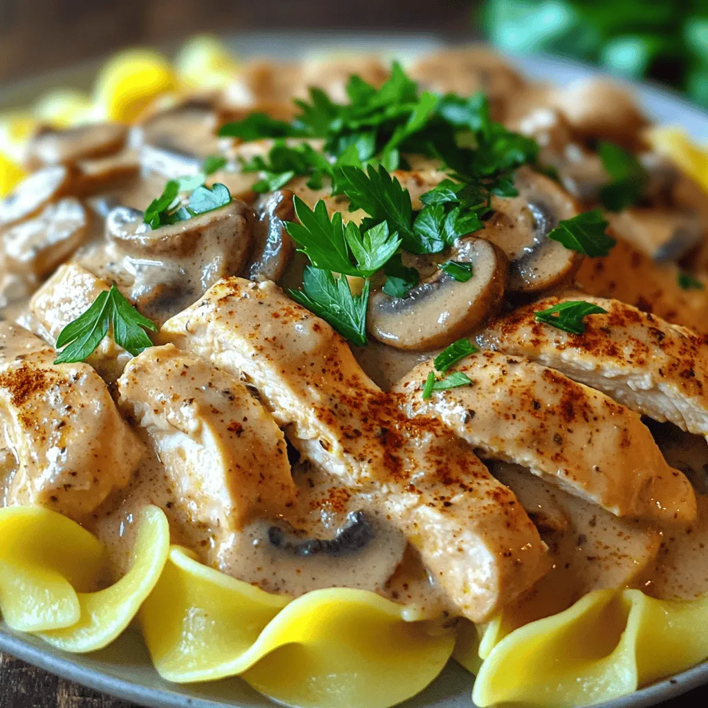 - 1 lb (450g) boneless chicken breast, sliced into strips - 2 tablespoons olive oil - 1 medium onion, finely chopped - 3 cloves garlic, minced - 8 oz (225g) mushrooms, sliced (any variety) - 1 teaspoon smoked paprika - 1 cup chicken broth - 1 cup sour cream - 2 tablespoons all-purpose flour - 2 teaspoons Dijon mustard - Salt and pepper to taste - Fresh parsley, chopped (for garnish) - Cooked egg noodles or rice, for serving - Different types of mushrooms (cremini, shiitake) - Cooking wine or sherry for added flavor - Fresh herbs (thyme, rosemary) I love how each ingredient plays a role in making this dish great. The chicken brings protein and heartiness. Olive oil helps to sauté and add flavor. Onions and garlic create a sweet base that smells amazing while cooking. Mushrooms add depth and earthiness to the dish. Smoked paprika gives a warm, smoky flavor that makes every bite enjoyable. Chicken broth creates a savory sauce, while sour cream adds creaminess and tang. Flour thickens the sauce just right. Dijon mustard gives a kick that brightens the taste. Don’t forget salt and pepper to enhance all the flavors! You can also mix it up with different mushrooms or add cooking wine for a richer flavor. Fresh herbs like thyme or rosemary can give your stroganoff a refreshing twist. Check out the Full Recipe to gather all these ingredients and start cooking! - Sauté Chicken: Heat olive oil in a large skillet over medium heat. Add chicken strips. Cook until they turn golden brown, about 5-7 minutes. - Set Aside: Once cooked, remove the chicken from the skillet. Keep it warm while you prepare the rest. - Sauté Onions: In the same skillet, add your chopped onion. Cook for around 3 minutes until it becomes soft and translucent. - Add Garlic and Mushrooms: Next, toss in the minced garlic and sliced mushrooms. Cook for another 5-7 minutes until the mushrooms are tender and slightly brown. - Add Paprika and Flour: Now, sprinkle the smoked paprika and flour over the mushroom mix. Stir well to combine them. - Pour in Chicken Broth: Slowly add the chicken broth while stirring. This helps avoid lumps. Bring the mix to a gentle simmer and let it thicken for about 3-5 minutes. - Incorporate Sour Cream: Reduce the heat and mix in the sour cream. Stir until everything is well blended. Return the cooked chicken to the skillet and let it warm through for another 3 minutes. Season with salt and pepper to your taste. This creamy chicken stroganoff recipe is a simple and delicious dish. For the full recipe, visit the provided link. Enjoy making it your own! - Use Fresh Ingredients: Prefer fresh mushrooms and herbs for brightness. Fresh ingredients make the dish lively and tasty. - Adjust Thickness: Control the sauce’s thickness by varying the flour amount. More flour will yield a thicker sauce, while less will keep it light. - Browning the Chicken: Ensure proper browning for depth of flavor. Browning locks in flavors and adds a rich color. - Simmering the Sauce: Allow enough time for the flavors to meld. A good simmer helps all the tastes combine well. - Presentation: Serve in a deep dish or individual bowls. Use a deep dish for family-style meals, or bowls for a cozy feel. - Garnishing: Use fresh parsley for added color and flavor. A sprinkle of parsley brightens the look and taste. For more on preparing the dish, check out the Full Recipe. {{image_2}} - Gluten-Free Version: Use cornstarch instead of flour. This simple swap makes the dish safe for those with gluten issues. Just mix cornstarch with water to create a slurry. Add this to the sauce to thicken it up. It works great! - Dairy-Free Option: Substitute coconut cream for sour cream. This keeps the dish creamy without dairy. Coconut cream gives a lovely, rich flavor that pairs well with chicken and spices. Just be sure to stir it in slowly to blend well. - Add Cheese: Incorporate grated Parmesan for a cheesy twist. This adds depth to the flavors. Sprinkle it in right before serving for a melty, savory finish. It takes the dish to a whole new level! - Spicy Kick: Add a dash of cayenne pepper for heat. This will give your stroganoff a fun bite! Start with a small amount and adjust to your taste. The warmth of the pepper balances the creaminess perfectly. For more ideas, check out the Full Recipe! You can mix and match these variations to create your favorite version of homemade chicken stroganoff. - Refrigeration: Store in an airtight container for up to 3 days. - Freezing: Can be frozen for up to 2 months; recommence after thawing. When I make chicken stroganoff, I always want to enjoy it later. After cooling, I place leftovers in a container. Make sure it is sealed tight. This keeps the dish fresh. If I want to save it longer, I freeze it. Just label the container with the date. This way, I don't forget about it. When I want to eat it again, I take it out and let it thaw in the fridge overnight. - Microwave: Heat in short intervals, stirring to retain creaminess. - Skillet: Reheat on low heat to prevent curdling. Reheating is easy. In the microwave, I warm it up slowly. I set it for one minute, then stir. I repeat this until it is hot. This keeps the sauce creamy. If I use a skillet, I heat it on low. This method helps avoid curdling in the sour cream. I stir gently as it warms up. Each bite stays rich and tasty. Enjoying chicken stroganoff is a delight, even when reheated! You can check out the Full Recipe for more details. Yes, you can prepare Homemade Chicken Stroganoff ahead of time. Just cook the dish as usual. Once it cools, store it in the fridge. When ready to serve, just reheat it. This saves time and still tastes great. Homemade Chicken Stroganoff pairs well with several sides. Here are some good options: - Egg noodles - Rice - Mashed potatoes These sides soak up the creamy sauce nicely and make the meal satisfying. Yes, you can freeze Homemade Chicken Stroganoff. Make sure to store it in airtight containers. It lasts well in the freezer for about two months. When you want to enjoy it, simply thaw and reheat. If your sauce is too thin, you can easily fix it. Just add a little more flour or a cornstarch slurry. To make a cornstarch slurry, mix cornstarch with cold water. Stir it into the sauce while it simmers, and watch it thicken! In this blog post, I shared a simple recipe for Homemade Chicken Stroganoff. We covered the essential ingredients, step-by-step cooking instructions, and handy tips to enhance flavor. You learned about variations to suit your diet and how to store leftovers properly. This dish offers warmth and comfort, perfect for any meal. Enjoy making it as much as I do! Your efforts will surely impress anyone at the table. Happy cooking!