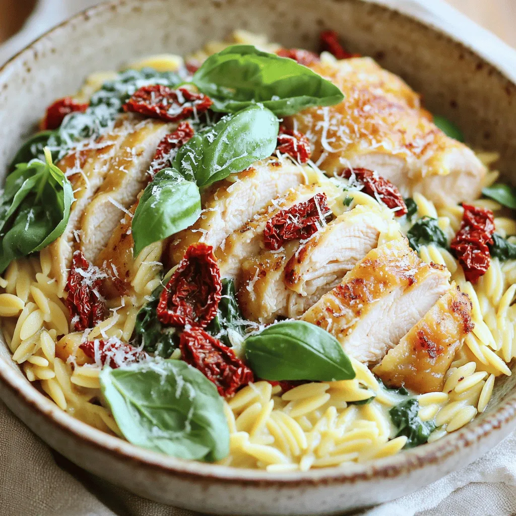 - 1 lb boneless, skinless chicken thighs - 1 cup orzo pasta - 2 cups chicken broth - 1 cup heavy cream - 1 tablespoon olive oil - 3 cloves garlic, minced - 1 cup sun-dried tomatoes, chopped - 1 cup baby spinach, roughly chopped - 1 teaspoon Italian seasoning - Salt and pepper to taste - Grated Parmesan cheese for garnish - Fresh basil leaves for garnish You can swap ingredients based on what you have. For example, use chicken breast instead of thighs. If you lack orzo, any small pasta works well. Try penne or ditalini for a fun twist. You can also use vegetable broth for a lighter flavor. If you want a lighter dish, substitute heavy cream with half-and-half or a dairy-free cream. Just remember that these changes may alter the taste slightly. Each serving has about 550 calories. It includes 30g of protein, 35g of carbs, and 40g of fat. This dish is rich and filling, perfect for a hearty meal. It also packs good vitamins from the spinach and sun-dried tomatoes. Enjoy this creamy Tuscan chicken orzo for a tasty and satisfying dinner. Check the [Full Recipe] for more details on cooking and serving. First, season the chicken thighs. Use salt, pepper, and Italian seasoning for great flavor. Heat olive oil in a large skillet over medium-high heat. Add the chicken thighs and sear them for about 5-7 minutes on each side. You want them golden brown and cooked through. Once done, remove the chicken from the skillet and set it aside. This step locks in the juices and gives the chicken a nice crust. In the same skillet, add three cloves of minced garlic. Sauté for just one minute until it smells great. Next, add one cup of orzo pasta. Stir it for about a minute to coat it in the oil and garlic. Then, pour in two cups of chicken broth. Bring this to a boil, then reduce the heat to a simmer. Cover the skillet and let it cook for about 10-12 minutes. Stir occasionally to keep it from sticking. The orzo should become tender and absorb most of the broth. Once the orzo is cooked, lower the heat. Add one cup of heavy cream to the skillet. Then, toss in one cup of chopped sun-dried tomatoes and one cup of roughly chopped baby spinach. Stir everything together until the spinach wilts and the sauce turns creamy. This mix brings a lot of flavor to the dish. Now, slice the seared chicken thighs and nestle them back into the skillet. Gently stir to combine all ingredients. Let everything heat through for about 2-3 minutes. This is where the magic happens, creating a rich and creamy sauce that coats the orzo perfectly. To achieve a rich sauce for your creamy Tuscan chicken orzo, consider these tips: - Use heavy cream for a thicker sauce. - Substitute half-and-half for a lighter version. - Add a splash of pasta water to adjust thickness. - Incorporate grated Parmesan cheese for added richness. These options help you find the balance that suits your taste. To keep your chicken thighs juicy and flavorful, follow these steps: - Season the chicken well before cooking. - Sear the chicken in a hot skillet for perfect browning. - Avoid overcrowding the pan; cook in batches if needed. - Let the chicken rest after cooking for juiciness. By mastering these techniques, you ensure tender, flavorful chicken in every bite. Pair your creamy Tuscan chicken orzo with these side dishes for a complete meal: - Garlic bread adds a crunchy touch. - A fresh green salad brings a nice contrast. - Steamed vegetables add color and nutrients. These sides enhance your dish and round out the dining experience. For the complete recipe, check the Full Recipe link. {{image_2}} You can make creamy Tuscan chicken orzo fit your diet. For a vegetarian version, swap chicken for mushrooms or chickpeas. Use vegetable broth instead of chicken broth. For a gluten-free option, try rice or gluten-free pasta. These changes still keep the dish tasty and satisfying. You can add herbs and spices for a new twist. Try fresh rosemary or thyme for a fragrant touch. A pinch of red pepper flakes adds heat. If you enjoy a citrus flavor, a splash of lemon juice brightens the dish. These small changes can make a big difference in taste. You can also cook this dish in different ways. For oven-baking, place the orzo in a baking dish after cooking. Add cream and toppings, then bake at 350°F for 20 minutes. For a slow cooker, add all ingredients and cook on low for 6 hours. Each method brings out unique flavors in the dish. You can find the full recipe in the previous sections. To store leftovers, let the creamy Tuscan chicken orzo cool first. Then, transfer it to an airtight container. This helps keep the meal fresh for up to three days in the fridge. Always label the container with the date. This way, you won't lose track of how long it's been stored. When reheating, I recommend using a skillet over medium heat. This method helps keep the orzo creamy. Add a splash of chicken broth or cream to revive the sauce. Stir gently while heating to avoid sticking. Microwaving works too, but be careful. The orzo can dry out if not monitored. To freeze, let the dish cool completely. Place it in a freezer-safe container, leaving space for expansion. You can also divide it into smaller portions for easy meals later. When ready to eat, thaw it overnight in the fridge. Reheat gently on the stove with a bit of broth or cream to restore creaminess. If you cannot find orzo, don't worry! You can use other pasta types. Here are some great options: - Arborio rice: This is great for a creamy texture. - Ditalini: These small tubes work well in soups and sauces. - Farfalle: Also known as bow-tie pasta, it adds a fun shape. - Rice: White or brown rice can be a good base. These alternatives keep the dish tasty and fun! Yes! You can prep this dish for later. Here are some best practices: - Cook the chicken: You can sear it a day ahead and store it in the fridge. - Prepare the orzo: Cook it and store it in a separate container. Mix it later. - Make the creamy sauce: You can prepare the sauce and keep it in the fridge. When you’re ready to eat, heat everything and combine. It saves time on busy days! To keep your orzo firm, follow these tips: - Use enough liquid: Don’t add too much broth. It can make orzo soggy. - Stir gently: When cooking, stir carefully to avoid breaking the pasta. - Check for doneness: Cook until just tender, then remove it from heat. These steps help you achieve perfect texture every time! In this article, we covered how to make a creamy chicken and orzo dish. We explored the key ingredients, their measurements, and possible substitutions. I shared step-by-step instructions, expert tips, and creative variations to suit different tastes. Lastly, we discussed storage methods and answered common questions to help you succeed. Cooking doesn’t have to be hard. With these guidelines, you can create a flavorful meal that fits your needs. Enjoy making this dish your own!