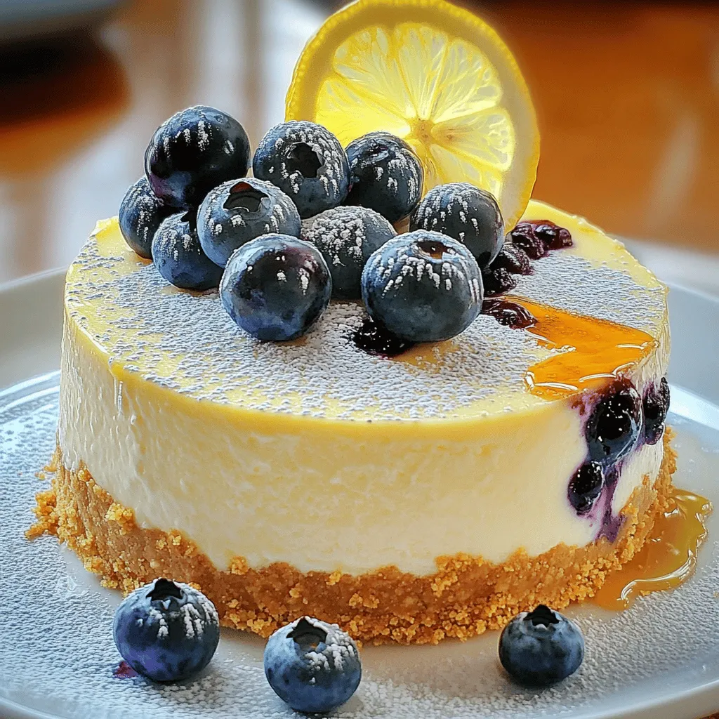 To make this delicious cheesecake, gather these key ingredients: - 1 ½ cups graham cracker crumbs - ½ cup unsalted butter, melted - 1 tablespoon sugar - 16 oz cream cheese, softened - 1 cup sugar - 2 large eggs - 1 teaspoon vanilla extract - 1 cup sour cream - 2 cups fresh blueberries - 2 tablespoons cornstarch - Zest of 1 lemon - 1 tablespoon lemon juice These ingredients work together to create a rich and creamy cheesecake. The blueberries give it a burst of flavor, while the crust adds a nice crunch. To make your cheesecake even prettier, consider adding these decoration items: - Fresh blueberries for topping - Powdered sugar for a dusting - Lemon slices for garnish - Blueberry syrup for drizzling These options help make your cheesecake look festive and inviting. They also add extra flavor. If you need to switch some ingredients, here are some ideas: - Use almond butter or coconut oil instead of unsalted butter. - Replace cream cheese with a dairy-free cream cheese for a vegan option. - Substitute Greek yogurt for sour cream for a tangy twist. - Use honey or maple syrup instead of sugar for natural sweetness. These substitutions can help cater to different diets or tastes. Now you're ready to create a stunning Ravenclaw Blueberry Cheesecake! For the full recipe, check out the provided details. To start, preheat your oven to 325°F (160°C). Grab a mixing bowl and add 1 ½ cups of graham cracker crumbs. Next, pour in ½ cup of melted unsalted butter and 1 tablespoon of sugar. Mix it well until it looks like wet sand. Now, press this crumb mixture firmly into the bottom of a 9-inch springform pan. This is your crust! Bake it for 10 minutes. When done, take it out and let it cool. In a large mixing bowl, beat 16 oz of softened cream cheese until it's smooth. Slowly add 1 cup of sugar while mixing until fluffy. Now, crack in 2 large eggs, adding one at a time. Mix well after each egg. Next, stir in 1 teaspoon of vanilla extract, 1 cup of sour cream, the zest of 1 lemon, and 1 tablespoon of lemon juice. This makes the filling rich and creamy. In a separate bowl, toss 2 cups of fresh blueberries with 2 tablespoons of cornstarch. This helps the blueberries stay in place in the cheesecake. Gently fold the blueberries into your cheesecake batter. Pour the blueberry cheesecake mixture over the cooled crust. Smooth the top with a spatula. Bake it for 55-60 minutes. The center should be set, with the edges lightly golden. It may jiggle a bit in the middle. Once it's baked, turn off the oven and crack the door open. Let the cheesecake cool in the oven for at least an hour. This helps prevent cracking. After it cools to room temperature, put it in the fridge for at least 4 hours, or better yet, overnight. This wait allows the flavors to meld perfectly. Finally, once it's chilled, run a knife around the edges of the pan before removing the sides of the springform. Enjoy your creation! To keep your cheesecake from cracking, follow these steps: - Bake it in a water bath. This helps keep the heat gentle. - Do not overmix the batter. Overmixing adds air, which can cause cracks. - Let it cool slowly. After baking, crack the oven door and let it cool inside. This method helps the cheesecake set evenly and prevents sudden temperature changes. Mix your ingredients carefully for the best results. Here are my key tips: - Soften your cream cheese first. Cold cheese makes lumps in your batter. - Add eggs one at a time. This helps each egg mix in smoothly. - Scrape the bowl often. This ensures all ingredients blend well. These steps guarantee a smooth and creamy cheesecake filling. Creating a beautiful blueberry swirl is easy with these tips: - Toss blueberries with cornstarch before folding them in. This helps keep them from sinking. - Gently fold the blueberries into the batter. This gives a lovely swirl effect. - Use a knife or skewer to create more swirls on top. This adds to the look. These tricks will make your cheesecake not just tasty but also stunning. For the full recipe, check out the details above. {{image_2}} You can switch up the blueberries for other fruits. Try raspberries, strawberries, or blackberries. Each fruit adds a unique taste. If you use strawberries, slice them thinly for a beautiful look. For a berry mix, just combine your favorites. This way, you keep the flavor fresh and fun. To make this cheesecake gluten-free, change the crust. Use gluten-free graham crackers or almond flour for the base. Mix the almond flour with melted butter and sugar. This keeps the crust tasty while making it safe for gluten-free eaters. The filling stays the same, so no worries there! For a vegan twist, swap cream cheese for a plant-based version. Use silken tofu blended smooth. Replace eggs with flax eggs or apple sauce. Use coconut yogurt instead of sour cream for creaminess. Your cheesecake will still taste great, and it will be vegan-friendly. You can enjoy this dessert with friends who have different diets! You can find the full recipe with more details to guide you through these options. To keep your leftover Ravenclaw blueberry cheesecake fresh, store it in the fridge. Place it in an airtight container or wrap it tightly with plastic wrap. This will help keep the flavors strong and prevent it from drying out. Your cheesecake can last up to five days in the fridge. Make sure to cut it into slices for easy access! If you want to save your cheesecake for later, freezing is a great option. First, let the cheesecake cool completely. Then, wrap it tightly in plastic wrap and place it in a freezer-safe container. You can also use aluminum foil for extra protection. When stored correctly, it can last up to three months in the freezer. Just remember to label the container with the date! To thaw your cheesecake, take it out of the freezer and move it to the fridge. Let it thaw slowly for about 8 hours or overnight. This keeps the texture smooth. If you’re in a hurry, you can leave it out at room temperature for about 1-2 hours. Avoid using a microwave, as it can change the texture. Enjoy your delicious cheesecake after it is fully thawed! You can add more zest. Try using orange zest for a bright twist. You could also mix in different extracts like almond or lemon. A splash of blueberry syrup can enhance the berry taste too. Add herbs like mint for a fresh touch. If the cheesecake cracks, don’t worry! It happens. To fix this, you can cover it with toppings like whipped cream or fruit. Next time, try baking at a lower temperature. Remember to cool it slowly in the oven to avoid sudden temperature changes. Yes, you can use frozen blueberries! Just thaw and drain them first. Toss them in cornstarch before adding to the batter. This helps prevent excess moisture in your cheesecake. The flavor will still be delicious! The cheesecake needs to chill for at least 4 hours. For best results, let it sit overnight. This time allows the flavors to blend well. A longer chill will give you a firmer slice when served. You can top the cheesecake with fresh blueberries and powdered sugar. Use a blue glaze or blueberry syrup for a fun effect. Add edible glitter for some sparkle. For a creative touch, small fondant owls or blue and bronze sprinkles make great decorations. Check the Full Recipe for more ideas! This post covered how to make a delicious Ravenclaw Blueberry Cheesecake. You learned about key ingredients and tips for success. I shared ways to avoid cracks and enhance flavor. Variations like vegan and gluten-free options make this dessert more fun. Plus, I provided storage advice for your leftovers. Enjoy baking this unique cheesecake. It’s simple and perfect for any occasion!