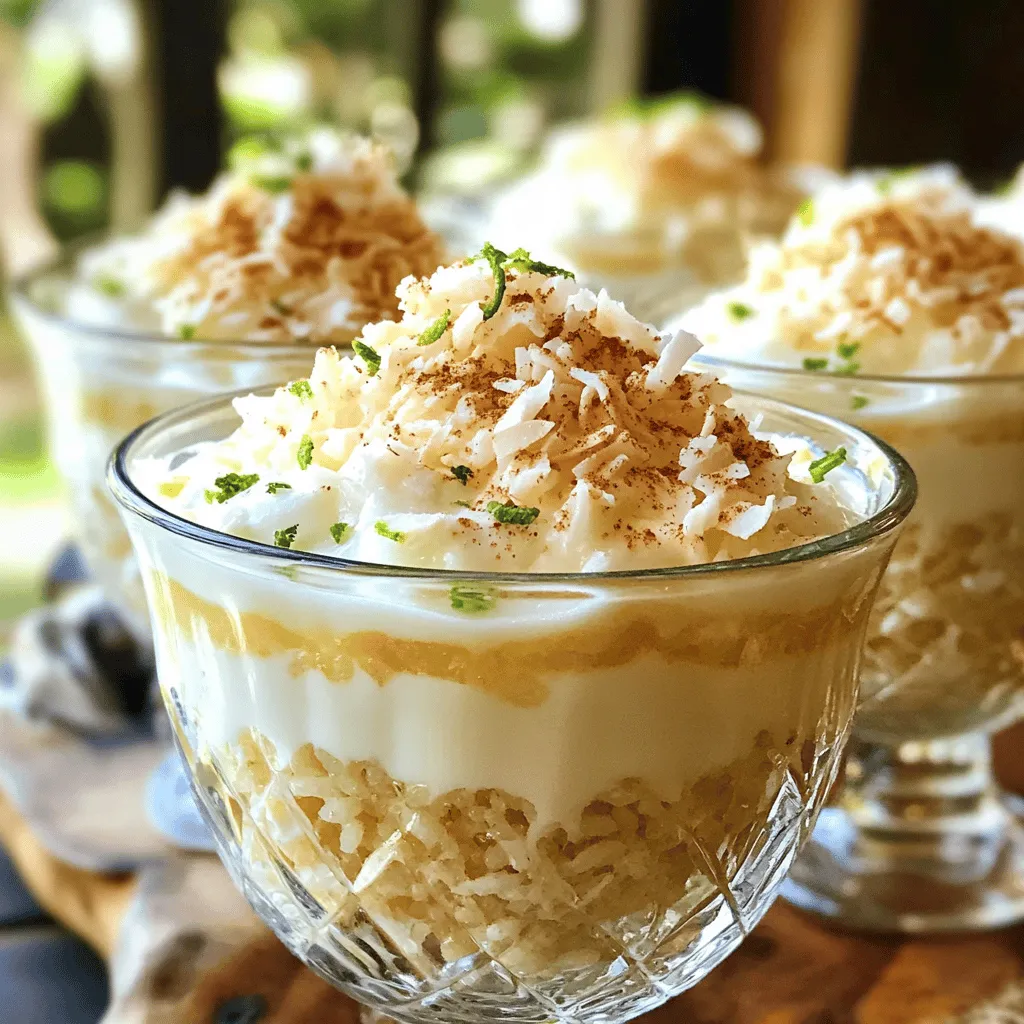 To make Coconut Tres Leches Rice Pudding, you need a few key ingredients. Here’s what you will use: - 1 cup Arborio rice (or short-grain rice) - 2 cups coconut milk - 1 cup whole milk - 1 cup sweetened condensed milk - 1/2 cup granulated sugar - 1 teaspoon vanilla extract - 1/4 teaspoon salt - 1/2 teaspoon ground cinnamon - Zest of 1 lime - Toasted coconut flakes for garnish These ingredients work together to create a creamy, rich pudding. The combination of coconut milk and sweetened condensed milk gives it a unique flavor. The rice adds a lovely texture, making each bite enjoyable. You can elevate your Coconut Tres Leches Rice Pudding with some fun garnishes. I often use: - Fresh lime slices - Extra toasted coconut flakes - A sprinkle of ground cinnamon - Chopped nuts like pistachios or almonds These toppings not only add flavor but also make your dessert look great. Try to mix and match to find your favorite combination. If you have dietary needs, you can adjust the recipe. Here are some ideas: - Use almond milk or oat milk instead of whole milk for a dairy-free option. - For a vegan version, replace sweetened condensed milk with coconut cream or a vegan alternative. - If you need a low-sugar option, use a sugar substitute like stevia. These substitutions will allow you to enjoy this dessert while meeting your dietary preferences. Don't hesitate to experiment with these options to make the pudding your own. Start by rinsing 1 cup of Arborio rice. Run cold water over it until it is clear. This helps to wash away extra starch. Drain the rice well in a colander. This step is key to a creamy pudding. In a medium saucepan, mix the rinsed rice with: - 2 cups coconut milk - 1 cup whole milk - 1/4 teaspoon salt Bring this mix to a gentle simmer over medium heat. Stir it occasionally to avoid sticking. When it starts to simmer, lower the heat. Cover the pot and cook for 20 to 25 minutes. Stir now and then until the rice is soft and has absorbed most of the liquid. Next, stir in: - 1 cup sweetened condensed milk - 1/2 cup granulated sugar - 1 teaspoon vanilla extract - 1/2 teaspoon ground cinnamon - Zest of 1 lime Mix it well. Cook for another 5 minutes on low heat. This will help the pudding thicken and develop rich flavors. Remove the pot from heat. Let it cool slightly before serving. You can transfer the pudding to individual cups or a large bowl. Refrigerate it for at least 2 hours. This chilling time helps the flavors blend perfectly. When you are ready to serve, add toasted coconut flakes on top for a crunchy touch. You can also add a lime slice or a sprinkle of cinnamon for extra flair. For the full recipe, check out the earlier section. Enjoy your delightful dessert! To get that creamy texture, use Arborio rice. This rice has more starch, which helps create a thick and smooth pudding. Rinse the rice well before cooking. This step removes excess starch, which can make your pudding too gummy. When you cook the rice in coconut milk and whole milk, keep the heat low. Stir often to prevent sticking. The goal is to let the rice absorb the milk slowly. One common mistake is not rinsing the rice. This can lead to a clumpy pudding. Another mistake is cooking at too high a heat. This can burn the rice or make it tough. Also, don’t rush the cooling process. Letting the pudding chill in the fridge helps the flavors blend. If you serve it too soon, it may taste flat. You can give your pudding a fun twist with extra flavors. Try adding lime zest for a citrus kick. Toasted coconut flakes add a nice crunch and depth. A splash of rum or a hint of nutmeg can bring warmth to each bite. You can also mix in some fresh fruit like mango or pineapple for a tropical vibe. These additions will not only taste great but also make your dessert look stunning. For the full recipe and more tips, check out the [Full Recipe]. {{image_2}} To make a vegan version, swap out the dairy. Use only coconut milk. Replace sweetened condensed milk with coconut cream. This keeps the rich flavor but makes it plant-based. The texture remains creamy and smooth. You still get that wonderful coconut taste. Add tropical fruits for more flavor. Pineapple, mango, or banana work well. Chop the fruit into small pieces. Stir them into the pudding after cooking. You can also top each serving with fresh fruit. This adds color and sweetness. It makes the dessert feel like a little tropical getaway. For a festive twist, add warm spices. Cinnamon, nutmeg, or cardamom can enhance the flavor. You can mix in a pinch of each spice while cooking. This will bring warmth and comfort to your dish. It’s perfect for holiday meals or cozy gatherings. You can even sprinkle some spices on top before serving. For the complete recipe, check out the Full Recipe section above. To keep your Coconut Tres Leches Rice Pudding fresh, store it in airtight containers. This will help keep moisture in and prevent any unwanted odors from your fridge. Make sure the pudding is completely cool before sealing it. If you have leftovers, try to use them within three days for the best taste. You can freeze this pudding if you want to save some for later. First, let it cool completely. Then, scoop it into freezer-safe containers. Make sure to leave some space at the top, as it may expand when frozen. The pudding will stay fresh in the freezer for about two months. When you're ready to eat, thaw it in the fridge overnight. In the fridge, your Coconut Tres Leches Rice Pudding will last about three to four days. After this time, the texture may change. The flavors will still be good, but it might not be as creamy. If you notice any strange smells or changes in color, it's best to toss it. Enjoy your dessert fresh for the best experience! For the full recipe, check out the earlier section. Coconut Tres Leches Rice Pudding is a creamy dessert. It blends rice pudding with three types of milk. You get coconut milk, whole milk, and sweetened condensed milk. This mix makes it rich and sweet. The pudding has a smooth texture and a delightful coconut flavor. You can serve it chilled and topped with toasted coconut flakes for a lovely finish. Yes, you can use different types of rice! Arborio rice is best for its creaminess. However, you can try short-grain rice if you prefer. Long-grain rice can work too, but it may not be as creamy. Just remember to adjust the cooking time. To make it richer in flavor, add more coconut milk. You can also include a bit of extra sweetened condensed milk. A pinch of salt enhances sweetness too. Try adding spices like cardamom or nutmeg for depth. If you love citrus, a touch more lime zest brightens the taste. Yes, this recipe is gluten-free! All of the ingredients, like rice and milk, do not contain gluten. It’s a great dessert for those with gluten sensitivities. Always check your ingredient labels to be safe. You can serve the pudding with fresh fruit. Mango, berries, or pineapple add a nice touch. A dollop of whipped cream can also enhance the dessert. For an extra crunch, consider serving with cookies or biscotti on the side. Enjoy your Coconut Tres Leches Rice Pudding with these tasty pairings! If you're ready to make this delicious dessert, check out the Full Recipe for all the details. Coconut Tres Leches Rice Pudding is a delightful treat made with simple ingredients. We explored how to prepare it, from cooking the rice to serving suggestions. You learned tips for perfect texture, common mistakes to avoid, and variations to try, like vegan options and tropical fruits. Store leftovers wisely and enjoy them later. This dish is fun to make and easy to customize. With these steps, you'll impress anyone who tastes it. Enjoy making this sweet dish and sharing it with others!