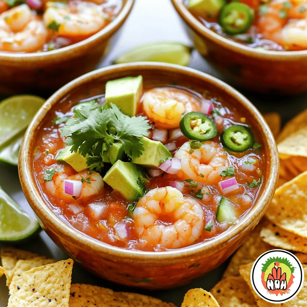 To create this refreshing dish, you need a few key ingredients. Here’s what you will need: - 1 pound cooked shrimp, peeled and deveined - 1 cup tomato juice - 1/2 cup fresh lime juice (about 4 limes) - 1 avocado, diced - 1 medium cucumber, diced - 1/2 red onion, finely chopped - 1 jalapeño, deseeded and minced - 1/4 cup cilantro, chopped - Salt and black pepper to taste - Tortilla chips for serving These ingredients blend together to give a fresh and zesty flavor. The shrimp adds a nice texture, while the lime juice brightens the dish. You can customize this cocktail to suit your taste. Here are some optional ingredients to try: - Diced mango for a sweet touch - Chopped bell peppers for extra crunch - A dash of hot sauce for heat - Fresh corn for a sweet bite Feel free to mix and match! You can create a version that is just right for you. When serving your shrimp cocktail, consider these accompaniments: - Fresh lime wedges for extra zing - Extra cilantro for a pop of color - Sliced radishes for crunch - Avocado toast or corn tortillas on the side These sides enhance the meal and add more flavor. Enjoy your refreshing Mexican shrimp cocktail! For the full recipe, click here. First, gather all your ingredients. You will need: - 1 pound cooked shrimp, peeled and deveined - 1 cup tomato juice - 1/2 cup fresh lime juice (about 4 limes) - 1 avocado, diced - 1 medium cucumber, diced - 1/2 red onion, finely chopped - 1 jalapeño, deseeded and minced - 1/4 cup cilantro, chopped - Salt and black pepper to taste - Tortilla chips for serving Wash the avocado, cucumber, and jalapeño. Cut the avocado and cucumber into small pieces. Chop the red onion finely. Remove the seeds from the jalapeño and mince it. Lastly, chop the cilantro. In a large mixing bowl, combine the tomato juice and lime juice. Stir well to blend the juices. Next, add the diced avocado, cucumber, and red onion to the bowl. Then, add the minced jalapeño and chopped cilantro. Gently fold in the cooked shrimp. Be careful not to break the shrimp. Now, season the mixture with salt and black pepper to taste. Make sure to mix everything well. This ensures every bite is full of flavor. Cover the bowl with plastic wrap. Place it in the fridge for at least 30 minutes. Chilling lets the flavors meld together. Once chilled, give the cocktail a gentle stir before serving. Serve the shrimp cocktail in individual bowls. For a nice touch, garnish each bowl with a sprig of cilantro and a lime wedge. Arrange tortilla chips around the bowl for an appealing display. Enjoy this refreshing summer delight! For the full recipe, check out the previous section. To make your shrimp cocktail shine, start with the best shrimp. I suggest using wild-caught shrimp. They taste fresher and have a firmer texture. Look for shrimp that are pink and smell clean. Avoid shrimp that look gray or have strong odors. If you can, buy shrimp that are already cooked. This saves you time and effort. For this recipe, one pound is perfect for four servings. To boost the taste of your shrimp cocktail, use fresh ingredients. Fresh lime juice is key. It adds a bright kick that pairs well with shrimp. Don't skip the jalapeño; it brings a nice heat. If you want more depth, try adding garlic or even a splash of hot sauce. Fresh cilantro adds a fragrant touch that makes everything pop. Mix and taste as you go. This way, you find the perfect balance. Serving your shrimp cocktail well makes it even more enjoyable. Use clear bowls to show off the colorful layers. Garnish each bowl with a sprig of cilantro and a lime wedge. This adds a fresh look. Arrange tortilla chips around the bowl to create a fun display. Not only does it look good, but it also makes for easy dipping. You can find the Full Recipe to make this delightful dish right here! {{image_2}} You can spice up your Mexican shrimp cocktail by adding more jalapeño. This gives your dish a nice kick. Use one or two extra jalapeños, depending on your heat level. Mince them finely to blend well. The added heat pairs great with the cool shrimp and fresh veggies. For a fun twist, try adding mango or pineapple. Both fruits bring a sweet and juicy flavor. Dice about one cup of either fruit and fold it into your cocktail. The sweetness balances the tangy lime juice. This makes a perfect summer treat. If you're looking for a vegan or vegetarian option, skip the shrimp. You can replace it with diced tofu or chickpeas. Both add protein and texture. Mix in your favorite veggies like bell peppers and corn. With the right spices, this version will still be delicious. You can find the full recipe for refreshing Mexican shrimp cocktail [here](#). To store leftovers, place the shrimp cocktail in an airtight container. Make sure to cover it tightly. This keeps it fresh and tasty. You can store it in the fridge for up to two days. If you notice any off smell or color, it’s best to toss it. Remember, freshness equals flavor! If you want to freeze the shrimp cocktail, keep in mind that shrimp can lose texture. I recommend freezing only the shrimp and not the entire mixture. Place cooked shrimp in a freezer-safe bag. Remove as much air as possible before sealing. You can freeze them for up to three months. When you're ready to use them, place the bag in the fridge overnight to thaw. When reheating, keep it simple. I suggest reheating shrimp gently on the stove. Heat them on low until warm. You can also add a splash of tomato juice to keep them moist. Avoid using the microwave, as it can make shrimp rubbery. Serve the reheated shrimp cold again or with a fresh batch of cocktail sauce. Enjoy the flavors just like when you first made it! For this recipe, you want to use fresh, cooked shrimp. Look for shrimp that are large and firm. A good choice is extra-large or jumbo shrimp. They hold up well in the cocktail. If you can, buy shrimp that are wild-caught. They tend to have better taste and texture. Always check if they are peeled and deveined to save time. Yes, you can make the shrimp cocktail ahead of time. Prepare the dish and chill it for at least 30 minutes. This allows the flavors to mix well. However, do not add the avocado until just before serving. This keeps it fresh and prevents browning. You can store the shrimp cocktail in the fridge for up to 24 hours. Serve it cold for the best taste. Mexican shrimp cocktail pairs well with tortilla chips for a crunchy contrast. You can also serve it with fresh lime wedges for extra zing. Consider adding sides like avocado salad or mango salsa. These add more color and flavor to your meal. For drinks, a refreshing limeade or cold beer works great. Check out the Full Recipe for more serving ideas! Mexican shrimp cocktail is a crowd-pleaser. We covered key ingredients, from shrimp to flavors. Customizing it with your favorite add-ins keeps it fresh. Following the step-by-step guide ensures perfect results every time. Remember, presentation matters too. A colorful dish entices everyone. Whether you go spicy or fruity, make it yours. Proper storage keeps leftovers tasty. Enjoy making this dish again and again!