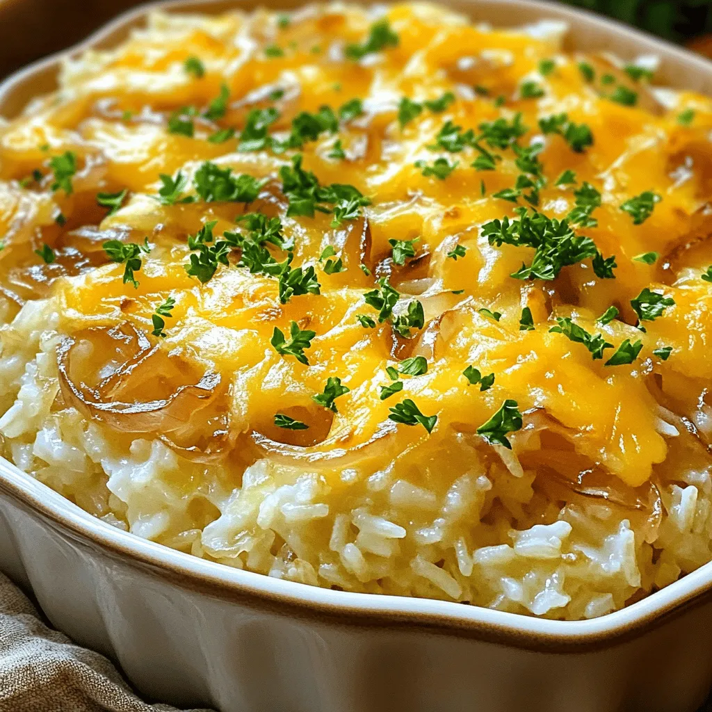 To create Savory French Onion Rice, gather these ingredients: - 1 cup long-grain white rice - 2 medium onions, thinly sliced - 3 cups vegetable broth - 2 tablespoons unsalted butter - 1 tablespoon olive oil - 1 teaspoon sugar - 1 teaspoon dried thyme - Salt and pepper to taste - 1 cup shredded Gruyère cheese - Fresh parsley, chopped (for garnish) You can swap some ingredients if needed. For the rice, you can use jasmine or basmati rice. If you prefer a different cheese, try mozzarella or cheddar. You can use chicken broth in place of vegetable broth for extra flavor. For a vegan option, replace the butter with coconut oil and skip the cheese or use a plant-based cheese. Each serving of Savory French Onion Rice has: - Calories: 350 - Protein: 10 grams - Carbohydrates: 45 grams - Fat: 15 grams - Fiber: 2 grams This dish offers a tasty balance of flavors while keeping it wholesome. You get a good dose of carbs and protein, which helps keep you full. Enjoy this dish as a side or a main course. It’s rich, creamy, and satisfying! For the full recipe, check the detailed steps above. Start by gathering all your ingredients. You will need: - 1 cup long-grain white rice - 2 medium onions, thinly sliced - 3 cups vegetable broth - 2 tablespoons unsalted butter - 1 tablespoon olive oil - 1 teaspoon sugar - 1 teaspoon dried thyme - Salt and pepper to taste - 1 cup shredded Gruyère cheese - Fresh parsley, chopped for garnish Make sure your skillet is large enough to hold everything. I recommend a 12-inch skillet for this dish. 1. Heat the olive oil and butter in the skillet over medium heat. 2. Add the sliced onions and sprinkle the sugar on top. This helps them caramelize. 3. Sauté for 15 to 20 minutes. Stir often to prevent burning. The onions should turn golden brown and soft. 4. Once caramelized, stir in the dried thyme, salt, and pepper. Cook for another minute or two. 5. Add the rice, stirring well to coat it with the onion mix. 6. Pour in the vegetable broth. Bring it to a boil. 7. Once boiling, reduce the heat to low. Cover the skillet and let it simmer for 15 to 20 minutes. The rice should absorb all the liquid. 8. Remove the skillet from the heat. Use a fork to fluff the rice gently. 9. Stir in the shredded Gruyère cheese until it melts and mixes well. After fluffing the rice, it’s time to serve! Dish out the rice onto plates. Garnish with fresh parsley for a pop of color. This dish is great on its own or as a side. You can pair it with roasted vegetables or grilled chicken for a full meal. For the complete recipe, check out the Full Recipe. Enjoy your meal! To make sweet, caramelized onions, start with medium-low heat. This allows the sugars to develop slowly. Use thinly sliced onions, as they cook more evenly. Stir them often to prevent burning. Adding a pinch of sugar helps speed up the caramelization. It enhances the natural sweetness of the onions. Patience is key; this process takes about 15-20 minutes. For creamy rice, use enough broth. The broth adds flavor while cooking the rice. When you add the rice to the skillet, make sure to coat each grain in the onion mixture. This helps the rice absorb the flavors well. After cooking, let the rice rest for a few minutes. This allows steam to finish the cooking process. Stir in cheese while the rice is still hot for a rich, creamy finish. Using the right tools can make cooking easier. A large skillet is great for caramelizing onions. A wooden spoon helps stir without scratching your pan. A sharp knife makes slicing onions quick and safe. Use a measuring cup for precise amounts of rice and broth. Finally, a fork is perfect for fluffing the rice before serving. These tools make the cooking process smooth and enjoyable. For the full recipe, check out the complete instructions above. {{image_2}} You can easily make this dish vegetarian or vegan. For a vegetarian option, just keep the butter. Use vegetable broth for the base. To make it vegan, swap the butter for more olive oil or a vegan butter. This keeps the dish rich and tasty without dairy. Gruyère cheese brings a nice, nutty flavor to the rice. However, you can switch it up! Use sharp cheddar for a stronger taste. Feta adds a salty kick and pairs well with the sweet onions. Vegan cheese is another choice if you want a plant-based option. Each cheese gives its own twist to the dish. You can boost the flavor with extra ingredients. Try adding garlic for more depth. Mushrooms can bring in an earthy tone. Fresh herbs like thyme or rosemary add brightness. A splash of balsamic vinegar brings acidity, balancing the sweetness of the onions. These additions make your Savory French Onion Rice even more exciting. For the full recipe, check out the complete guide! To keep your Savory French Onion Rice fresh, let it cool first. Place the rice in an airtight container. This helps maintain its flavor and moisture. Store it in the fridge for up to four days. Make sure to label the container with the date. This way, you know when to eat it. When you're ready to enjoy your leftovers, reheat them on the stove. Add a splash of vegetable broth or water to keep the rice moist. Heat over low to medium heat, stirring often. This helps the rice warm evenly. You can also use a microwave. Just cover the dish with a damp paper towel. This traps steam and keeps the rice from drying out. Yes, you can freeze Savory French Onion Rice! First, let it cool completely. Then, scoop it into freezer-safe bags or containers. Press out as much air as you can before sealing. Label the bags with the date. You can freeze it for up to three months. When you’re ready to eat, thaw it in the fridge overnight. Then, reheat it as explained above. This keeps your meal tasty and ready whenever you want it! It takes about 35 minutes to make Savory French Onion Rice. This includes 10 minutes of prep time and 25 minutes for cooking. You can quickly create this dish, making it perfect for a weeknight meal. Yes, you can use brown rice instead of white rice. However, keep in mind that brown rice takes longer to cook. You will need to increase the cooking time to about 40-45 minutes. Make sure to add extra broth to keep it moist. Savory French Onion Rice pairs well with many dishes. Here are some great options: - Grilled chicken or steak - Roasted vegetables - A simple green salad - A side of garlic bread These sides will balance the flavors and create a satisfying meal. For the full recipe, check out the detailed instructions earlier. This article covered how to make Savory French Onion Rice. We discussed key ingredients, cooking steps, and handy tips to perfect your dish. You learned about variations, storage methods, and common questions. In the end, this rice dish is easy and tasty. With simple changes, you can suit your taste. Enjoy making this recipe and impressing your friends and family!