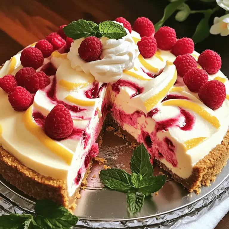 - Graham cracker crumbs (1 ½ cups) - Unsalted butter (½ cup, melted) - Cream cheese (2 cups, softened) - Granulated sugar (1 cup) - Large eggs (3) - Vanilla extract (1 teaspoon) - Lemon zest (1 tablespoon) - Fresh lemon juice (½ cup) - Raspberries (1 cup, plus extra for garnish) - Heavy whipping cream (1 cup) - Powdered sugar (2 tablespoons) - Optional garnish: Mint leaves Gathering the right ingredients is key for a great Lemon Raspberry Cream Cheesecake. Each element plays a special role in flavor and texture. First, I love using graham cracker crumbs for the crust. They add a sweet crunch that pairs so well with the creamy filling. The butter helps bind the crumbs together. Next, cream cheese is the star of the show. It gives the cheesecake its rich, creamy texture. Make sure it’s softened for easy mixing. Granulated sugar sweetens the filling, while eggs help set the cheesecake. Don’t forget the vanilla extract for a hint of warmth. Lemon zest and fresh lemon juice bring bright, tangy flavors. The raspberries add a burst of sweetness and color. For the topping, I use heavy whipping cream whipped with powdered sugar. It makes a light, fluffy layer that complements the cheesecake perfectly. Finally, if you want to add a pop of color, mint leaves make a lovely garnish. This whole mix creates a delightful treat that everyone will love. For the complete recipe, check out the Full Recipe section. - Preheat oven to 325°F (160°C). - In a bowl, mix graham cracker crumbs and melted butter. Press mixture into a 9-inch springform pan. Bake for 10 minutes and let cool. - In a large bowl, beat cream cheese and sugar until smooth. - Add eggs one at a time, mixing well after each. Stir in vanilla, lemon zest, and lemon juice. - Gently fold in raspberries, being careful not to break them. - Pour the filling over the cooled crust. Bake for 45-50 minutes. The center should be set but still slightly jiggly. - Turn off the oven, crack the door, and let cheesecake cool for 1 hour. After that, cool to room temperature. Refrigerate for at least 4 hours or overnight. For the full recipe, check the detailed instructions above. Enjoy making this delightful treat! To avoid cracks on your cheesecake, follow these tips: - Bake at low heat: Set your oven to 325°F (160°C) for a gentle bake. - Use a water bath: Place your springform pan in a larger pan filled with water. This keeps moisture in. - Don’t open the oven: Keep the door closed until the baking time is over. For the right texture, keep these tips in mind: - Soften cream cheese: Let it sit at room temperature for at least 30 minutes. - Mix slowly: Blend the ingredients gently. This adds air but prevents too much. - Check doneness: The center should be slightly jiggly. It will firm up as it cools. Garnishing adds a nice touch to your cheesecake. Here are some ideas: - Whipped cream: Spread a layer on top for richness. - Fresh raspberries: Scatter them on top for color and flavor. - Mint leaves: Add a few for a fresh look. Pairing drinks can enhance your dessert experience: - Tea: A cup of herbal tea goes well with the tartness. - Sparkling water: The bubbles refresh the palate. - Dessert wine: A sweet wine can complement the flavors. Avoid these common pitfalls: - Overmixing the batter: This can add too much air, making it crack. Mix just until smooth. - Using frozen raspberries: Fresh raspberries hold their shape better. If you use frozen, they may turn mushy. - Not cooling properly: Allow the cheesecake to cool in the oven. This helps prevent cracks. Following these tips will help you create the perfect Lemon Raspberry Cream Cheesecake. For the complete recipe, check the Full Recipe section. {{image_2}} You can change the flavor of your Lemon Raspberry Cream Cheesecake easily. Try adding different fruit purees. For example, a mango or strawberry puree adds a sweet twist. Swirl the puree into the cream cheese mixture for a fun look and taste. You can also mix in other citrus flavors. Lime or orange zest gives a unique zing. Each addition makes your cheesecake special. If you need gluten-free options, use gluten-free graham cracker crumbs for the crust. This small change keeps the taste while meeting dietary needs. Vegan cheesecake variations are another great option. Replace cream cheese with cashew cream or tofu. Use coconut cream for a rich, creamy texture. These swaps ensure everyone can enjoy this cheesecake. Using seasonal fruits can make this dessert even better. Fresh peaches in summer or apples in fall add a unique touch. You can also create holiday-themed cheesecakes. Add spices like cinnamon for a festive flavor in winter. Top with seasonal fruits for a beautiful presentation. Each season brings new ideas to make your cheesecake shine. To store leftover cheesecake, wrap it tightly in plastic wrap. This keeps it fresh and prevents odors from other foods. Place it in the fridge right away. Lemon raspberry cream cheesecake stays fresh for about 5 days in the fridge. After that, the texture and taste may change. If you want to keep cheesecake longer, freezing is a great option. First, let the cheesecake cool completely. Then, wrap it tightly in plastic wrap. After that, place it in a freezer-safe bag or container. It can last for up to 3 months in the freezer. When you want to eat it, take it out and thaw it in the fridge overnight. This keeps the flavor and texture better than thawing at room temperature. After storing, you might notice a change in flavor or texture. To refresh it, consider making fresh whipped cream. Spread it on top before serving. You can also add extra raspberries for a pop of color and flavor. This makes it look and taste fresh again. Enjoy your delicious cheesecake! For the full recipe, check the section above. How do I know when the cheesecake is done? You can tell the cheesecake is done when the edges are set, and the center is slightly jiggly. It will firm up as it cools. I recommend using a toothpick to check. Insert it into the center. If it comes out clean or with a few crumbs, it’s ready! Can I use frozen raspberries instead of fresh? Yes, you can use frozen raspberries. Just make sure to thaw and drain them first. This helps prevent excess water from making your cheesecake soggy. Frozen raspberries may break down more, so handle them gently. What’s the best way to slice cheesecake without it breaking? To slice cheesecake neatly, use a sharp knife. Dip the knife in hot water and dry it off before each cut. This keeps the knife clean and helps make smooth slices. You can also refrigerate the cheesecake for a few hours before slicing. Can I use low-fat cream cheese? Yes, low-fat cream cheese works fine. It may change the texture slightly, but it will still taste great. The cheesecake will be a bit lighter, perfect for a healthier option. What alternatives can I use for butter? You can use coconut oil or vegetable oil instead of butter. Both options will help you achieve a tasty crust. Just melt them before mixing with the graham cracker crumbs. What is the recommended serving size? The recommended serving size is about a wedge that is 1/10th of the cheesecake. This gives everyone a nice slice without feeling too full. How can I make smaller portion sizes? To make smaller portions, use mini springform pans or muffin tins. This way, you can create bite-sized cheesecakes. Just adjust the baking time to ensure they cook through. For full details, check the Full Recipe. You now have all the tools to make a delicious raspberry cheesecake. We covered the key ingredients, from the crust to the filling. You learned step-by-step details to bake and chill the cheesecake. Tips helped you avoid common mistakes, and variations let you get creative. Remember to store your cheesecake properly for the best taste. Whether you enjoy this dessert at a party or on a quiet night, it’s sure to impress. Enjoy every bite of your homemade raspberry cheesecake!