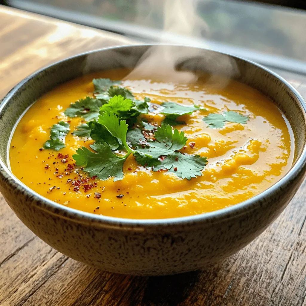 To make Spicy Ginger Sweet Potato Soup, you need the following ingredients: - 2 large sweet potatoes, peeled and cubed - 1 tablespoon olive oil - 1 medium onion, diced - 3 cloves garlic, minced - 2-inch piece of fresh ginger, peeled and grated - 1 teaspoon ground cumin - 1 teaspoon ground coriander - 1/2 teaspoon red pepper flakes (adjust to taste) - 4 cups vegetable broth - 1 can (400ml) coconut milk - Salt and pepper to taste - Chopped fresh cilantro for garnish These ingredients come together to create a warm, hearty dish. Sweet potatoes add natural sweetness. Ginger brings a nice kick. The spices elevate the flavors. Coconut milk makes the soup creamy and rich. You can adjust the red pepper flakes to control the heat. When choosing sweet potatoes, look for firm ones without blemishes. Fresh ginger adds a strong flavor. Using fresh garlic and onion will enhance the soup's aroma. This soup is not just tasty; it's also healthy. Packed with vitamins and nutrients, it can be a comforting meal. You can find the full recipe for more detailed cooking steps. First, I heat the olive oil in a large pot over medium heat. Next, I add the diced onion and sauté it until it turns soft and clear. This takes about 5 minutes. I then stir in the minced garlic and grated ginger. I let these cook for another 2 minutes until they smell amazing. To build flavor, I add ground cumin, ground coriander, and red pepper flakes. I stir well and let it cook for one more minute. Now, I add the cubed sweet potatoes and pour in the vegetable broth. I bring this mixture to a boil. After that, I lower the heat and let it simmer. I cook it until the sweet potatoes are soft, which usually takes about 15 to 20 minutes. Once the sweet potatoes are tender, I remove the pot from the heat. Using an immersion blender, I puree the soup until it’s smooth. If I don’t have an immersion blender, I carefully transfer the mixture to a regular blender in batches. I then return the blended soup to the pot and stir in the coconut milk. I heat it on low until it’s warm. Finally, I season it with salt and pepper to taste. I serve the soup hot, garnished with fresh cilantro for a lovely touch. For the full recipe, check out the detailed instructions above! To boost your soup’s flavor, adjust the spices. You can add more red pepper flakes for extra heat. If you love warmth, try adding a dash of cayenne pepper. For a hint of sweetness, consider a pinch of cinnamon. Garnishes can elevate your dish. Fresh cilantro adds a burst of color and flavor. You can also sprinkle some toasted pumpkin seeds on top for crunch. A swirl of coconut milk can make it look fancy too! Using an immersion blender makes blending easy. Just submerge it in the pot and blend until smooth. It’s quick and saves you from extra dishes. If you use a countertop blender, do it in small batches. Always allow steam to escape for safety. When simmering your soup, keep the heat low. A gentle simmer helps flavors meld better. Stir occasionally to prevent sticking. Make sure the sweet potatoes are tender before blending. Want to make it healthier? Add some greens! Spinach or kale can add nutrients without changing the taste much. Toss them in for the last few minutes of cooking. For protein, consider adding black beans or chickpeas. They will make the soup more filling. Both options add fiber and plant-based protein. Sweet potatoes are already nutritious, so you’ll enhance the meal even more! {{image_2}} To keep Spicy Ginger Sweet Potato Soup vegan-friendly, focus on the ingredients. The recipe is already vegan since it uses vegetable broth and coconut milk. If you want to enhance the flavor, try adding more ginger or garlic. Avoid any animal-based broths or creams. For those who want a meatier taste, consider using mushrooms for depth without losing the vegan aspect. You can use different types of sweet potatoes for variety. Try purple or Japanese sweet potatoes for unique flavors and colors. If you want to change things up, consider spices like turmeric or smoked paprika. These can add new layers to the soup while still keeping it cozy. Fresh herbs like thyme or parsley can also provide a fresh twist. Spicy Ginger Sweet Potato Soup pairs well with warm bread. A nice crusty baguette or sourdough works great. For a lighter option, serve it with a fresh salad. A simple green salad with a tangy dressing can balance the soup's richness. You can also add a dollop of yogurt or a swirl of coconut cream for extra creaminess. If you want to impress, garnish with chopped cilantro for a burst of color and flavor. To store leftovers, let the soup cool first. Pour it into an airtight container. This keeps the soup fresh and safe. You can store it in the fridge for about 3 to 5 days. Using glass or BPA-free plastic containers is best. They seal tightly and prevent spills. Freezing is a great option if you want to save more soup. Start by letting it cool completely. Then, pour it into freezer-safe bags or containers. Remove as much air as possible to avoid freezer burn. You can freeze the soup for up to 3 months. When you're ready to eat, thaw it in the fridge overnight. To reheat the soup, you can use the stove or microwave. If using the stove, heat on low and stir often. This helps keep the texture smooth. In the microwave, use a microwave-safe bowl. Heat in short bursts, stirring in between. Avoid boiling the soup, as it can change the texture. Enjoy your warm, cozy bowl of Spicy Ginger Sweet Potato Soup! - How long does Spicy Ginger Sweet Potato Soup last in the refrigerator? This soup lasts about 4 to 5 days in the fridge. Store it in a sealed container. This keeps the soup fresh and tasty. - Can I make this soup ahead of time? Yes, making this soup ahead of time is a great idea. The flavors blend better if you let it sit. Just reheat it before serving. - Is this soup spicy? How can I adjust the heat? The soup has a mild heat from the red pepper flakes. If you want it milder, reduce the flakes. For more heat, add extra flakes or fresh chili. - What are the health benefits of sweet potatoes? Sweet potatoes are full of vitamins and minerals. They are a great source of fiber, vitamin A, and antioxidants. This makes them good for your eyes and immune system. - How many calories per serving are in this soup? Each serving has about 250 calories. This is a hearty meal that keeps you full without too many calories. - What if I don’t have a blender? If you don’t have a blender, use a potato masher. Mash the sweet potatoes well to get a smooth texture. It may not be as creamy, but it will still taste good. - How do I know when the sweet potatoes are done cooking? Sweet potatoes are done when a fork goes in easily. They should be soft but not mushy. Check them after about 15 minutes of simmering. In this post, we explored how to make Spicy Ginger Sweet Potato Soup. We covered key ingredients, step-by-step cooking instructions, and useful tips. You learned ways to enhance flavor and nutritious additions. We also discussed variations and how to store the soup. This tasty recipe is simple and provides warmth and comfort. You can adjust flavors to suit your taste. Enjoy making and sharing this dish with friends and family. Happy cooking!