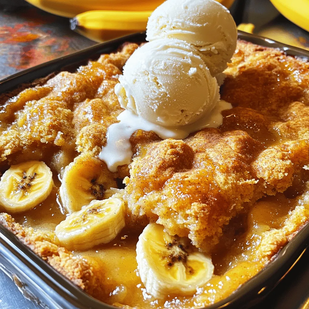 Here are the simple and tasty ingredients you will need for easy banana cobbler: - 4 ripe bananas, sliced - 1/2 cup brown sugar - 1 teaspoon cinnamon - 1 cup all-purpose flour - 1 cup rolled oats - 1/2 cup unsalted butter, melted - 1 teaspoon vanilla extract - 1 cup milk - 1 teaspoon baking powder - Pinch of salt - Optional: Ice cream for serving These ingredients come together to create a warm and comforting dessert. The ripe bananas add natural sweetness. Brown sugar and cinnamon give it depth and warmth. The oats and flour create a nice texture. Melted butter adds richness. Vanilla extract and milk make it creamy. A pinch of salt balances the sweetness. You can serve it warm with ice cream for an extra treat! For the full recipe, check out the instructions after this section. - Preheat the oven: Start by preheating your oven to 350°F (175°C). This step is key for even baking. - Prepare the bananas: Take 4 ripe bananas and slice them. Toss them in a bowl with 1/2 cup brown sugar and 1 teaspoon cinnamon. Make sure each slice is well coated. Spread the bananas evenly in a greased 9x9 inch baking dish. - Mix the batter: In a separate bowl, combine 1 cup all-purpose flour, 1 cup rolled oats, and 1/2 cup melted unsalted butter. Add 1 teaspoon vanilla extract, 1 cup milk, 1 teaspoon baking powder, and a pinch of salt. Stir until you get a thick batter. - Combine and pour: Carefully pour the batter over the bananas in the baking dish. Use a spatula to spread the batter evenly. - Bake: Place the baking dish in your preheated oven. Bake for 25-30 minutes. The top should be golden brown. Check it by inserting a toothpick; it should come out clean. - Total cooking time: The total time for this recipe is about 40 minutes, including prep. - Suggested monitoring tips: Keep an eye on the cobbler after 25 minutes. Ovens can vary, so you want to catch it right when it turns golden brown. To get the best cobbler, you need the right consistency. The batter should be thick, not runny. If it seems too thin, add a little more flour. This will help it rise well in the oven. Adjusting sweetness is key too. If you like it sweeter, add a bit more brown sugar. You can also try using honey or maple syrup. Taste the batter before you bake to find your perfect level of sweetness. Timing is crucial for a perfect bake. Bake your cobbler for about 25 to 30 minutes. Watch for a golden brown top. You can test it by inserting a toothpick. If it comes out clean, your cobbler is ready! When serving, warmth is best. Serve the cobbler hot from the oven. A scoop of ice cream on top makes it extra special. Vanilla is a great choice, but chocolate can work too! For garnishing, add a sprinkle of cinnamon. Fresh mint leaves can add a pop of color. You can also drizzle some caramel sauce for a sweet touch. Enjoy your Easy Banana Cobbler! {{image_2}} You can make this easy banana cobbler your own. Here are some fun swaps: - Using different fruits: You can try apples, peaches, or berries. Each fruit adds a new twist. Apples give a crisp bite, while berries add tartness. - Alternative sweeteners: If you want less sugar, use honey or maple syrup. These natural sweeteners will change the flavor a bit. They offer a unique taste while keeping it sweet. - Dairy-free options: Swap the milk with almond or coconut milk. This change makes it dairy-free. Use vegan butter instead of regular butter for a fully dairy-free cobbler. Want to kick up the flavor? Here are some ideas: - Adding nuts or chocolate: Toss in walnuts or pecans for crunch. You can also add chocolate chips for a rich touch. Both add different textures and flavors. - Using spices: Sprinkle in some nutmeg or ginger for warmth. You can also boost the cinnamon for a spicier taste. These spices enhance the overall flavor and aroma of the dish. These variations let you customize your cobbler, making it perfect for any taste! For the full recipe, check out the detailed instructions above. To keep your Easy Banana Cobbler fresh, store it in the fridge. Place it in an airtight container. This way, it stays moist and tasty. It can last about 3 to 4 days in the fridge. If you want to save it longer, consider freezing it. Cut it into squares and wrap each piece in plastic wrap. Then place the wrapped pieces in a freezer bag. This method helps keep the flavor and texture nice. The cobbler can last up to three months in the freezer. When you want to enjoy your cobbler again, reheating it is key. Preheat your oven to 350°F (175°C). Place the cobbler in a baking dish. Cover it with foil to keep it from drying out. Heat for about 15 to 20 minutes. Check it often to ensure it warms evenly. If you want a crisp top, remove the foil for the last few minutes. This method keeps the cobbler soft inside and slightly crunchy on top. How do I know when the cobbler is done? You can tell when the cobbler is done by checking the top. It should be golden brown. Insert a toothpick into the center. If it comes out clean, it’s ready! Can I use frozen bananas? Yes, you can use frozen bananas. Just thaw them first and drain any excess liquid. This helps keep the cobbler from becoming too soggy. Is this recipe vegan-friendly? Not as it stands. The recipe uses butter and milk. To make it vegan, swap those for plant-based options like coconut oil and almond milk. What to serve with banana cobbler? Banana cobbler is great on its own, but you can serve it warm with a scoop of ice cream. Whipped cream or a drizzle of caramel sauce also works well. Can I double the recipe? Absolutely! Just use a larger baking dish and double all the ingredients. Make sure to adjust the baking time, checking for doneness. Calories per serving Each serving of banana cobbler has about 250 calories. This can vary based on portion size and toppings. Healthy swaps To make it healthier, try using whole wheat flour instead of all-purpose flour. You can also cut down on sugar or use a natural sweetener like honey or maple syrup. This blog post guides you in making a tasty banana cobbler. You learned about key ingredients, simple steps, and helpful tips. I shared variations to fit your taste and how to store any leftovers. Remember, a good cobbler comes down to timing and the right flavors. Enjoy your baking journey, and feel free to get creative with this recipe. You can make it your own!