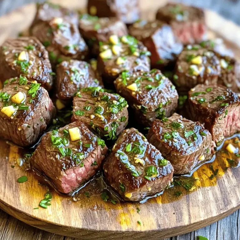To make savory steak bites in garlic butter, you need simple ingredients. This dish is quick and easy, perfect for any meal. - 1 pound sirloin steak, cut into bite-sized cubes - 4 tablespoons unsalted butter - 4 cloves garlic, minced - 1 teaspoon fresh rosemary, chopped (or ½ teaspoon dried) - 1 teaspoon fresh thyme, chopped (or ½ teaspoon dried) - Salt and pepper to taste - 1 tablespoon olive oil - 1 tablespoon soy sauce - Fresh parsley, chopped, for garnish These ingredients create a flavorful, tender dish. The sirloin steak gives a rich taste. Garlic and herbs add depth and aroma. The butter makes everything silky smooth. You can easily find these items at your local store. Enjoy the process of cooking with these delightful ingredients! Start by patting the steak cubes dry with paper towels. This step is key. Dry steak helps achieve a nice sear. Season the cubes with salt and pepper. Make sure to coat them well for full flavor. It's important not to overcrowd the pan when cooking. If the pan is too full, the steak will steam instead of sear. This can lead to chewy bites instead of tender ones. Cook in batches if needed. In a large skillet, heat the olive oil over medium-high heat. Once hot, add the seasoned steak bites in a single layer. Sear the steak for about 2-3 minutes on one side until browned. Then, flip and sear for another 2-3 minutes for medium-rare steak. If you prefer your steak more done, adjust the cooking time. Remove the steak bites from the skillet and set them aside on a plate. In the same skillet, lower the heat to medium. Add the butter and let it melt. Once melted, stir in the minced garlic, chopped rosemary, and thyme. Sauté for about 1-2 minutes until fragrant. Be careful not to burn the garlic; it can turn bitter. Return the cooked steak bites to the skillet. Drizzle with soy sauce and toss to coat. Let it cook for an additional minute. This allows all the flavors to meld together beautifully. You can find the full recipe for these savory steak bites in garlic butter to guide you through every detail. To get a great sear, heat your skillet over medium-high heat. This helps the steak brown well. Use a cast-iron skillet if you can; it holds heat better. Common mistakes to avoid: - Don't overcrowd the pan. This lowers the heat and steams the meat. - Make sure your steak is dry. Pat it with paper towels before cooking. Add fresh herbs for extra taste. Try basil, oregano, or even a hint of chili flakes for heat. Serving variations and side suggestions: - Pair these steak bites with a fresh salad or roasted veggies. - For a fun twist, serve them with garlic bread or on skewers. For a rustic look, use a wooden platter. It adds charm and makes sharing easy. Garnishing tips for visual appeal: - Sprinkle fresh parsley on top for a pop of color. - Drizzle the garlic butter sauce over the steak bites just before serving. For the full recipe, check the section above. {{image_2}} If you want to switch things up, try other cuts of steak. Great options include ribeye, tenderloin, or flank steak. Each cut has its unique flavor and tenderness. Ribeye offers a rich taste due to its marbling. Tenderloin is lean and very tender. Flank steak is a bit chewier but full of flavor. When you change cuts, keep an eye on your cooking time. Thinner cuts may cook faster, so check them sooner. Thicker cuts may need a bit more time to reach your desired doneness. Always use a meat thermometer for the best results. To make your steak bites even better, you can add vegetables. Try mushrooms, bell peppers, or onions. Sauté them in the same garlic butter for extra flavor. You can also mix in a bit of red wine or balsamic vinegar for a richer sauce. For garlic butter variations, add lemon zest or crushed red pepper. These will give a fresh kick. You can also swap out the herbs. Try basil or oregano for a different taste. For gluten-free options, use tamari instead of soy sauce. This keeps the flavor but removes gluten. You can also skip the soy sauce entirely for a clean taste. If you want low-carb options, serve the steak bites with zucchini noodles or cauliflower rice. Both are tasty and filling without the carbs. You can enjoy a gourmet meal without guilt! For the full recipe, check out the complete details above. To keep your savory steak bites fresh, store them in an airtight container. Let the steak cool completely before sealing. This helps prevent condensation, which can make your bites soggy. Place the container in the fridge. These steak bites can last 3 to 4 days when stored properly. When reheating, use a skillet over low heat. This method keeps the steak juicy. Heat the bites for about 5 minutes, turning occasionally. You can also use a microwave. If using a microwave, cover the steak bites with a damp paper towel. Heat in short bursts of 30 seconds to maintain moisture. Aim for an internal temperature of 165°F for the best flavor. If you want to freeze the dish, first cool the steak bites completely. Place them in a freezer-safe bag or container, removing as much air as possible. These bites can last up to 3 months in the freezer. To thaw, move them to the fridge overnight. For reheating, use the skillet method to keep them tender and full of flavor. Savory Steak Bites can last up to three days in the fridge. Store them in an airtight container. This keeps them fresh and tasty. If you want to enjoy them later, make sure to cool them down before sealing. Yes, you can use other oils like avocado oil or canola oil. These oils have high smoke points, which makes them great for searing. Just remember that the flavor might change a bit, but it will still taste good! Savory Steak Bites pair well with many sides. You can serve them with: - Garlic mashed potatoes - Roasted vegetables - A fresh salad - Crusty bread These options complement the rich taste of the steak. You can prepare the steak bites ahead, but I suggest cooking them fresh. If you make them early, store the cooked bites in the fridge. Reheat them gently to avoid overcooking. To check doneness, use a meat thermometer. For medium-rare, the center should be about 135°F. You can also use the finger test. Press the steak with your finger; it should feel soft but firm. Adjust cooking time based on your preference for doneness. This blog post covered how to make savory steak bites. We discussed the essential ingredients, step-by-step cooking instructions, and tips for perfect results. You can also explore variations and storage tips to keep your steak bites fresh. Incorporating these methods and tips will help you create a tasty meal that impresses. Enjoy experimenting in the kitchen, and make these bites your own!