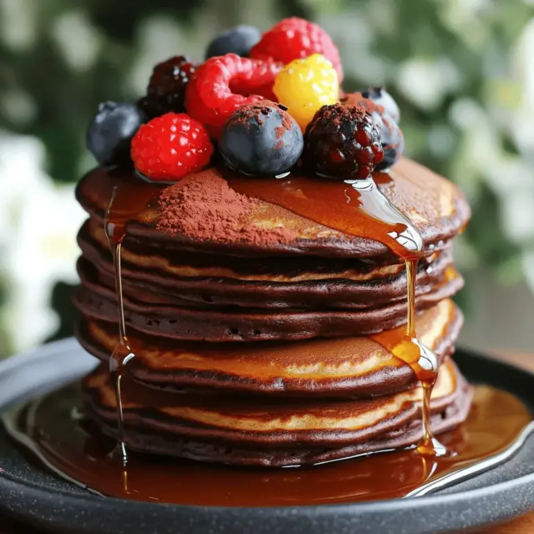 - 1 cup rolled oats - 1 ripe banana - 2 tablespoons unsweetened cocoa powder - 1 scoop chocolate protein powder (plant-based or whey) - 1 cup almond milk (or milk of choice) - 1 teaspoon baking powder - 1 teaspoon vanilla extract - Pinch of salt - Cooking spray or coconut oil for the pan Each ingredient plays a key role in making these pancakes tasty and healthy. Rolled oats provide a hearty base. They add fiber, which helps keep you full. You can blend them into flour or use them whole. The ripe banana acts as a natural sweetener. It gives moisture and adds potassium, which is good for your muscles. Unsweetened cocoa powder gives the pancakes their rich chocolate flavor. It is low in calories and has antioxidants. Chocolate protein powder boosts the protein content. It helps build muscle and keeps you energized. Almond milk or any milk of your choice keeps the batter smooth. It is low in calories and can be dairy-free. Baking powder helps the pancakes rise, making them fluffy. Just the right amount makes a big difference. Vanilla extract adds a lovely aroma and flavor. It enhances the sweetness without extra sugar. A pinch of salt balances the flavors. It brings out the sweetness and richness of the chocolate. Cooking spray or coconut oil prevents sticking. It helps achieve that perfect golden crust on each pancake. These chocolate protein pancakes are packed with goodness. A serving has about 200 calories. They offer a good balance of macronutrients. - Protein: Supports muscle recovery and growth. - Carbohydrates: Provides energy for your day. - Fats: Healthy fats from coconut oil or almond milk. You also get vitamins and minerals from the ingredients. Bananas add potassium, while oats provide iron and magnesium. Eating these pancakes gives you a boost. They are not just tasty but also a smart choice for breakfast. The balance of ingredients makes them a healthy option for everyone. First, gather all your ingredients. You will need rolled oats, ripe banana, cocoa powder, chocolate protein powder, almond milk, baking powder, vanilla extract, and salt. Next, put all the ingredients into a blender. Blend them until smooth. You want a creamy mix with no lumps. Once blended, let the batter sit for about 5 minutes. This will help it thicken a bit. A thicker batter makes fluffier pancakes. Now it’s time to cook. Preheat your skillet or griddle over medium heat. Use a little cooking spray or coconut oil to grease the skillet. This helps prevent sticking. Pour 1/4 cup of the batter onto the skillet for each pancake. Cook for about 2-3 minutes. You will see small bubbles form on the surface. This shows they are ready to flip. Turn the pancake and cook for another 2-3 minutes, until golden brown. When your pancakes are done, serve them warm. You can add fresh berries, honey, or maple syrup on top. A sprinkle of cocoa powder gives a nice touch, too. For a fun look, stack the pancakes high or serve them on a colorful plate. Enjoy your chocolate protein pancakes as a tasty breakfast treat! You can find the full recipe above for all the details. To make the best chocolate protein pancakes, you need the right ingredient ratios. Each part plays a role in how your pancakes turn out. The oats give structure, while the banana adds moisture. The cocoa powder and protein powder boost flavor and nutrition. For fluffier pancakes, add a bit more baking powder. This small change helps the pancakes rise and become light. If the batter seems too thick, mix in a little more almond milk. The right texture makes all the difference in your pancake experience. One common mistake is overmixing the batter. When you mix too much, the pancakes can turn out tough. Just blend until the ingredients are combined. A few lumps are okay! Another mistake is cooking at the wrong temperature. If your skillet is too hot, the outside will burn while the inside stays raw. Keep the heat at medium. This helps your pancakes cook evenly for perfect results. To kick up the flavor, consider adding spices or extracts. A dash of cinnamon goes well with chocolate. You can also try a splash of almond or peppermint extract for a twist. For chocolate lovers, adapt the recipe by adding mini chocolate chips. They melt into the pancakes and create fun pockets of gooey chocolate. This makes each bite even more delightful! For the full recipe, check out the Chocolate Protein Pancakes section. {{image_2}} You can change the taste of your chocolate protein pancakes by adding fruits. Berries like blueberries or strawberries pair well with chocolate. You can also try slices of banana for extra sweetness. Chopped apples add a nice crunch too. Nuts and seeds are another great addition. Walnuts or almonds give a nice texture. Chia seeds or flaxseeds boost the health benefits. Just mix these in gently before cooking. If you need a gluten-free option, use certified gluten-free oats. They work just as well. You can also swap regular protein powder for a gluten-free brand. This makes your pancakes safe for those with gluten sensitivities. For a vegan version, replace the egg with a flax egg. Mix one tablespoon of ground flaxseed with three tablespoons of water. Let it sit until it thickens. Use almond milk or another plant milk instead of dairy. You can serve your pancakes in stacks or as single servings. Stacks look great for a special breakfast or brunch. Single pancakes are perfect for quick meals. Get creative with toppings! Fresh fruits, a drizzle of maple syrup, or nut butter are all tasty. You can also sprinkle cocoa powder or shredded coconut on top for a fun twist. For the full recipe, check out the details above. To keep your chocolate protein pancakes fresh, place them in an airtight container. Refrigerate them within two hours of cooking. This step helps prevent bacteria growth. When you want to reheat them, place the pancakes on a microwave-safe plate. Heat in 30-second bursts until warm. You can also use a toaster for a crispy texture. If you have extra pancakes, freezing them is easy. First, let the pancakes cool completely. Then, stack them with a piece of parchment paper in between each one. Wrap the stack in plastic wrap and place it in a freezer bag. This method helps to prevent freezer burn. To thaw, leave them in the fridge overnight. For reheating, you can microwave them or use a toaster. When stored properly, your chocolate protein pancakes can last in the fridge for about 3 to 4 days. In the freezer, they can stay good for up to 2 months. Always check for any off smells or discoloration before eating. Enjoy your tasty pancakes at their best! To make these chocolate protein pancakes vegan, you can swap out a few ingredients. Use a plant-based milk, like almond or oat milk, instead of dairy milk. For the egg, simply replace it with a flax egg. To make a flax egg, mix one tablespoon of ground flaxseed with three tablespoons of water. Let it sit for about five minutes until it thickens. This will work well in the recipe. Yes, you can use different protein powders in this recipe. If you prefer plant-based protein, look for options like pea or brown rice protein. These will still give you a good boost of protein. If you use whey protein, the pancakes will taste great too. Just remember that different protein powders may slightly change the texture. Chocolate protein pancakes offer many nutritional benefits. They are rich in protein, which helps build muscle and keep you full. Eating protein for breakfast can boost your energy levels and keep you focused. Adding fiber, like oats and bananas, is also important. Fiber aids digestion and helps maintain a healthy gut. These pancakes give you a balanced start to your day. Yes, you can make these pancakes ahead of time. Prepare the batter and store it in the fridge for up to 24 hours. This makes it easy to whip up a quick breakfast. You can also cook the pancakes in advance. Stack them with parchment paper in between to prevent sticking. Store them in an airtight container in the fridge for up to three days. To reheat, just pop them in the toaster or microwave. In this article, we explored how to make delicious, nutritious chocolate protein pancakes. We covered ingredients, cooking steps, and tips for perfect texture. I shared ways to enhance flavor and adapt the recipe for various diets. Keeping these pancakes fresh in your fridge or freezer is easy. By following these steps, you can enjoy tasty pancakes that boost your health. You now have the tools to create a fun breakfast that fits your needs. Enjoy making and sharing this recipe!