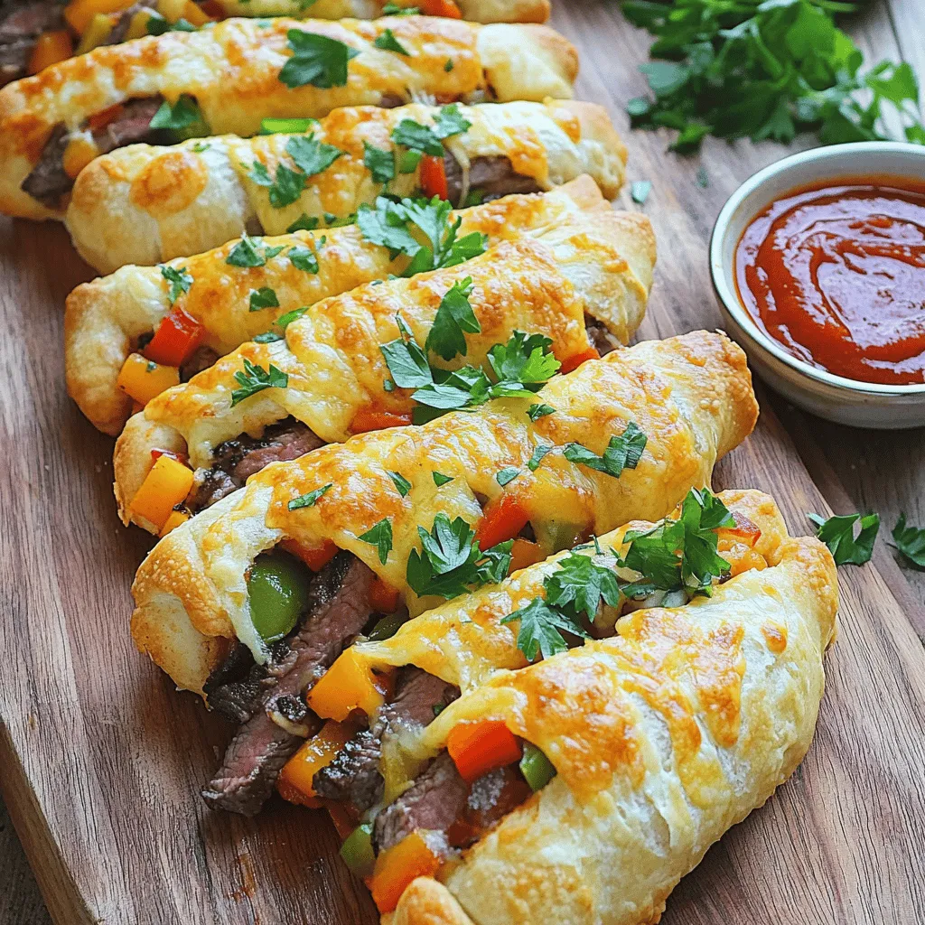 - 1 can refrigerated pizza dough - 1 cup thinly sliced steak (such as ribeye or flank steak) - 1 cup bell peppers (mixed colors), thinly sliced - 1 cup provolone cheese, shredded - 1/2 cup cream cheese, softened - 2 tablespoons olive oil - 1 teaspoon garlic powder - 1/2 teaspoon smoked paprika - Salt and pepper to taste - Fresh parsley, chopped (for garnish) The key to great Philly cheesesteak stuffed cheesy breadsticks is the right mix of ingredients. You start with a can of refrigerated pizza dough. This makes it easy and quick. Next, you want thinly sliced steak. Ribeye or flank steak works best here. Then, grab colorful bell peppers. They add nice flavor and a pop of color. For cheese, provolone is a must. It melts beautifully and gives that classic taste. Cream cheese adds a rich, creamy texture. Don’t forget the seasonings! Olive oil helps cook the steak. Garlic powder adds depth, and smoked paprika gives a nice touch of warmth. Salt and pepper are your friends, so use them to taste. Finally, fresh parsley makes a lovely garnish. For the full recipe, you can refer to the section above. Enjoy creating these flavorful breadsticks! To start, preheat your oven to 425°F (220°C). This heat will help the breadsticks turn golden and crispy. Next, line a baking sheet with parchment paper. This will prevent the breadsticks from sticking to the pan. Now, let's cook the steak. In a skillet over medium heat, add two tablespoons of olive oil. Once the oil is hot, add 1 cup of thinly sliced steak. Season it with salt, pepper, 1 teaspoon of garlic powder, and 1/2 teaspoon of smoked paprika. Sauté the steak for about 3-4 minutes until it starts to brown. Then, add 1/2 cup of thinly sliced onions and 1 cup of mixed bell peppers. Cook these for another 2-3 minutes until the vegetables are tender. Remove the skillet from heat and set the mixture aside. Now, roll out the pizza dough on a floured surface. Aim for about 1/4 inch thickness. Use a knife or pizza cutter to cut the dough into rectangles, approximately 3x5 inches. Next, it's time to fill the breadsticks. In the center of each rectangle, place a dollop of 1/2 cup of softened cream cheese. Then, add a portion of the steak and vegetable mix. Top each filling with a generous sprinkle of 1 cup of shredded provolone cheese. To seal the breadsticks, fold the sides of the dough over the filling. Pinch the edges to create a secure seal. You can use a fork to crimp the edges for extra security. Place the sealed breadsticks on your prepared baking sheet. Brush the tops lightly with olive oil for a nice, golden finish. Bake them in the preheated oven for 12-15 minutes or until they are golden brown. After baking, let them cool for a couple of minutes. Garnish with chopped parsley before serving. Enjoy your Philly cheesesteak stuffed cheesy breadsticks! For the full recipe, check out the details above. How to achieve the perfect steak sauté: Start with a hot skillet and add olive oil. Use thin slices of steak for quick cooking. Season well with salt and pepper. Sauté for just a few minutes until the steak is brown but not tough. Add onions and peppers next. Cook until they are soft but still vibrant. This keeps the flavors fresh. Ensuring even cheese distribution: When you fill the breadsticks, use the right amount of cheese. Spread cream cheese first, then layer on the steak mixture. Finally, top with provolone cheese. This way, each bite has a burst of cheesy goodness. Make sure to seal the edges well to keep the cheese inside. Best sauces to accompany Philly cheesesteak stuffed breadsticks: Marinara sauce is a classic pairing. It adds a nice tang. You can also try garlic aioli or ranch dressing. These sauces complement the rich flavors in the breadsticks. Serve them warm for the best taste. Presentation tips to impress guests: Serve the cheesy breadsticks on a wooden board. Arrange them in a fan shape for visual appeal. Add a small bowl of sauce for dipping. Garnishing with fresh parsley gives a pop of color. This makes the dish look as good as it tastes. What to do if the dough is too sticky: If your dough sticks, dust it with flour. Work quickly to avoid it sticking again. Roll it out on a floured surface for easier handling. If needed, refrigerate the dough briefly to firm it up. Fixing overcooked steak or undercooked breadsticks: For overcooked steak, add a splash of beef broth to revive it. This adds moisture back. If your breadsticks are undercooked, simply return them to the oven. Bake for a few more minutes until golden brown. Keep an eye on them to avoid burning. {{image_2}} You can switch up the meat in these breadsticks. Chicken or turkey works well. Just slice them thin, like the steak. For a vegetarian option, try mushrooms or tempeh. They add a nice texture and flavor. You can also use different cuts of steak. Ribeye is great, but flank steak or sirloin can work too. Each choice brings its own taste. If provolone isn’t your favorite, don’t worry! You can use mozzarella for a milder flavor. Cheddar adds sharpness, while gouda provides a rich, smoky taste. Mix different cheeses for a complex taste. Try adding parmesan for a savory boost. Experiment with what you like best to make your breadsticks unique. Want a spicy twist? Add jalapeños to the steak mix. They give a nice kick! You can also sprinkle in herbs like oregano or thyme for extra depth. Garlic adds great flavor too. Just adjust the amounts to fit your taste. These small changes make a big difference. Your breadsticks will be even more delicious! For the full recipe, check the section above. To keep your Philly cheesesteak stuffed cheesy breadsticks fresh, store them in an airtight container. This helps prevent them from drying out. They will stay good for up to 3 days in the fridge. Make sure they cool down before sealing them to avoid steam build-up. To reheat your breadsticks, use an oven or an air fryer. Preheat your oven to 350°F (175°C). Place the breadsticks on a baking sheet. Heat them for about 10 minutes, or until warm and crispy. This method keeps the breadsticks from getting soggy. Avoid using a microwave, as it can make them chewy. You can freeze both unbaked and baked breadsticks. For unbaked, prepare them, then place them on a baking sheet. Freeze until solid, then transfer to a freezer bag. They will last for up to 3 months. If baking first, let them cool completely before freezing. To thaw, move them to the fridge overnight or bake directly from the freezer. Just add a few extra minutes to the bake time. Enjoy your delicious treat anytime! For the full recipe, check out the Full Recipe section. Can I use homemade pizza dough instead of refrigerated? Yes, you can use homemade pizza dough. Make sure it is rolled out thinly. This helps the breadsticks cook evenly. Homemade dough can add a fresh taste. How do I make these breadsticks gluten-free? To make these breadsticks gluten-free, use gluten-free pizza dough. Many brands offer this option. Always check the ingredients to ensure they meet your needs. Can I fry the stuffed breadsticks instead of baking them? Yes, you can fry them. Heat oil in a deep pan. Fry each breadstick until golden brown. This method adds a nice crunch and flavor. What oil is best for sautéing the steak? Olive oil works great for sautéing the steak. It has a nice flavor and a high smoke point. You can also use canola oil if you prefer. Can I use any other cheese aside from cream cheese? Yes, you can use ricotta or mozzarella cheese instead. Both will melt well and add creaminess. Choose what you like best. What's a good substitute for bell peppers? You can use zucchini or mushrooms instead of bell peppers. These options give a nice texture. They also add their own unique flavors. You’ve learned how to make delicious Philly cheesesteak stuffed breadsticks. We covered key ingredients, cooking steps, and tips for serving. Remember, the right seasoning makes all the difference. You can also explore fun variations with different meats and cheeses. Don’t forget to store leftovers properly for the best taste later on. This recipe is easy to adapt and share. Enjoy creating a tasty dish that impresses everyone at your table!