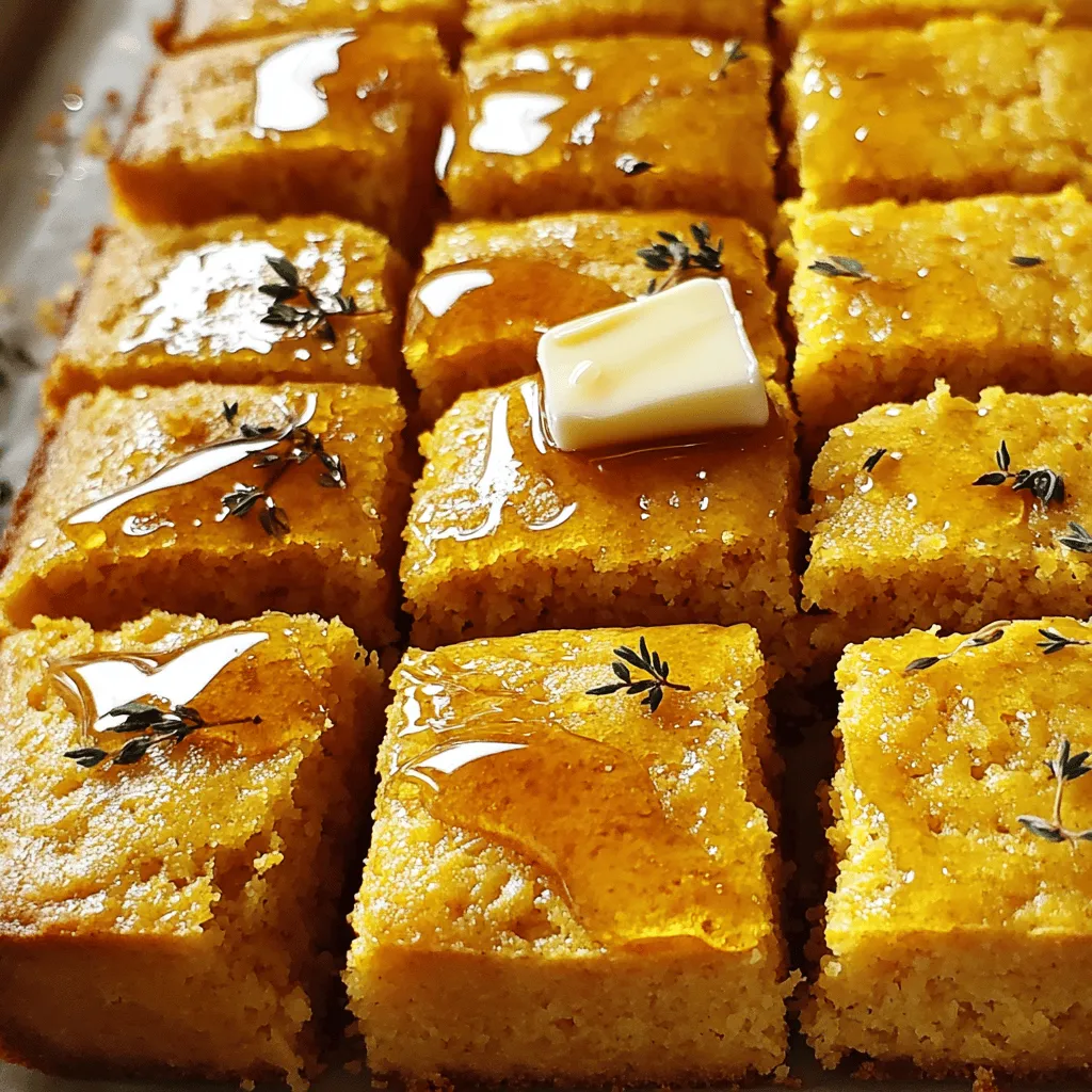 To make sweet and moist honey cornbread, you need a few simple ingredients. Here’s what you will need: - 1 cup cornmeal - 1 cup all-purpose flour - 1/4 cup granulated sugar - 1 tablespoon baking powder - 1/2 teaspoon salt - 2 large eggs - 1 cup buttermilk (or milk with 1 tablespoon vinegar added) - 1/4 cup unsalted butter, melted - 1/2 cup honey - 1/4 cup corn kernels (optional for added texture) These ingredients come together to create a lovely cornbread that is sweet and moist. The cornmeal gives it a great texture, while the honey adds a wonderful sweetness. Getting the right measurements is key to success in baking. Here’s a quick guide to the units you will use: - Volume: cups and tablespoons - Weight: grams (not used in this recipe) Using the right measurements ensures your cornbread rises well and stays moist. A kitchen scale can help if you want to be precise, but measuring cups work just fine for this recipe. You can take your cornbread to the next level by adding a few optional ingredients. Here are some ideas: - Fresh corn kernels add a sweet crunch. - Chopped jalapeños give a spicy kick. - Cheese like cheddar can make it rich and savory. - Fresh herbs like thyme or basil add a fresh note. Feel free to mix and match these add-ins to suit your taste. They can make your honey cornbread even more special and fun! For the complete recipe, check out the Full Recipe section. Start by preheating your oven to 400°F (200°C). Make sure it gets nice and hot. While the oven heats up, take an 8-inch square baking pan. Grease it well, or use parchment paper. This helps the cornbread come out easily later. In a large bowl, add the cornmeal, flour, sugar, baking powder, and salt. Whisk them together well. This step is key for even flavor. You want all the dry ingredients mixed without any lumps. In another bowl, crack the eggs and beat them. Then, add the buttermilk, melted butter, and honey. Mix these ingredients until they blend well. This mixture will add moisture and sweetness to your cornbread. Now, pour the wet mix into the dry mix. Stir gently until they just combine. It is okay if the batter has some lumps. If you like, fold in the corn kernels for extra texture. Next, pour the batter into your prepared pan. Smooth the top with a spatula. Bake in the hot oven for about 20-25 minutes. Check with a toothpick; it should come out clean. Once done, let it cool for about 10 minutes. Then, transfer it to a wire rack to cool completely. For the full recipe, refer to the earlier section. To get that sweet and moist texture in your cornbread, focus on a few key steps. First, use buttermilk instead of regular milk. Buttermilk adds creaminess and moisture. Second, don't overmix the batter. Mix until just combined. A few lumps help keep the cornbread tender. Lastly, add melted butter for richness. Using warm butter helps it mix well, making your cornbread even softer. There are a few common mistakes that can ruin your cornbread. One mistake is using too much flour. This makes your cornbread dry. Measure carefully and use a light hand. Another mistake is overbaking. Keep an eye on it, and test with a toothpick. If it comes out clean, it's done. Lastly, avoid skipping the honey. It adds sweetness and moisture, which are key for that tasty bite. To make your cornbread even better, try these flavor boosters. Adding fresh corn kernels gives it a wonderful crunch. You can also mix in some spices like cinnamon or nutmeg for warmth. For an extra touch, fold in some shredded cheese. This adds a savory twist. Try different types of honey to see which one you like best. Each variety can bring a unique flavor to your cornbread. For the complete Sweet and Moist Honey Cornbread recipe, check the Full Recipe. {{image_2}} You can make this cornbread gluten-free easily. Use gluten-free all-purpose flour instead of regular flour. Make sure it has a binding agent, like xanthan gum, to help the bread rise. This swap keeps the cornbread soft and tasty. You still get that sweet, moist texture everyone loves. If you love sweet treats, you can add chocolate chips or fresh fruit. Try mixing in a half cup of chocolate chips for a rich twist. If you prefer fruit, add 1 cup of blueberries or chopped peaches. Both options give a nice burst of flavor. They also make the cornbread even more fun to eat. For a savory version, add cheese or herbs. Grated cheddar cheese gives a creamy taste. You can mix in about 1 cup of cheese for a rich flavor. For herbs, try adding a tablespoon of fresh rosemary or thyme. These herbs add a nice aroma and a unique taste. With these twists, your cornbread can be a tasty side dish or a stand-alone snack. For the full recipe, check out the earlier section! To keep your sweet and moist honey cornbread fresh, wrap it tightly. Use plastic wrap or aluminum foil. You can also store it in an airtight container. This helps prevent it from drying out. Keep it at room temperature for up to two days. If you want to store it longer, refrigeration is not ideal. It can change the texture, making it less fluffy. When you’re ready to enjoy your cornbread again, reheating is key. The best way is to use the oven. Preheat it to 350°F (175°C). Place the cornbread on a baking sheet. Cover it with foil to keep it moist. Heat for about 10-15 minutes. You can also use the microwave for quick reheating. Wrap it in a damp paper towel and heat for 15-20 seconds. Just be careful not to overheat. Freezing is a great option for long-term storage. First, let the cornbread cool completely. Then, cut it into squares for easy use. Wrap each piece tightly in plastic wrap, then place them in a freezer bag. Squeeze out as much air as possible. Cornbread can last in the freezer for up to three months. When you’re ready to eat it, simply thaw overnight in the fridge. Then, reheat as mentioned above for the best taste. Enjoy your sweet and moist honey cornbread anytime! For full instructions, check the Full Recipe section. Cornbread gets its sweetness from honey and sugar. Honey adds a rich flavor. The buttermilk makes it moist and soft. The combination of wet and dry ingredients helps keep it tender. Using melted butter also adds to the moistness. Together, these elements create a sweet and soft texture that makes you want more. Yes, you can use regular milk instead of buttermilk. If you do, just add one tablespoon of vinegar to the milk. This will mimic the tangy flavor of buttermilk. It helps to keep the cornbread moist and fluffy. You might not get the same depth of flavor, but it will still taste good. You can check if your cornbread is done by inserting a toothpick into the center. If it comes out clean, your cornbread is ready. The top should also be golden brown. If the toothpick has wet batter on it, let it bake for a few more minutes. This simple test ensures you have a perfectly baked cornbread. You learned how to make sweet and moist honey cornbread, step by step. From essential ingredients to mixing and baking, you now have the tools to impress. Remember to avoid common mistakes and experiment with fun variations. Store leftovers properly to enjoy later. With a few tips, your cornbread will shine. Cooking can be fun and creative, and your cornbread journey just started. Get in the kitchen and let your taste buds explore!