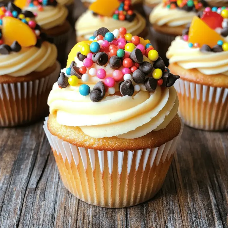 Here are the simple ingredients you will need for TikTok gourmet cupcakes. Each item adds to the fun and flavor. - 1 box cake mix (your choice of flavor) - 3 large eggs - 1/2 cup vegetable oil - 1 cup whole milk - 1 teaspoon vanilla extract - 1 cup whipped frosting (store-bought or homemade) - 1/2 cup colorful sprinkles - 1 cup assorted toppings (mini chocolate chips, crushed cookies, fresh fruit) Using a cake mix makes this recipe easy and quick. You can choose any flavor you love. Chocolate, vanilla, or even red velvet works great. The eggs help the cupcakes rise and stay fluffy. The vegetable oil keeps them moist and soft. Whole milk adds richness to the batter. Vanilla extract gives your cupcakes a lovely aroma. Frosting is the fun part! You can use store-bought or make your own. The colorful sprinkles make each cupcake pop. The assorted toppings let you get creative! Choose toppings like mini chocolate chips or fresh fruit for extra flavor. With these ingredients, you’re on your way to delicious TikTok gourmet cupcakes. For the full recipe, check the instructions section for more details! - Preheat your oven to 350°F (175°C). This helps your cupcakes bake evenly. - In a large mixing bowl, add the cake mix, eggs, vegetable oil, milk, and vanilla extract. Mix well until smooth. - Grab your cupcake liners and fill each about two-thirds full with the batter. This gives them room to rise. - Bake your cupcakes for 15-20 minutes. Keep an eye on them as they bake. - To check if they are done, insert a toothpick into the center. If it comes out clean, they are ready. - Let the cupcakes cool in the pan for 5 minutes. Then, move them to a wire rack to cool completely. - Once cool, frost each cupcake with whipped frosting. Be generous! - Now, it’s time to decorate. Add colorful sprinkles and your favorite toppings. You can use mini chocolate chips, crushed cookies, or fresh fruit. Let your imagination run wild! For the detailed recipe, refer to the Full Recipe provided. To make your cupcakes stand out, start with high-quality cake mix. This choice makes a big difference. Brands like Duncan Hines or Betty Crocker often give great results. For the perfect frosting, try mixing it with flavor extracts. A hint of almond or lemon can make your frosting pop. You can also add a bit of powdered sugar to thicken it. This adds sweetness and a smooth texture. Want your cupcakes to be moist? Use whole milk instead of water. It gives a richer flavor and better texture. You can also try heavy cream for a more decadent taste. Adding moisture boosters helps too. You can include sour cream or yogurt into the batter. These ingredients keep your cupcakes soft and fluffy. Let your creativity shine when decorating! Combine toppings like mini chocolate chips and crushed cookies. These add texture and fun to each bite. Using seasonal themes makes your cupcakes festive. For example, use pumpkin spice in fall and fresh berries in summer. This keeps your treats exciting all year long. {{image_2}} You can mix up your cupcake flavors easily. Classic options like chocolate, vanilla, and red velvet are always hits. To elevate your cupcakes, try adding unique flavor infusions. Think about citrus zest for brightness or a hint of spice like cinnamon or nutmeg. This can transform simple cupcakes into gourmet delights. Your taste buds will thank you! If you're making cupcakes for different diets, don't worry! You can make gluten-free cupcakes by using a gluten-free cake mix. This swap keeps the taste without the gluten. For vegan adaptations, replace the eggs with applesauce or flaxseed meal. Use plant-based milk and vegan frosting as well. Everyone can enjoy these tasty treats! Cupcakes can match the seasons! For holidays, create themed cupcakes. Think red and green sprinkles for Christmas or pastel colors for Easter. In summer, infuse your cupcakes with fresh fruits like strawberries or peaches. This adds a bright flavor and makes your cupcakes feel refreshing. Seasonal variations keep your baking exciting! Store your cupcakes at room temperature. This keeps them soft and tasty. Use an airtight container to lock in freshness. If you live in a hot area, refrigerate them. The cool air helps but can dry them out. To keep them fresh, let them cool fully before storage. You can freeze your cupcakes for later! First, let them cool completely. Wrap each cupcake in plastic wrap. Then place them in a freezer bag. This keeps them safe from freezer burn. To thaw, take them out and leave at room temperature. It takes about an hour. You can also warm them in the microwave for 10 seconds. Homemade cupcakes stay fresh for about 3 to 5 days. If stored in the fridge, they last up to a week. Check for signs of spoilage. If they smell off or look dry, it’s best to toss them. Always trust your nose and eyes! For the best experience, enjoy them fresh. For full details on making these cupcakes, see the Full Recipe. Gourmet cupcakes stand out from regular ones in taste and style. They use high-quality ingredients. You might find unique flavors and creative toppings. Gourmet cupcakes are often more moist and rich. They also have a better presentation. Regular cupcakes can be simple and plain. Gourmet ones are like little works of art. Absolutely! The beauty of these cupcakes is the flavor options. You can choose chocolate, vanilla, or even lemon. Each flavor can change the whole vibe of the cupcake. Think about pairing flavors too, like chocolate with mint or vanilla with almond. Mixing cake mixes can create a fun surprise in each bite. Adding fun decorations makes cupcakes festive. Try colorful sprinkles or themed toppers for holidays. Use vibrant frosting colors to match the occasion. You can also add small edible decorations like stars or hearts. For birthdays, consider adding a candle on top. Little touches can make your cupcakes shine even brighter. You now have a clear guide to making delicious cupcakes. You learned about the best ingredients, easy steps, and helpful tips. I shared ways to elevate your cupcakes and create fun variations. Remember, you can customize flavors and designs to fit any occasion. Enjoy baking and sharing these treats! Keep experimenting to find your perfect cupcake combo. With practice, your skills will shine, and your cupcakes will impress everyone! Happy baking!