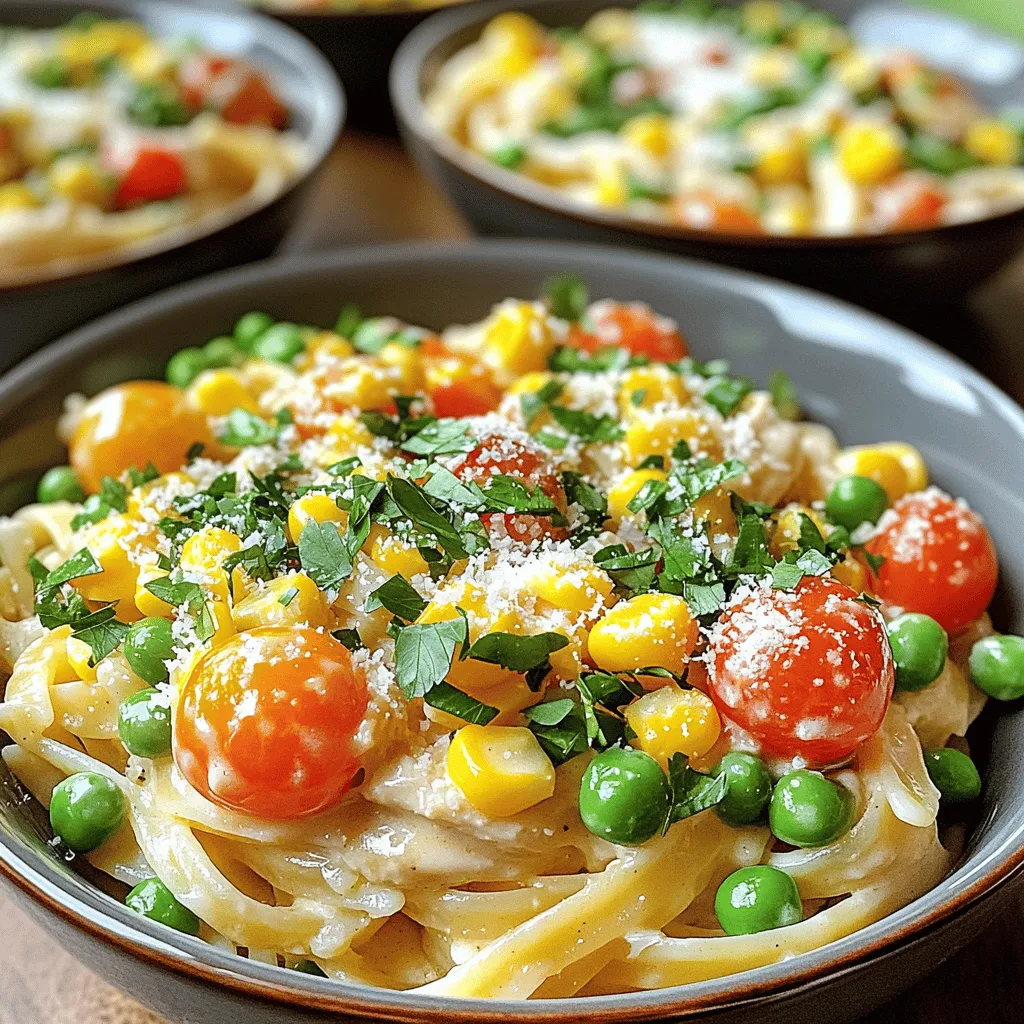 - 8 oz linguine pasta - 2 tablespoons unsalted butter - 1 pound boneless, skinless chicken thighs, cut into bite-sized pieces - Salt and pepper to taste - 1 teaspoon smoked paprika - 1 teaspoon garlic powder - 1/2 teaspoon onion powder - 1 cup heavy cream - 1/2 cup chicken broth - 1 cup cherry tomatoes, halved - 1/2 cup corn kernels (fresh or frozen) - 1/2 cup peas (fresh or frozen) - 1/4 cup Parmesan cheese, grated - 2 tablespoons fresh parsley, chopped, for garnish - Optional: crushed red pepper flakes, for spice - If you want to switch the chicken thighs, try chicken breast or turkey. - For gluten-free options, use brown rice pasta or lentil pasta. - If you need a dairy substitute, coconut cream works well in the sauce. This dish is all about creamy goodness and fresh flavors. The buttery sauce coats the pasta and chicken perfectly. You can play with the ingredients to make it your own. I love using fresh veggies like tomatoes and peas for color and taste. You can find the full recipe that guides you step-by-step through this delightful dish. Start by boiling a large pot of salted water. Once it boils, add 8 oz of linguine pasta. Cook it according to the package until it is al dente. This means it should be firm but not hard. Once cooked, drain the pasta and set it aside. In a large skillet, melt 2 tablespoons of unsalted butter over medium-high heat. When the butter is hot, add 1 pound of boneless, skinless chicken thighs, cut into bite-sized pieces. Season the chicken with salt, pepper, 1 teaspoon of smoked paprika, 1 teaspoon of garlic powder, and 1/2 teaspoon of onion powder. Cook for about 6-8 minutes. The chicken should be golden brown and cooked all the way through. Remove the chicken from the skillet and set it aside. In the same skillet, pour in 1 cup of heavy cream and 1/2 cup of chicken broth. Bring this mixture to a gentle simmer. Make sure to scrape the browned bits from the bottom of the pan. This adds flavor. Reduce the heat to low and add 1 cup of halved cherry tomatoes, 1/2 cup of corn kernels, and 1/2 cup of peas. Stir until everything is heated through. Return the cooked chicken to the skillet. Now, mix in the drained linguine. Toss everything together so the pasta and chicken are coated in the creamy sauce. Stir in 1/4 cup of grated Parmesan cheese until it melts and blends in nicely. For the complete recipe, refer to the [Full Recipe]. To avoid overcooked pasta, follow these steps: - Use a large pot: This helps the pasta cook evenly. - Salt the water: It adds flavor and helps the pasta stay firm. - Cook until al dente: This means it should be firm to the bite. Check the package for timing. For ensuring chicken tenderness, remember: - Choose thighs over breasts: Thighs stay juicy and flavorful. - Don't overcrowd the pan: Cook in batches if needed. This helps with even cooking. - Check for doneness: Chicken should reach 165°F for safe eating. For plating ideas, consider these tips: - Use deep bowls: They hold the sauce well and make the dish look rich. - Add color: Sprinkle extra Parmesan and fresh parsley for a lovely contrast. - Arrange neatly: Twirl the pasta with tongs for a nice presentation. Recommended side dishes include: - Crusty bread: Perfect for dipping into the creamy sauce. - Simple salad: A fresh green salad adds crunch and balance. - Roasted veggies: Carrots or asparagus can complement the flavors well. To elevate your dish, try adding herbs and spices: - Fresh herbs: Basil or thyme can brighten the flavor. - Garlic: Fresh minced garlic adds a nice kick. - Lemon zest: A touch of lemon can enhance the creaminess. For adjusting creaminess, consider these methods: - Add more cream: If you want a richer sauce, increase the cream slightly. - Use broth: Substitute some cream with more chicken broth for a lighter version. - Incorporate cheese: More Parmesan can add depth and creaminess to the sauce. For the full recipe, check the earlier sections to get started on your Creamy Cowboy Butter Chicken Linguine! {{image_2}} You can easily make a vegetarian version of Creamy Cowboy Butter Chicken Linguine. Simply replace the chicken with plant-based protein. Tofu, tempeh, or chickpeas work well. Cook them just as you would the chicken. This keeps the dish hearty and filling. It still tastes great with the creamy sauce and veggies. The spices bring a nice kick, making it flavorful. Want to switch things up? Use shrimp or pork in your linguine. For shrimp, cook them until pink and tender. This usually takes just a few minutes. If you prefer pork, use tenderloin or chops. Slice them into bite-sized pieces and cook until golden. Both options add a new layer of taste to the dish. The creamy sauce pairs perfectly with either protein. If you like heat, try a spicy version! Add more spices or hot ingredients to your sauce. Crushed red pepper flakes bring a nice kick. You can also use jalapeños or chili powder for more heat. Just be careful not to overpower the dish. A bit of spice can enhance the flavor without overpowering it. Enjoy your meal with a glass of milk to cool down the spice! For the full recipe, check out the Creamy Cowboy Butter Chicken Linguine 🤠 section. To store leftover creamy cowboy butter chicken linguine, place it in an airtight container. Always let it cool down first. This keeps the pasta fresh and tasty. It can last in the fridge for about 3 to 4 days. If you want to enjoy it later, proper storage is key. To reheat without losing flavor, use a skillet on low heat. Add a splash of chicken broth or cream to keep it moist. Stir often to warm it evenly. You can also use a microwave, but cover it to prevent drying out. Heat in short bursts, stirring in between. Yes, you can freeze this dish! Just make sure to use a freezer-safe container. It stays good in the freezer for about 2 to 3 months. When ready to eat, thaw it overnight in the fridge. Reheat gently to enjoy the creamy goodness again. Cowboy butter is a fun blend of spices and butter. It adds a bold taste to dishes. This dish mixes cowboy butter with creamy pasta. The idea comes from the American West, where flavors are strong and hearty. It celebrates comfort food with a twist. The combination of chicken, butter, and pasta creates a warm meal. Yes, you can make this dish ahead of time. Cook the chicken and sauce first. Let them cool, then store in the fridge. You can keep it for up to three days. When ready to eat, just reheat and add the pasta. This saves time on busy days. To lighten this dish, try these tips: - Use whole wheat or veggie pasta. - Swap heavy cream for low-fat milk or a plant-based milk. - Choose skinless chicken breast instead of thighs. These choices lower calories and fat while keeping great taste. For a complete meal, try these side dishes: - A fresh green salad with vinaigrette. - Garlic bread for a crunchy side. - Steamed vegetables like broccoli or green beans. These pair well and add color to your plate. Yes, you can make this dish dairy-free. Use coconut cream or cashew cream in place of heavy cream. For cheese, try nutritional yeast or dairy-free cheese. These swaps keep the creamy texture without dairy. You won't lose flavor with these changes! For the full recipe, check out the earlier section. Enjoy cooking! In this post, we explored the creamy cowboy butter chicken linguine, highlighting its key ingredients and easy steps. I shared tips for cooking the chicken perfectly and making a rich sauce. You can adjust this dish's flavors with spices or even switch proteins for variety. Remember, leftovers can be stored and reheated well. Experimenting with this recipe offers many tasty options. Enjoy your cooking journey and find what flavors you love best!
