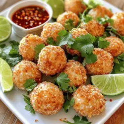 - 1 pound raw shrimp, peeled and deveined - 1/2 cup breadcrumbs - 1/4 cup green onions, finely chopped - 2 cloves garlic, minced - 1 teaspoon ginger, grated - 1 egg, beaten - 1 tablespoon soy sauce - 1 teaspoon sesame oil - 1/2 teaspoon salt - 1/4 teaspoon black pepper - 1/2 cup sweet chili sauce - 1 tablespoon rice vinegar - 1 teaspoon lime juice - 1/2 teaspoon crushed red pepper flakes - Vegetable oil for frying To make crispy shrimp balls, you need fresh ingredients. Start with raw shrimp. Peel and devein them for the best flavor. The breadcrumbs give your shrimp balls a perfect crunch. Use fresh green onions for a mild onion taste. Minced garlic and grated ginger add warmth and depth. For the sauce, sweet chili sauce brings sweetness. Rice vinegar and lime juice add tang. Adjust the heat with crushed red pepper flakes. This combo makes a delightful dip. You can find the full recipe at the end. Let’s get cooking! Start by placing the raw shrimp in a food processor. Pulse until the shrimp are finely chopped, but do not puree them. You want a coarse paste that holds together. Next, grab a large mixing bowl and combine the chopped shrimp with the following ingredients: - 1/2 cup breadcrumbs - 1/4 cup green onions, finely chopped - 2 cloves garlic, minced - 1 teaspoon ginger, grated - 1 egg, beaten - 1 tablespoon soy sauce - 1 teaspoon sesame oil - 1/2 teaspoon salt - 1/4 teaspoon black pepper Mix everything well until it is fully combined. This mixture creates the base for your shrimp balls. Now it's time to shape the shrimp mixture into small balls. Use your hands to form them into 1-inch balls, making sure they are compact. Place each ball on a baking sheet that is lined with parchment paper. This helps to prevent sticking and makes for easy cleanup later. In a separate bowl, prepare the sweet chili sauce. Mix together: - 1/2 cup sweet chili sauce - 1 tablespoon rice vinegar - 1 teaspoon lime juice - 1/2 teaspoon crushed red pepper flakes Stir until everything is well blended. This sauce adds a nice kick to your crispy shrimp balls. Heat enough vegetable oil in a deep pan over medium heat. You want the oil hot, about 350°F or 175°C. Carefully lower the shrimp balls into the oil in batches. Avoid overcrowding the pan, as this will lower the oil temperature. Fry them for about 4-5 minutes. They should turn golden brown and crispy. Use a slotted spoon to take them out and place on a paper towel-lined plate to drain excess oil. For the full recipe, check back at the beginning of this article. Enjoy your crispy shrimp balls with that delicious sweet chili sauce! - Best oil for frying: I recommend using vegetable oil. It has a high smoke point, perfect for frying. Peanut oil is another great option with a nice flavor. - Tips for maintaining oil temperature: To keep the oil hot, use a thermometer. Aim for about 350°F (175°C). Fry in small batches to avoid cooling the oil. If the oil cools too much, the shrimp balls won't get crispy. - Suggestions for adding spices or herbs: Feel free to mix in some chopped cilantro or parsley. Adding a bit of lime zest can brighten the shrimp balls. For a kick, try adding a pinch of cayenne pepper or paprika. - Ways to adjust sweetness or heat in the sauce: If you want a sweeter sauce, add more sweet chili sauce. For extra heat, increase the red pepper flakes. You can also add a dash of hot sauce for a different flavor. - Creative serving ideas: Arrange the shrimp balls in a circle on a large plate. Place the sweet chili sauce in the middle for easy dipping. You can also use small bowls for individual servings. - Garnishing tips for visual appeal: Garnish with fresh cilantro and lime wedges. A sprinkle of sesame seeds adds a nice touch as well. This creates a colorful and inviting dish that looks great on any table. For the full recipe, check out the details in the earlier sections! {{image_2}} You can switch out shrimp for other seafood. Crab works well in this recipe. You can also use firm fish like cod or tilapia. Each option brings a unique flavor. If you want a vegetarian option, try using mashed chickpeas instead. For gluten-free diets, you can use almond flour or crushed rice cereal instead of breadcrumbs. These alternatives will keep your shrimp balls crispy without the gluten. While sweet chili sauce shines, you can try different dips. A tangy soy sauce with lime adds a zesty kick. You can also mix in some peanut butter for a creamy texture. If you like heat, add sriracha or garlic chili sauce to the sweet chili sauce. For a fresh twist, try adding herbs like cilantro or mint. They will brighten up the sauce and enhance the flavor. You can bake shrimp balls instead of frying them. Preheat the oven to 400°F (200°C) and place the balls on a baking sheet. Bake for 15-20 minutes until golden. This method is healthier and still delicious. If you have an air fryer, use it for a crispy finish. Set it to 375°F (190°C) and cook for 10-12 minutes. Shake the basket halfway to ensure even cooking. This method reduces oil use while keeping the flavor intact. Explore these variations to find your favorite way to enjoy crispy shrimp balls with sweet chili sauce! For more details, check the Full Recipe. To keep your crispy shrimp balls fresh, follow these steps. First, let the shrimp balls cool down to room temperature. Next, place them in an airtight container. This will help keep them moist and tasty. Store them in the fridge for up to three days. When you want to enjoy leftover shrimp balls, you need to reheat them right. The best way is to use an oven. Preheat your oven to 350°F (175°C). Place the shrimp balls on a baking sheet. Bake for about 10 minutes. This method keeps them crispy. You can also use an air fryer for the same time and temperature. It gives a nice crunch. If you want to save shrimp balls for later, freezing is a great option. To freeze uncooked shrimp balls, shape them and place them on a baking sheet. Freeze them until solid, then transfer to a zip-top bag. For cooked shrimp balls, let them cool, then follow the same steps. When you want to eat them, thaw in the fridge overnight. Cook them in the oven at 350°F (175°C) until hot. Enjoy your crispy delight anytime! To know if your shrimp balls are cooked, look for a few key signs. First, the shrimp balls should turn a golden brown color. This usually takes about 4-5 minutes of frying. Next, they should feel firm to the touch. If you press lightly, they should spring back. Lastly, you can cut one open; the shrimp should look opaque and not translucent anymore. This means they are fully cooked and safe to eat. Yes, you can make shrimp balls ahead of time! Preparing them in advance is a great idea for busy days. After shaping the shrimp balls, place them on a baking sheet. Cover them with plastic wrap and store them in the fridge for up to 24 hours. If you want to store them longer, freeze the shaped balls. Just be sure to freeze them on the baking sheet first, then transfer them to a bag once solid. This way, they won’t stick together. Crispy shrimp balls pair well with many sides. You can serve them with a fresh salad, like a cucumber or mango salad, for a bright touch. Rice or noodles make a great base, too. For a fun twist, try serving them with spring rolls or a side of crispy vegetables. Don't forget to have extra sweet chili sauce on the side for dipping! If you want to skip deep frying, you can bake or air-fry the shrimp balls. For baking, preheat your oven to 400°F (200°C). Place the shrimp balls on a lined baking sheet and spray them lightly with cooking oil. Bake for about 15-20 minutes, turning halfway through. They should be golden and firm when done. An air fryer is also a great option. Cook them at 375°F (190°C) for about 10-12 minutes, shaking the basket halfway through for even cooking. Both methods give you a crispy result without all the oil! This recipe for crispy shrimp balls combines fresh ingredients and a tasty sweet chili sauce. You learned how to prepare, fry, and serve these delicious bites. Remember, you can mix up flavors and experiment with sauces or cooking methods. Whether you choose to bake or fry, the goal is to enjoy your meal. These shrimp balls are perfect for parties or a cozy night in. Now, gather your ingredients and get cooking! You’ll love the results.