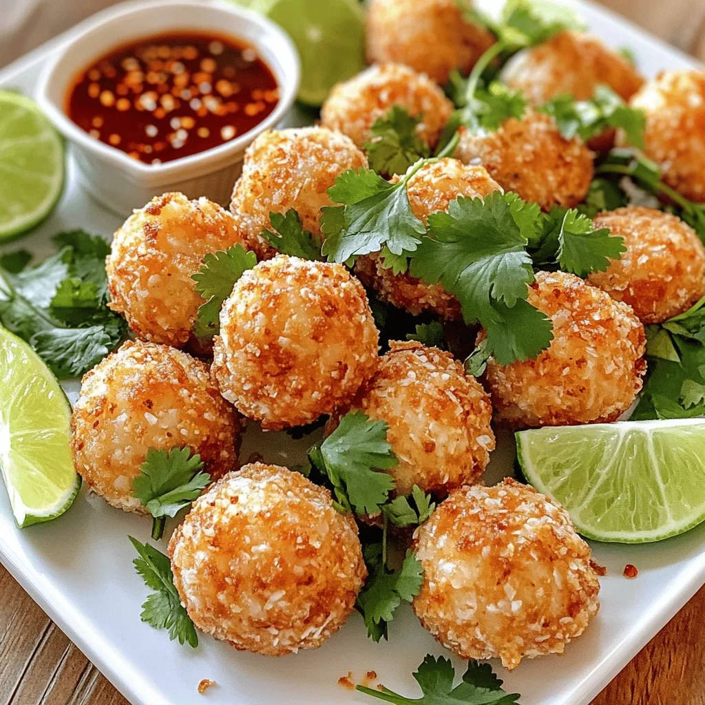 - 1 pound raw shrimp, peeled and deveined - 1/2 cup breadcrumbs - 1/4 cup green onions, finely chopped - 2 cloves garlic, minced - 1 teaspoon ginger, grated - 1 egg, beaten - 1 tablespoon soy sauce - 1 teaspoon sesame oil - 1/2 teaspoon salt - 1/4 teaspoon black pepper - 1/2 cup sweet chili sauce - 1 tablespoon rice vinegar - 1 teaspoon lime juice - 1/2 teaspoon crushed red pepper flakes - Vegetable oil for frying To make crispy shrimp balls, you need fresh ingredients. Start with raw shrimp. Peel and devein them for the best flavor. The breadcrumbs give your shrimp balls a perfect crunch. Use fresh green onions for a mild onion taste. Minced garlic and grated ginger add warmth and depth. For the sauce, sweet chili sauce brings sweetness. Rice vinegar and lime juice add tang. Adjust the heat with crushed red pepper flakes. This combo makes a delightful dip. You can find the full recipe at the end. Let’s get cooking! Start by placing the raw shrimp in a food processor. Pulse until the shrimp are finely chopped, but do not puree them. You want a coarse paste that holds together. Next, grab a large mixing bowl and combine the chopped shrimp with the following ingredients: - 1/2 cup breadcrumbs - 1/4 cup green onions, finely chopped - 2 cloves garlic, minced - 1 teaspoon ginger, grated - 1 egg, beaten - 1 tablespoon soy sauce - 1 teaspoon sesame oil - 1/2 teaspoon salt - 1/4 teaspoon black pepper Mix everything well until it is fully combined. This mixture creates the base for your shrimp balls. Now it's time to shape the shrimp mixture into small balls. Use your hands to form them into 1-inch balls, making sure they are compact. Place each ball on a baking sheet that is lined with parchment paper. This helps to prevent sticking and makes for easy cleanup later. In a separate bowl, prepare the sweet chili sauce. Mix together: - 1/2 cup sweet chili sauce - 1 tablespoon rice vinegar - 1 teaspoon lime juice - 1/2 teaspoon crushed red pepper flakes Stir until everything is well blended. This sauce adds a nice kick to your crispy shrimp balls. Heat enough vegetable oil in a deep pan over medium heat. You want the oil hot, about 350°F or 175°C. Carefully lower the shrimp balls into the oil in batches. Avoid overcrowding the pan, as this will lower the oil temperature. Fry them for about 4-5 minutes. They should turn golden brown and crispy. Use a slotted spoon to take them out and place on a paper towel-lined plate to drain excess oil. For the full recipe, check back at the beginning of this article. Enjoy your crispy shrimp balls with that delicious sweet chili sauce! - Best oil for frying: I recommend using vegetable oil. It has a high smoke point, perfect for frying. Peanut oil is another great option with a nice flavor. - Tips for maintaining oil temperature: To keep the oil hot, use a thermometer. Aim for about 350°F (175°C). Fry in small batches to avoid cooling the oil. If the oil cools too much, the shrimp balls won't get crispy. - Suggestions for adding spices or herbs: Feel free to mix in some chopped cilantro or parsley. Adding a bit of lime zest can brighten the shrimp balls. For a kick, try adding a pinch of cayenne pepper or paprika. - Ways to adjust sweetness or heat in the sauce: If you want a sweeter sauce, add more sweet chili sauce. For extra heat, increase the red pepper flakes. You can also add a dash of hot sauce for a different flavor. - Creative serving ideas: Arrange the shrimp balls in a circle on a large plate. Place the sweet chili sauce in the middle for easy dipping. You can also use small bowls for individual servings. - Garnishing tips for visual appeal: Garnish with fresh cilantro and lime wedges. A sprinkle of sesame seeds adds a nice touch as well. This creates a colorful and inviting dish that looks great on any table. For the full recipe, check out the details in the earlier sections! {{image_2}} You can switch out shrimp for other seafood. Crab works well in this recipe. You can also use firm fish like cod or tilapia. Each option brings a unique flavor. If you want a vegetarian option, try using mashed chickpeas instead. For gluten-free diets, you can use almond flour or crushed rice cereal instead of breadcrumbs. These alternatives will keep your shrimp balls crispy without the gluten. While sweet chili sauce shines, you can try different dips. A tangy soy sauce with lime adds a zesty kick. You can also mix in some peanut butter for a creamy texture. If you like heat, add sriracha or garlic chili sauce to the sweet chili sauce. For a fresh twist, try adding herbs like cilantro or mint. They will brighten up the sauce and enhance the flavor. You can bake shrimp balls instead of frying them. Preheat the oven to 400°F (200°C) and place the balls on a baking sheet. Bake for 15-20 minutes until golden. This method is healthier and still delicious. If you have an air fryer, use it for a crispy finish. Set it to 375°F (190°C) and cook for 10-12 minutes. Shake the basket halfway to ensure even cooking. This method reduces oil use while keeping the flavor intact. Explore these variations to find your favorite way to enjoy crispy shrimp balls with sweet chili sauce! For more details, check the Full Recipe. To keep your crispy shrimp balls fresh, follow these steps. First, let the shrimp balls cool down to room temperature. Next, place them in an airtight container. This will help keep them moist and tasty. Store them in the fridge for up to three days. When you want to enjoy leftover shrimp balls, you need to reheat them right. The best way is to use an oven. Preheat your oven to 350°F (175°C). Place the shrimp balls on a baking sheet. Bake for about 10 minutes. This method keeps them crispy. You can also use an air fryer for the same time and temperature. It gives a nice crunch. If you want to save shrimp balls for later, freezing is a great option. To freeze uncooked shrimp balls, shape them and place them on a baking sheet. Freeze them until solid, then transfer to a zip-top bag. For cooked shrimp balls, let them cool, then follow the same steps. When you want to eat them, thaw in the fridge overnight. Cook them in the oven at 350°F (175°C) until hot. Enjoy your crispy delight anytime! To know if your shrimp balls are cooked, look for a few key signs. First, the shrimp balls should turn a golden brown color. This usually takes about 4-5 minutes of frying. Next, they should feel firm to the touch. If you press lightly, they should spring back. Lastly, you can cut one open; the shrimp should look opaque and not translucent anymore. This means they are fully cooked and safe to eat. Yes, you can make shrimp balls ahead of time! Preparing them in advance is a great idea for busy days. After shaping the shrimp balls, place them on a baking sheet. Cover them with plastic wrap and store them in the fridge for up to 24 hours. If you want to store them longer, freeze the shaped balls. Just be sure to freeze them on the baking sheet first, then transfer them to a bag once solid. This way, they won’t stick together. Crispy shrimp balls pair well with many sides. You can serve them with a fresh salad, like a cucumber or mango salad, for a bright touch. Rice or noodles make a great base, too. For a fun twist, try serving them with spring rolls or a side of crispy vegetables. Don't forget to have extra sweet chili sauce on the side for dipping! If you want to skip deep frying, you can bake or air-fry the shrimp balls. For baking, preheat your oven to 400°F (200°C). Place the shrimp balls on a lined baking sheet and spray them lightly with cooking oil. Bake for about 15-20 minutes, turning halfway through. They should be golden and firm when done. An air fryer is also a great option. Cook them at 375°F (190°C) for about 10-12 minutes, shaking the basket halfway through for even cooking. Both methods give you a crispy result without all the oil! This recipe for crispy shrimp balls combines fresh ingredients and a tasty sweet chili sauce. You learned how to prepare, fry, and serve these delicious bites. Remember, you can mix up flavors and experiment with sauces or cooking methods. Whether you choose to bake or fry, the goal is to enjoy your meal. These shrimp balls are perfect for parties or a cozy night in. Now, gather your ingredients and get cooking! You’ll love the results.