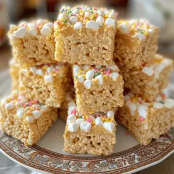 To make your Chewy Rice Krispies Treats, gather these simple items: - 6 cups Rice Krispies cereal - 4 cups mini marshmallows - 3 tablespoons unsalted butter - 1 teaspoon vanilla extract - ½ teaspoon sea salt - ½ cup creamy peanut butter - ½ cup chocolate chips (optional) - ¼ cup colorful sprinkles (optional) To ensure your treats have the perfect chewiness, use fresh mini marshmallows. Older marshmallows can harden. The peanut butter also adds a nice texture and flavor. If you want your treats softer, use less Rice Krispies cereal. This makes the mix thicker, giving a gooey bite. A pinch of sea salt balances the sweetness. If you want to mix it up, here are some fun swaps: - Use brown rice cereal for a different flavor. - Swap creamy peanut butter for almond or cashew butter for a nutty twist. - Try adding dried fruits like raisins or cranberries for a chewy surprise. - Replace chocolate chips with butterscotch or white chocolate for variety. Feel free to experiment with these swaps to find your favorite! For the full recipe, check it out. 1. Start by gathering all your ingredients. This helps keep you organized. 2. In a large saucepan, melt the butter over low heat. Make sure not to burn it. 3. Once the butter is melted, add in the mini marshmallows. Stir them until they melt smooth. 4. Remove the pan from heat. Quickly mix in the vanilla extract and sea salt. 5. Next, add the creamy peanut butter. Stir until it blends well into the mixture. 6. Gradually add the Rice Krispies cereal. Stir gently so every piece gets coated. 7. If you want, fold in the chocolate chips and sprinkles. This adds fun flavors and colors. 8. Lightly grease a 9x13 inch baking dish or use parchment paper. This helps with easy removal. 9. Pour the mixture into the dish. Press down firmly to make an even layer. 10. Allow the treats to cool for about 30 minutes. Then, cut them into squares or bars. Using a visual guide can make cooking easier. Consider taking photos at each step. This helps you see how the texture changes. It also keeps you engaged. - Too Hard: If the treats are hard, you may have used too many marshmallows. Next time, stick to the recipe. - Too Sticky: If they stick to your hands, your hands may need a light grease. Try using cooking spray. - Uneven Texture: Make sure to stir evenly when mixing. This ensures all pieces are coated well. - Mix Sticking: If your mixture sticks to the pan, let it cool longer. This helps it set properly. These steps guide you toward making perfect chewy Rice Krispies treats. Enjoy the fun of creating your very own! For a complete view of the recipe, check out the Full Recipe. To make your Rice Krispies treats chewy, use a good amount of marshmallows. I like to add extra marshmallows for that soft texture. The creamy peanut butter also helps with chewiness. It adds richness and keeps the treats moist. Mixing the ingredients gently is key. Over-mixing can make them tough. Press the mixture firmly but not too hard into the pan. This method helps them hold their shape while staying chewy. You don’t need fancy tools for this recipe. Here’s what I use: - Large saucepan - Wooden spoon or spatula - 9x13 inch baking dish - Cooking spray or parchment paper - Measuring cups and spoons These tools will help you create the perfect treats. The saucepan should be big enough to melt all the marshmallows at once. A spatula helps mix the ingredients smoothly. Greasing the baking dish makes it easy to lift out the treats later. For serving, cut your treats into squares or bars. I love stacking them on a decorative plate. Add extra sprinkles on top for a fun touch. For gifts, wrap each treat in cellophane. Tie them with a ribbon for a cute look. You can also serve them with a scoop of ice cream on the side. This adds a nice twist and makes them even more fun. Enjoy the colorful and tasty treats with friends and family! {{image_2}} You can easily change the flavor of your Chewy Rice Krispies Treats. Adding chocolate or peanut butter gives them a new twist. To make chocolate treats, mix in ½ cup of chocolate chips when the marshmallows melt. For a peanut butter version, add ½ cup of creamy peanut butter to the melted marshmallows. You can also use other flavors like butterscotch or white chocolate. If you need gluten-free treats, use gluten-free Rice Krispies cereal. For vegan treats, swap the butter for coconut oil and use vegan marshmallows. This way, everyone can enjoy these yummy snacks. You can also look for dairy-free chocolate chips to keep it all vegan. You can add fun touches for different seasons or holidays. For Halloween, mix in some candy corn or use orange and black sprinkles. For Christmas, try adding crushed peppermint candies or red and green sprinkles. You can even shape the treats into hearts for Valentine’s Day. Let your creativity shine! To keep your Chewy Rice Krispies Treats fresh, store them in an airtight container. Make sure the container is dry before adding the treats. This helps prevent any moisture from making them hard. Place a piece of parchment paper between layers if you stack them. This stops them from sticking together. To keep the treats chewy, avoid exposing them to air. If they do get hard, you can soften them. Place a slice of bread in the container with the treats. The bread adds moisture, which will help bring back that chewy texture. Change the bread slice every few days to keep it fresh. If you want to gift these treats, wrap them in colorful cellophane. Tie with a ribbon for a cute touch. You can also place them in a clear jar. This looks festive and shows off the sprinkles. For parties, stack the treats on a plate and add a few more sprinkles on top. This makes them fun and inviting. For the full recipe, check out the detailed instructions above. To make your Rice Krispies treats softer, use more marshmallows. You can try adding an extra cup of mini marshmallows to your mix. The more marshmallows you use, the gooier they will be. Another tip is to reduce the heat while melting the butter and marshmallows. If you melt them slowly, they stay softer. You can also add a bit more peanut butter for creaminess. This gives a nice chew and richness to each bite. Yes, you can freeze Chewy Rice Krispies Treats! First, let them cool completely. Wrap them in plastic wrap or foil tightly. Then, place them in a freezer-safe bag or container. When you want to enjoy them, simply take them out and let them thaw at room temperature. They will taste fresh after freezing, but the texture might change slightly. Cutting Rice Krispies treats can be tricky. First, let the treats cool in the baking dish. Use a sharp knife or a pizza cutter for the best results. To make cutting easier, spray the knife with cooking spray. This helps prevent sticking. Start by cutting the treats into squares or rectangles. For uniform pieces, measure with a ruler. This way, all your treats will look great and be easy to share. We’ve covered a lot about making the perfect chewy Rice Krispies treats. You learned about essential ingredients, cooking steps, and tips to enhance chewiness. Flavor variations offer exciting options, while storage tips ensure freshness. Always remember, treating yourself doesn't have to be complicated. With these insights, you can create delicious treats to share with friends and family. Enjoy making and devouring your perfect chewy creations!