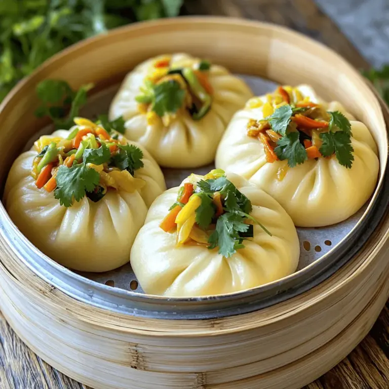 To make perfect steamed bao buns, you need a few key ingredients. Here’s what you will need: - 2 cups all-purpose flour - 1 tablespoon sugar - 1 teaspoon baking powder - 1/2 teaspoon salt - 3/4 cup warm water - 1 tablespoon active dry yeast - 1 tablespoon vegetable oil These items create a fluffy dough that rises well. The yeast is the magic ingredient that helps create the soft texture we love. You can customize bao buns with different fillings. Here are some tasty ideas: - Stir-fried vegetables - Tofu - Pulled chicken - Ground pork - Beef Feel free to mix and match! Adding fresh herbs like cilantro or green onions can enhance flavors. To make this recipe easier, gather these tools: - Mixing bowls - A whisk - A rolling pin - A steamer basket - Parchment paper These tools help you mix, shape, and steam the buns perfectly. Investing in a good steamer basket is key for even cooking. For the full recipe, be sure to check the detailed instructions. To start, grab a small bowl. Mix warm water and sugar in it. Then, sprinkle the yeast on top. Let it sit for about 5 to 10 minutes. You will see bubbles forming. This means your yeast is alive and ready to use. Next, take a large bowl. Whisk together the flour, baking powder, and salt. Make a well in the middle of the flour mix. Pour the yeast mixture and vegetable oil into the well. Mix everything until a dough forms. Now, knead the dough on a floured surface for about 10 minutes. You want it to feel smooth and stretchy. Place the dough in a greased bowl. Cover it with a damp cloth and let it rise for about 1 hour. The dough should double in size. Once the dough has risen, punch it down to remove air. Knead it for another minute. Divide the dough into 10 to 12 equal pieces. Roll each piece into a ball. Flatten them into circles about 4 inches wide. Put your filling in the center of each circle. Carefully fold the edges over the filling and pinch them to seal. Line a steamer basket with parchment paper. Place the filled buns in the basket, leaving space between them. Fill a pot or wok with water and bring it to a simmer. Set the steamer basket over the simmering water. Cover it and steam the buns for 15 to 20 minutes. They should look fluffy and cooked through. After steaming, carefully remove the buns and let them cool for a few minutes. Enjoy them warm! For more details, check the Full Recipe. To make great bao buns, focus on the dough. You want it soft and smooth. Use all-purpose flour for the best texture. When mixing, add the yeast mixture slowly. Knead the dough for about 10 minutes. This helps develop gluten. Gluten gives the dough its structure. If it feels sticky, add a tiny bit of flour. If it feels too dry, add a few drops of water. After rising, the dough should be puffy. A good dough means fluffy buns! Many people rush the yeast step. Don’t skip letting the yeast foam up. This adds flavor and helps the dough rise. Another mistake is over-kneading. Knead until smooth but don’t go overboard. Also, avoid adding too much filling. Too much can cause the buns to burst while cooking. Lastly, ensure you leave space in the steamer. They need room to grow as they steam. Steaming is key for bao buns. Use a pot or wok with water simmering, not boiling. Place the steamer basket on top with the lid on. This keeps the heat and moisture in. If you have a bamboo steamer, use it! It adds a nice touch. Steam the buns for 15-20 minutes. Check them halfway through. If they look too wet, let them steam longer. Follow these tips and you'll have perfect bao buns every time. For the full recipe, check out the detailed instructions above. {{image_2}} Bao buns are great because you can fill them with many tasty things. Some popular fillings include: - Pulled pork: This adds a sweet and savory flavor. - Chicken: Use stir-fried or roasted chicken for a hearty bite. - Beef: Marinated beef gives a nice umami taste. - Tofu: A great choice for a plant-based option. - Vegetables: Stir-fried veggies add crunch and color. You can mix and match these fillings as you like. Experimenting with flavors is part of the fun! Bao buns can be shaped in many ways. The classic shape is a round, fluffy bun. However, you can also try: - Half-moon shape: Fold the dough over the filling for a cute look. - Square shape: Flatten the dough and cut it into squares before filling. - Mini buns: Make smaller versions for bite-sized treats. To present your bao buns, you can serve them on a platter or in a bamboo steamer. It adds a nice touch! Making vegetarian and vegan bao buns is easy. You can use: - Mushrooms: They add a meaty texture and rich flavor. - Lentils: Cooked lentils are filling and nutritious. - Spiced chickpeas: They provide protein and a great taste. - Cabbage: Stir-fried cabbage with spices adds crunch. Ensure you use plant-based sauces and oils for your fillings. This way, everyone can enjoy delicious bao buns. For more ideas, check out the Full Recipe. To keep leftover bao buns fresh, let them cool first. Place them in an airtight container. You can store them in the fridge for about 3 days. If you want them to last longer, freezing is a great option. When reheating bao buns, steam them for about 5 minutes. This keeps them moist and fluffy. You can also use a microwave, but cover them with a damp paper towel. Heat in short bursts of 15 seconds until warm. Avoid overheating; this can dry them out. Freezing bao buns is easy. Before freezing, make sure they are fully cooked and cooled. Place them in a single layer on a baking sheet. Freeze for an hour, then transfer them to a freezer bag. They can last up to 3 months. To use, steam them directly from the freezer for about 10-12 minutes. You can find the full recipe for making these delicious buns [here](#). Chinese steamed bao buns have a rich history. They trace back to the Three Kingdoms period. A famous general named Zhuge Liang created them as portable food. Bao buns became popular in various regions of China over time. Each region adds its unique twist. Today, they are enjoyed worldwide as a delicious snack or meal. Yes, you can make the dough ahead of time. After kneading, allow the dough to rise. Then, punch it down and wrap it tightly. Store it in the fridge for up to 24 hours. When ready, let it come to room temperature before shaping. This makes meal prep easier. You can serve bao buns with many tasty sides. Consider these options: - Pickled vegetables - Spicy dipping sauces - Fresh herbs like cilantro - Soy sauce or hoisin sauce - Stir-fried greens These add flavor and texture to your meal. To make more bao buns, simply double or triple the ingredients. Keep the same proportions. Use a larger mixing bowl for your dough. Make sure you have enough space in your steamer. This way, you can steam them in batches. Enjoy sharing with friends and family! Yes, you can make gluten-free bao buns. Use a gluten-free flour blend instead of all-purpose flour. Make sure it includes xanthan gum for structure. The texture might differ slightly, but they will still be tasty. Experiment with different gluten-free flours to find your favorite. In this post, we explored the essentials for making steamed bao buns, from ingredients to techniques. You learned how to prepare the dough, shape your buns, and the steaming process. I shared tips to help you avoid common mistakes and variations to excite your taste buds. Remember, experimenting with fillings can bring new flavors. Whether you enjoy them fresh or stored for later, bao buns offer a fun cooking adventure. Dive in and enjoy this tasty treat!