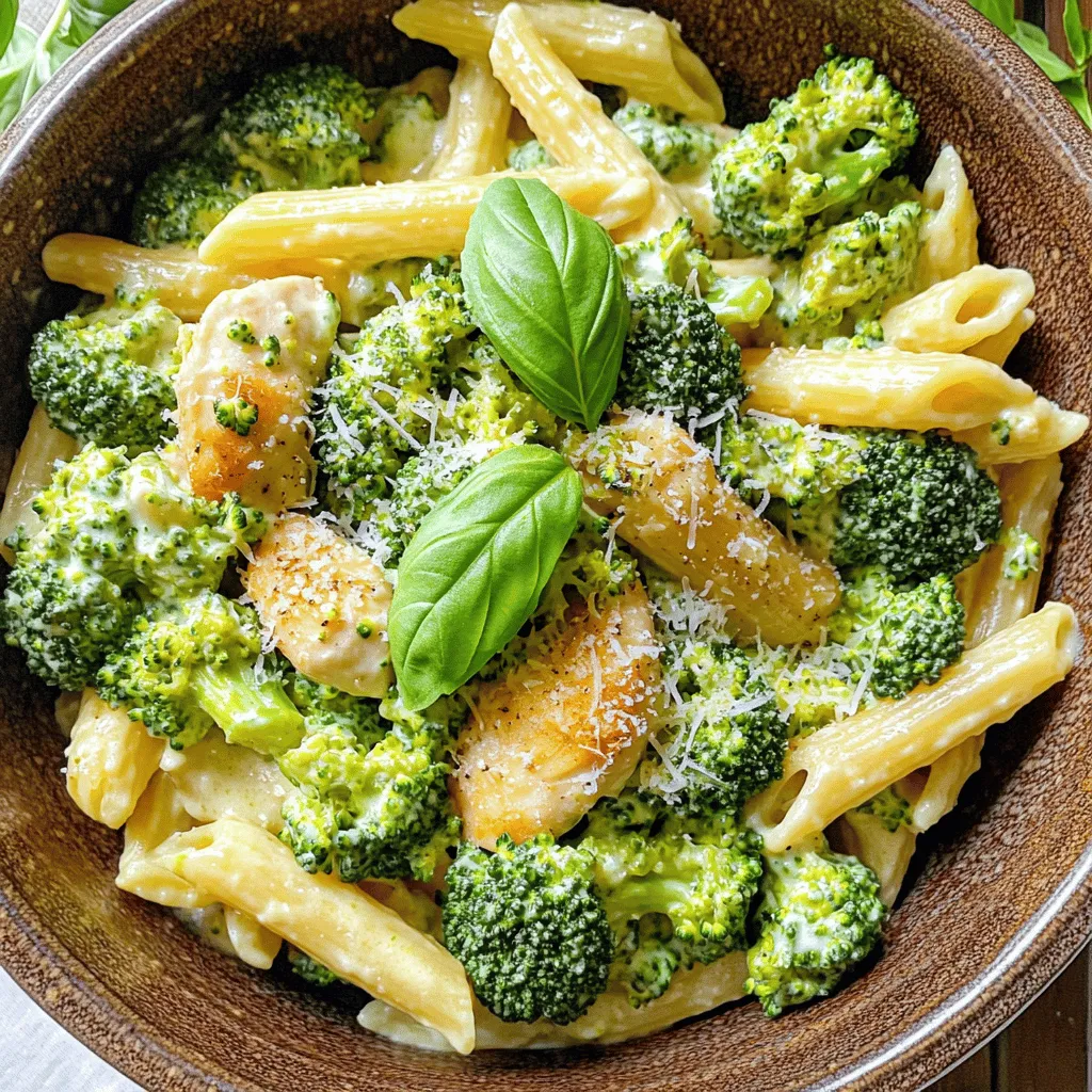 To make creamy broccoli chicken penne, you need these ingredients: - 2 cups penne pasta - 2 cups broccoli florets - 1 pound boneless, skinless chicken breasts, cubed - 1 cup heavy cream - 1 cup grated Parmesan cheese - 2 cloves garlic, minced - 1 teaspoon Italian seasoning - 2 tablespoons olive oil - Salt and pepper to taste - ½ teaspoon red pepper flakes (optional for heat) - Fresh basil leaves for garnish (optional) These ingredients come together to create a rich and creamy dish. Each one plays a key role in adding flavor and texture. If you need to swap out some ingredients, here are a few options: - Instead of penne pasta, try fusilli or rotini for a fun twist. - Use frozen broccoli florets if fresh isn't handy. Just thaw and drain. - Swap heavy cream with half-and-half for a lighter sauce. - Grated mozzarella cheese works well if you don’t have Parmesan. - For a different flavor, try using thyme instead of Italian seasoning. These substitutions can help you adapt the recipe based on what you have at home. When picking fresh ingredients, consider these tips: - Broccoli: Look for bright green florets without yellow spots. They should feel firm and crisp. - Chicken: Choose chicken that is pink and moist, not slimy or discolored. Check the sell-by date. - Pasta: Opt for dried pasta that is sealed and free from moisture. - Cream: Select heavy cream with a good fat content for the best texture. Fresh ingredients will make your creamy broccoli chicken penne taste even better. Enjoy the process of selecting the best! First, boil a large pot of salted water. This step is key for flavor. Once the water is boiling, add 2 cups of penne pasta. Cook it according to the package instructions until it’s al dente. This usually takes about 10–12 minutes. In the last 3 minutes, add 2 cups of broccoli florets to the pot. This method cooks the broccoli perfectly. Drain everything well and set it aside. Now, heat 2 tablespoons of olive oil in a large skillet over medium heat. Once hot, add 1 pound of cubed boneless, skinless chicken breasts. Season the chicken with salt, pepper, and 1 teaspoon of Italian seasoning. Cook for about 5–7 minutes. Look for a nice golden color and ensure the chicken is cooked through. This adds great flavor. Remove the chicken from the skillet and set it aside. In the same skillet, add 2 cloves of minced garlic. Sauté the garlic for about 30 seconds until it smells good. Lower the heat, then pour in 1 cup of heavy cream. Stir well to mix. Gradually add in 1 cup of grated Parmesan cheese. Stir until the cheese melts and the sauce is smooth. This creamy sauce is what makes the dish special. Now, add the cooked chicken, broccoli, and drained penne pasta to the skillet. Toss everything gently. Ensure all the pasta is nicely coated in the sauce. Taste, then adjust seasoning with salt, pepper, and red pepper flakes if you want a bit of heat. Serve your creamy broccoli chicken penne right away. It’s ready to impress! For the complete recipe, check the Full Recipe section. To get the best creamy texture, always use heavy cream. It makes a rich sauce. Avoid low-fat options, as they can break down and lose texture. Heat the cream gently. If it gets too hot, it may separate. Stir in the cheese slowly, allowing it to melt. This helps create a smooth sauce. Adding minced garlic brings depth to your dish. You can also use fresh herbs like basil or parsley for a burst of freshness. Red pepper flakes add a nice kick. If you want more flavor, try adding a splash of lemon juice. It brightens the dish and complements the creaminess. One common mistake is overcooking the pasta. It should be al dente, as it will cook more in the sauce. Another mistake is not seasoning properly. Taste your sauce before serving. Adjusting salt and pepper can make a big difference. Lastly, don't skip the resting time after cooking. Letting the dish sit helps the flavors blend. For the complete recipe, check out the Full Recipe section. {{image_2}} You can boost the nutrition by adding more veggies. Try bell peppers for color and crunch. Spinach adds great flavor and a pop of green. Carrots are sweet and fun to chew. Just chop them small so they cook well. Toss them in with the chicken or during the last few minutes of cooking the pasta. This way, they stay fresh and bright. If chicken isn’t your thing, you have options. Shrimp is a quick and tasty choice. Just cook it for a few minutes until it turns pink. Tofu is great for a vegetarian dish. Use firm tofu and sauté it until golden. You can even use cooked sausage for a bold flavor. Each protein adds its own special twist to the dish. To make this dish gluten-free, swap out regular penne for gluten-free pasta. Many brands offer great alternatives that taste just as good. Make sure to check the labels for any hidden gluten. You can also use zucchini noodles for a lighter option. They add a fresh flavor and are low in carbs. Just spiralize them and sauté briefly before mixing with the sauce. Enjoy your creamy broccoli chicken penne with these fun variations! For the full recipe, check the earlier section. Store your creamy broccoli chicken penne in an airtight container. Make sure it cools down first. This helps keep your food fresh and tasty. You can keep it in the fridge for up to three days. Always label your container with the date. This way, you can track how long it has been stored. When you want to enjoy your leftovers, reheat them gently. Use the microwave or a stovetop. If using a microwave, cover the dish to keep moisture in. Heat it in short bursts, stirring in between. This ensures even heating. On the stovetop, add a splash of cream or water. This helps bring back the creamy texture. Heat on low until warmed throughout. Freezing creamy broccoli chicken penne is simple. First, let it cool completely. Then, place it in a freezer-safe container. Remove as much air as possible to prevent freezer burn. It can stay frozen for up to three months. When ready to eat, thaw it overnight in the fridge. Reheat as mentioned before for the best taste. Find the full recipe for more insights on preparing this dish perfectly. Creamy Broccoli Chicken Penne will last about 3 to 4 days in the fridge. Make sure to store it in an airtight container. This keeps the flavors fresh and prevents spoilage. If you notice any off smell or change in texture, it's best to toss it out. Yes, you can make this recipe ahead of time. Cook the pasta, chicken, and sauce as directed. Store each component separately in the fridge. When ready to eat, just combine them and heat them up. This saves time on busy nights. You can serve Creamy Broccoli Chicken Penne with a side salad or garlic bread. A fresh green salad adds crunch and balance. Garlic bread brings warmth and flavor to the meal. Both options complement the creamy penne perfectly. For more ideas, check out the Full Recipe for creative sides! This blog post laid out the ingredients, steps, and tips for making creamy broccoli chicken penne. You learned which fresh ingredients to choose and how to swap them. The cooking steps ensure your dish comes out tasty every time. I shared best practices and common mistakes to avoid. Different variations let you customize the dish to suit your needs. Now, you have the tools to store and reheat it right. Enjoy making this simple yet delicious meal!