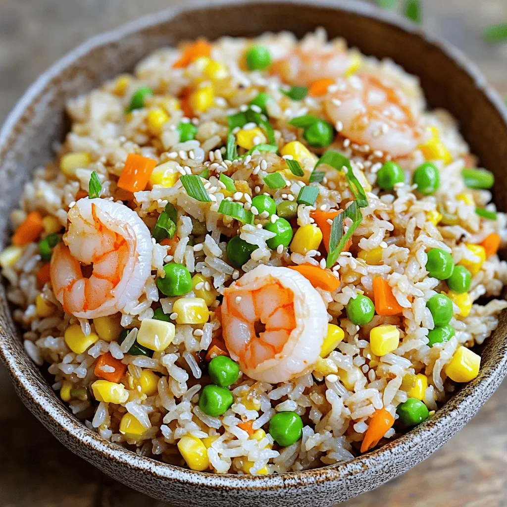 - 2 cups cooked jasmine rice (preferably day-old) - 1 pound shrimp, peeled and deveined - 2 tablespoons vegetable oil (divided) - 2 eggs, beaten - 1 cup mixed vegetables (peas, carrots, and corn) - 3 green onions, sliced (white and green parts separated) - 2 cloves garlic, minced - 2 tablespoons soy sauce - 1 tablespoon oyster sauce - 1 teaspoon sesame oil - Salt and pepper to taste In this dish, I love using day-old jasmine rice. The rice gets firmer, making it perfect for frying. When I prepare my shrimp, I make sure they are peeled and deveined. This saves time and gives a better bite. I use a mix of peas, carrots, and corn for color and crunch. The green onions add a fresh taste, and the garlic gives a nice aroma. For sauces, I stick with soy sauce and oyster sauce. They boost the flavor and make the rice shine. Finally, I season with sesame oil, salt, and pepper. These ingredients come together to create a tasty and delightful meal. Check out the Full Recipe for all the steps! - Step 1: Prepare the Shrimp Start by seasoning the shrimp. Use salt and pepper to taste. Place them in a bowl and set them aside. This simple step boosts the shrimp's flavor. - Step 2: Heat Oil Grab a large wok or skillet. Heat 1 tablespoon of vegetable oil over medium-high heat. Make sure the oil is hot before adding anything. - Step 3: Cook Shrimp Add the shrimp to the hot oil. Cook for about 2-3 minutes. They should turn pink and opaque. Once done, remove the shrimp and set them aside. - Step 4: Scramble Eggs In the same skillet, pour in the beaten eggs. Scramble them until fully cooked. This adds richness to your fried rice. Set the eggs aside with the shrimp. - Step 5: Sauté Vegetables Add the remaining tablespoon of oil to the skillet. Toss in the minced garlic and the white parts of the green onions. Sauté for about 30 seconds. The smell will be amazing! - Step 6: Add Mixed Vegetables Now stir in the mixed vegetables. Cook for about 2-3 minutes. You want them tender but still bright in color. - Step 7: Combine Ingredients Add the cooked jasmine rice to the skillet. Mix well with the vegetables. This helps the rice soak up all those tasty flavors. - Step 8: Season the Rice Pour soy sauce, oyster sauce, and sesame oil over the rice. Stir-fry for around 5 minutes. Ensure the rice gets heated through and coated evenly with the sauces. - Step 9: Finish Up Toss the cooked shrimp and scrambled eggs back into the skillet. Mix everything together well. Cook for another 2 minutes to blend the flavors. - Step 10: Serve Stir in the green parts of the green onions. Adjust seasoning with salt and pepper if needed. Serve the fried rice in bowls or on a platter. Garnish with extra green onions for a nice touch. Enjoy your Chinese Style Shrimp Fried Rice with pride! For more detailed instructions, check out the Full Recipe. To get that real fried rice taste, use day-old rice. Fresh rice has too much moisture. It can turn mushy when you cook it. Day-old rice dries out a bit, making it perfect for frying. For sauces, soy sauce and oyster sauce are key. They add depth and rich flavor. Use low-sodium soy sauce if you want to control the saltiness. This keeps the dish balanced. When sautéing, use high heat. This helps the rice fry well and get a nice texture. Keep stirring to avoid burning. A wok is great for this, but a large skillet works too. For shrimp, cook them quickly. They should turn pink and opaque in just a few minutes. Overcooking makes them tough. Remove them once they are done, and add them back later to keep them juicy. For serving, use bowls or a large platter. It makes the dish look inviting. Garnish with sliced green onions on top. You can also sprinkle sesame seeds for extra crunch. This adds color and makes your fried rice pop! For those who love a bit of flair, you can drizzle some extra sesame oil before serving. It adds a nice shine and flavor boost. Enjoy your dish with pride! For a full recipe, check the [Full Recipe]. {{image_2}} You can change up the protein in your shrimp fried rice. If shrimp isn’t your thing, consider using chicken or tofu. Both options work well and keep the dish tasty. - Chicken: Use cooked, shredded chicken for a hearty meal. - Tofu: Firm tofu adds a nice texture and absorbs flavors well. For vegetarian options, skip the shrimp and add more veggies like bell peppers or broccoli. This makes a colorful and healthy dish that everyone will enjoy. To spice things up, think about adding more flavors. You can try different spices to make it unique. A dash of five-spice powder adds warmth. - Additional Spices: Consider garlic powder or ginger for extra flavor. - Heat Levels: If you like it spicy, add some chili paste or red pepper flakes. Adjust the seasoning based on your taste. Fried rice varies by region. In Cantonese cuisine, you might find a sweeter version with soy sauce. - Szechuan Style: This version adds a spicy kick with more peppers and garlic. - Thai Fried Rice: Often features basil and lime, giving it a fresh twist. Explore these regional takes to find your favorite! Each one offers a new way to enjoy this classic dish. For the full recipe, check out the earlier section. To keep your Chinese style shrimp fried rice fresh, store it properly. - Refrigeration Tips: Place the cooled fried rice in an airtight container. Store it in the fridge. It will last for about 3 to 4 days. Always check for any off-smells before using. - Freezing Guidelines: To freeze, use a freezer-safe container. Make sure to leave some space for expansion. The fried rice can stay good for about 1 to 2 months. When ready to eat, thaw it in the fridge overnight. Reheating shrimp fried rice is simple and easy. - Best Methods for Reheating: Use a skillet for best results. Heat it over medium heat. Add a splash of water or broth to help steam it. Stir often to prevent burning. You can also use a microwave. Cover it and heat in short bursts, stirring in between. - Tips to Maintain Texture and Flavor: To keep the rice fluffy, avoid reheating it too long. Adding a little oil while reheating can help restore some moisture and flavor. If you have fresh green onions, sprinkle them on top after reheating for a fresh taste. For a full experience, check out the Full Recipe and enjoy your tasty meal! Use day-old jasmine rice for the best fried rice. It has the right texture. Fresh rice can be too sticky. Day-old rice is drier, which helps it fry better. Yes, fresh shrimp works great! Just make sure to peel and devein them first. Fresh shrimp cooks quickly and adds a nice flavor. You can use broth or coconut aminos instead of soy sauce. For flavor, try adding ginger or lemon juice. This gives your fried rice a unique twist. You can absolutely customize the vegetables! Use your favorites like bell peppers or zucchini. Just ensure they are cut into small pieces for even cooking. In this article, I shared how to make a simple shrimp fried rice. We covered the ingredients, step-by-step instructions, and helpful tips to enhance flavor. You learned about proper storage techniques and variations to try. Making this dish is fun and rewarding. You can enjoy it any night of the week. Remember, cooking is all about experimenting. Don’t be afraid to make it your own! Happy cooking!