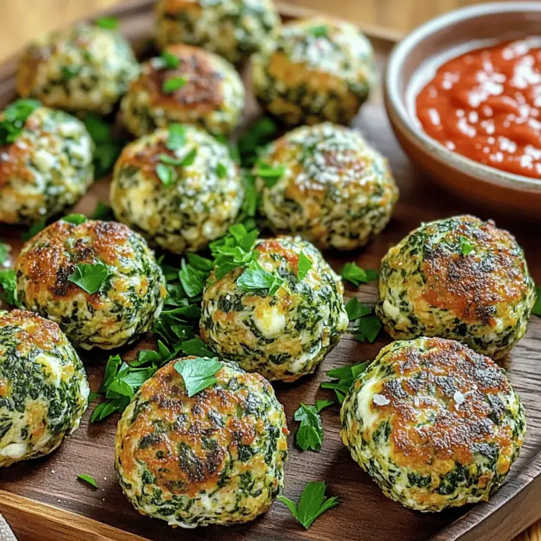 When you make Spinach Garlic Mozzarella Meatballs, you will need the following ingredients: - 1 lb ground beef or turkey - 1 cup fresh spinach, finely chopped - 2 cloves garlic, minced - 1 cup breadcrumbs - 1/2 cup shredded mozzarella cheese - 1/4 cup grated Parmesan cheese - 1 large egg - 1 teaspoon dried oregano - 1 teaspoon salt - 1/2 teaspoon black pepper - 1/4 cup fresh parsley, chopped - Marinara sauce, for serving These ingredients come together to create a dish that is rich in flavor. The ground meat forms the base, while the spinach adds a fresh touch. Garlic gives a nice kick, and the cheeses bring creaminess and depth. Using fresh herbs like parsley enhances the taste. Dried oregano adds an Italian flair. Don't forget the marinara sauce for serving—it ties everything together. You can check the [Full Recipe] for more details on how to combine these tasty elements. 1. Preheat the Oven: Start by preheating your oven to 400°F (200°C). This helps the meatballs cook evenly and get that nice golden color. Next, line a baking sheet with parchment paper. This makes clean-up easy and keeps the meatballs from sticking. 2. Mix Ingredients: In a large bowl, add the ground beef or turkey, chopped spinach, minced garlic, breadcrumbs, shredded mozzarella, grated Parmesan, egg, oregano, salt, pepper, and parsley. Use your hands to mix everything. Make sure it is well combined, but don’t overmix. 3. Form Meatballs: With your hands, scoop about 2 tablespoons of the mixture and roll it into a ball. Place each meatball on the prepared baking sheet. Leave some space between them. This helps them cook evenly and brown nicely. 1. Bake Meatballs: Place the baking sheet in the preheated oven. Bake the meatballs for 20-25 minutes. They should be golden brown and cooked through. A meat thermometer should read 165°F (74°C) when done. 2. Heat Marinara Sauce: While the meatballs bake, take a small saucepan and add your marinara sauce. Heat it over medium-low heat. Stir occasionally until it is warmed through. This will be perfect for serving with your meatballs. - Serve with Marinara Sauce: Once your meatballs are done, take them out of the oven. Let them cool for a few minutes. Serve them with your warm marinara sauce. You can drizzle the sauce over the meatballs or place it on the side for dipping. - Suggested Pairings: For a complete meal, serve these meatballs with crusty bread or pasta. They taste great with spaghetti, making for a comforting dish. Garnish with some extra parsley or Parmesan for a beautiful touch. For the full recipe, check out the Spinach Garlic Mozzarella Meatballs. Enjoy your cooking! To make perfect meatballs, start with the right ground meat. I like using ground beef, but turkey works well too. Choose a blend that has some fat. This keeps the meatballs moist. Mix the meat with your hands, but don’t overdo it. Overmixing makes them tough. Aim for a light touch. When forming the meatballs, keep them about the size of a golf ball. This helps them cook evenly. Herbs and spices can really boost flavor. I love adding fresh basil or thyme. You can also try a pinch of red pepper flakes for some heat. Adding extra veggies is easy too. Zucchini or grated carrots blend well and add moisture. Just make sure to chop them finely. This way, they mix in smoothly without changing the texture. Baking meatballs is simple and healthy. They cook evenly and turn golden brown. If you want a crispy outside, try pan-frying them first. Air frying is another great option. It gives you a nice crust with less oil. Whichever method you choose, keep an eye on them. Cook until they reach 160°F (70°C) for safe eating. {{image_2}} You can easily swap out ingredients for different diets. If you prefer plant-based options, use ground veggie meat instead of beef or turkey. This change keeps the dish tasty and adds a new flair. For cheese lovers who need dairy-free, try almond or cashew cheese. These alternatives melt well and still give that cheesy goodness. To give your meatballs an Italian twist, add extra spices like basil or thyme. A sprinkle of red pepper flakes can also spice things up. If you like a touch of sweetness, mix in some finely chopped bell peppers. These small changes can create a whole new flavor profile. Serve these meatballs over spaghetti for a classic dish. They pair nicely with marinara sauce, making a comforting meal. You can also turn them into meatball subs. Just place the meatballs in a crusty roll and add your favorite toppings. Sliders are another fun option. Use smaller meatballs on mini buns for a great party snack. Explore these variations to make each meal exciting. For the full recipe, check out the Spinach Garlic Mozzarella Meatballs 🥬🧄 section. After you make your spinach garlic mozzarella meatballs, let them cool down. Place them in a sealed container. This step keeps them fresh. Store them in the fridge for up to four days. If you want to enjoy them later, freezing is a great option. To freeze meatballs, first, place them in a single layer on a baking sheet. Freeze them for about one hour. Once frozen, transfer them to a freezer-safe bag. This method helps prevent them from sticking together. You can freeze the meatballs for up to three months. When you’re ready to eat, thaw them overnight in the fridge. Reheat them in the oven or microwave until hot. If you like quick meals, prep your meatballs in advance. Form them into balls and store them in a container. You can also portion them into meal-sized bags. This way, you can grab a serving whenever you need it. Label your bags with the date. This practice ensures you use them before they spoil. How to make meatballs without breadcrumbs? You can use oats or ground nuts instead of breadcrumbs. They will bind the meatball well. Just pulse them in a food processor. You can also try cooked rice or mashed potatoes for a different texture. Can I use frozen spinach instead of fresh? Yes, frozen spinach works great! Just thaw it and squeeze out extra water. This keeps your meatballs from getting soggy. Use it in the same amount as fresh spinach. What is the best way to reheat meatballs? The best way to reheat meatballs is in the oven. Preheat to 350°F (175°C) and place them on a baking sheet. Heat for about 10-15 minutes until warm. You can also reheat them in marinara sauce on the stove over low heat. Caloric content and nutritional benefits These meatballs are packed with flavor and nutrients. One meatball has about 150 calories. They offer a good mix of protein and healthy fats. Spinach adds fiber, vitamins, and minerals. Mozzarella cheese gives calcium and protein too. Protein and dietary considerations Each serving has about 20 grams of protein, making it filling and satisfying. If you use turkey, it’s leaner than beef. For a vegetarian option, try using plant-based meat. Just watch the sodium levels in store-bought alternatives. How long should meatballs bake for perfect doneness? Bake the meatballs for 20-25 minutes at 400°F (200°C). They should be golden brown and firm to the touch. Use a meat thermometer to check if they are cooked through. The internal temperature should reach 165°F (74°C). Adjustments for varying oven types If you have a convection oven, reduce the time by about 5 minutes. Check the meatballs a bit earlier since they cook faster. Always keep an eye on them to avoid overcooking. This blog post guides you through making delicious meatballs. We covered essential ingredients, step-by-step instructions, and helpful tips. You learned about variations and how to store leftovers. Whether you like classic meatballs or want to try new flavors, you have options. With these insights, you can easily create tasty meals that fit your needs. Enjoy cooking and experimenting with flavors in your kitchen!