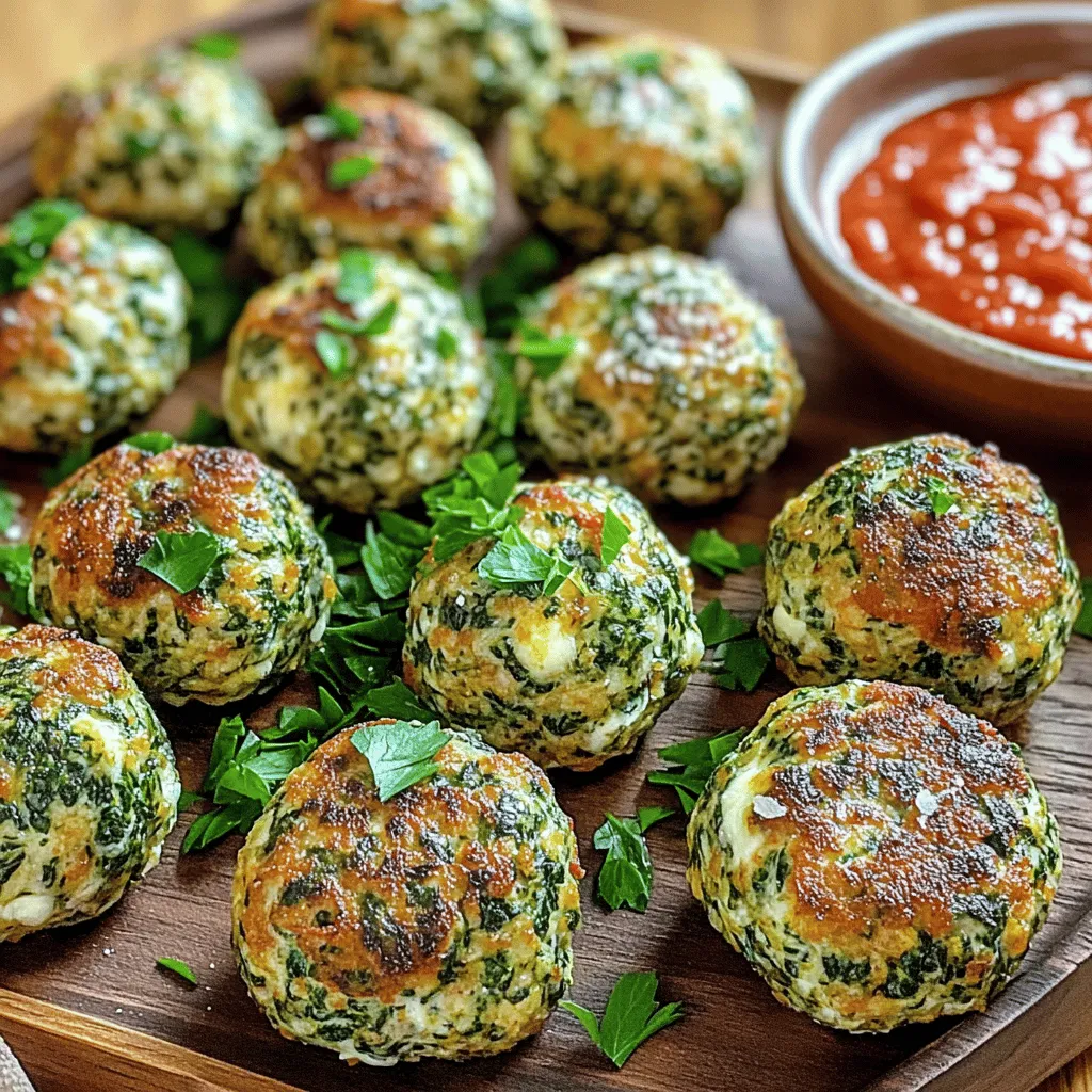 When you make Spinach Garlic Mozzarella Meatballs, you will need the following ingredients: - 1 lb ground beef or turkey - 1 cup fresh spinach, finely chopped - 2 cloves garlic, minced - 1 cup breadcrumbs - 1/2 cup shredded mozzarella cheese - 1/4 cup grated Parmesan cheese - 1 large egg - 1 teaspoon dried oregano - 1 teaspoon salt - 1/2 teaspoon black pepper - 1/4 cup fresh parsley, chopped - Marinara sauce, for serving These ingredients come together to create a dish that is rich in flavor. The ground meat forms the base, while the spinach adds a fresh touch. Garlic gives a nice kick, and the cheeses bring creaminess and depth. Using fresh herbs like parsley enhances the taste. Dried oregano adds an Italian flair. Don't forget the marinara sauce for serving—it ties everything together. You can check the [Full Recipe] for more details on how to combine these tasty elements. 1. Preheat the Oven: Start by preheating your oven to 400°F (200°C). This helps the meatballs cook evenly and get that nice golden color. Next, line a baking sheet with parchment paper. This makes clean-up easy and keeps the meatballs from sticking. 2. Mix Ingredients: In a large bowl, add the ground beef or turkey, chopped spinach, minced garlic, breadcrumbs, shredded mozzarella, grated Parmesan, egg, oregano, salt, pepper, and parsley. Use your hands to mix everything. Make sure it is well combined, but don’t overmix. 3. Form Meatballs: With your hands, scoop about 2 tablespoons of the mixture and roll it into a ball. Place each meatball on the prepared baking sheet. Leave some space between them. This helps them cook evenly and brown nicely. 1. Bake Meatballs: Place the baking sheet in the preheated oven. Bake the meatballs for 20-25 minutes. They should be golden brown and cooked through. A meat thermometer should read 165°F (74°C) when done. 2. Heat Marinara Sauce: While the meatballs bake, take a small saucepan and add your marinara sauce. Heat it over medium-low heat. Stir occasionally until it is warmed through. This will be perfect for serving with your meatballs. - Serve with Marinara Sauce: Once your meatballs are done, take them out of the oven. Let them cool for a few minutes. Serve them with your warm marinara sauce. You can drizzle the sauce over the meatballs or place it on the side for dipping. - Suggested Pairings: For a complete meal, serve these meatballs with crusty bread or pasta. They taste great with spaghetti, making for a comforting dish. Garnish with some extra parsley or Parmesan for a beautiful touch. For the full recipe, check out the Spinach Garlic Mozzarella Meatballs. Enjoy your cooking! To make perfect meatballs, start with the right ground meat. I like using ground beef, but turkey works well too. Choose a blend that has some fat. This keeps the meatballs moist. Mix the meat with your hands, but don’t overdo it. Overmixing makes them tough. Aim for a light touch. When forming the meatballs, keep them about the size of a golf ball. This helps them cook evenly. Herbs and spices can really boost flavor. I love adding fresh basil or thyme. You can also try a pinch of red pepper flakes for some heat. Adding extra veggies is easy too. Zucchini or grated carrots blend well and add moisture. Just make sure to chop them finely. This way, they mix in smoothly without changing the texture. Baking meatballs is simple and healthy. They cook evenly and turn golden brown. If you want a crispy outside, try pan-frying them first. Air frying is another great option. It gives you a nice crust with less oil. Whichever method you choose, keep an eye on them. Cook until they reach 160°F (70°C) for safe eating. {{image_2}} You can easily swap out ingredients for different diets. If you prefer plant-based options, use ground veggie meat instead of beef or turkey. This change keeps the dish tasty and adds a new flair. For cheese lovers who need dairy-free, try almond or cashew cheese. These alternatives melt well and still give that cheesy goodness. To give your meatballs an Italian twist, add extra spices like basil or thyme. A sprinkle of red pepper flakes can also spice things up. If you like a touch of sweetness, mix in some finely chopped bell peppers. These small changes can create a whole new flavor profile. Serve these meatballs over spaghetti for a classic dish. They pair nicely with marinara sauce, making a comforting meal. You can also turn them into meatball subs. Just place the meatballs in a crusty roll and add your favorite toppings. Sliders are another fun option. Use smaller meatballs on mini buns for a great party snack. Explore these variations to make each meal exciting. For the full recipe, check out the Spinach Garlic Mozzarella Meatballs 🥬🧄 section. After you make your spinach garlic mozzarella meatballs, let them cool down. Place them in a sealed container. This step keeps them fresh. Store them in the fridge for up to four days. If you want to enjoy them later, freezing is a great option. To freeze meatballs, first, place them in a single layer on a baking sheet. Freeze them for about one hour. Once frozen, transfer them to a freezer-safe bag. This method helps prevent them from sticking together. You can freeze the meatballs for up to three months. When you’re ready to eat, thaw them overnight in the fridge. Reheat them in the oven or microwave until hot. If you like quick meals, prep your meatballs in advance. Form them into balls and store them in a container. You can also portion them into meal-sized bags. This way, you can grab a serving whenever you need it. Label your bags with the date. This practice ensures you use them before they spoil. How to make meatballs without breadcrumbs? You can use oats or ground nuts instead of breadcrumbs. They will bind the meatball well. Just pulse them in a food processor. You can also try cooked rice or mashed potatoes for a different texture. Can I use frozen spinach instead of fresh? Yes, frozen spinach works great! Just thaw it and squeeze out extra water. This keeps your meatballs from getting soggy. Use it in the same amount as fresh spinach. What is the best way to reheat meatballs? The best way to reheat meatballs is in the oven. Preheat to 350°F (175°C) and place them on a baking sheet. Heat for about 10-15 minutes until warm. You can also reheat them in marinara sauce on the stove over low heat. Caloric content and nutritional benefits These meatballs are packed with flavor and nutrients. One meatball has about 150 calories. They offer a good mix of protein and healthy fats. Spinach adds fiber, vitamins, and minerals. Mozzarella cheese gives calcium and protein too. Protein and dietary considerations Each serving has about 20 grams of protein, making it filling and satisfying. If you use turkey, it’s leaner than beef. For a vegetarian option, try using plant-based meat. Just watch the sodium levels in store-bought alternatives. How long should meatballs bake for perfect doneness? Bake the meatballs for 20-25 minutes at 400°F (200°C). They should be golden brown and firm to the touch. Use a meat thermometer to check if they are cooked through. The internal temperature should reach 165°F (74°C). Adjustments for varying oven types If you have a convection oven, reduce the time by about 5 minutes. Check the meatballs a bit earlier since they cook faster. Always keep an eye on them to avoid overcooking. This blog post guides you through making delicious meatballs. We covered essential ingredients, step-by-step instructions, and helpful tips. You learned about variations and how to store leftovers. Whether you like classic meatballs or want to try new flavors, you have options. With these insights, you can easily create tasty meals that fit your needs. Enjoy cooking and experimenting with flavors in your kitchen!