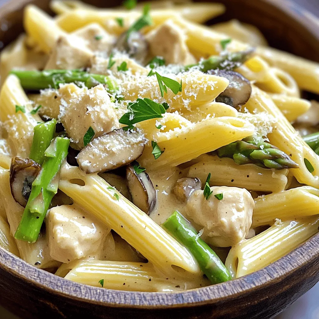 To make Creamy Mushroom and Asparagus Chicken Penne, gather these items: - 8 oz penne pasta - 2 chicken breasts, diced - 1 cup fresh asparagus, cut into 1-inch pieces - 1 cup mushrooms, sliced (cremini or button) - 1 cup heavy cream - 1/2 cup grated Parmesan cheese - 2 cloves garlic, minced - 1 tablespoon olive oil - Salt and black pepper to taste - Fresh parsley, chopped (for garnish) Using quality brands can enhance your dish. Here are some I trust: - Pasta: De Cecco or Barilla for great texture. - Cream: Organic Valley or Land O’Lakes for rich flavors. - Cheese: Grana Padano or Parmigiano-Reggiano for depth. You can adjust this recipe for different diets or preferences. Here are a few swaps: - Chicken: Use tofu or chickpeas for a vegetarian option. - Cream: Substitute with coconut milk for a dairy-free choice. - Pasta: Swap penne for gluten-free pasta if needed. These adjustments keep the dish delicious while meeting your needs. For the full recipe, refer to the details shared earlier. To cook the penne pasta, fill a large pot with water. Add salt to the water. Bring it to a rolling boil. Once boiling, add 8 oz of penne pasta. Cook according to the package directions until it is al dente. This usually takes about 10-12 minutes. Stir occasionally to prevent sticking. Once done, drain the pasta and set it aside. For the chicken, take 2 diced chicken breasts. Heat 1 tablespoon of olive oil in a large skillet over medium heat. Once hot, add the chicken. Season it with salt and black pepper. Cook the chicken for about 5-7 minutes. Make sure it turns golden brown and is fully cooked. Use a meat thermometer if needed to check that it reaches 165°F. Remove the chicken from the skillet and set it aside. Now it’s time for the veggies. In the same skillet, add 2 cloves of minced garlic. Sauté for about one minute until it smells nice. Then, add 1 cup of sliced mushrooms and 1 cup of asparagus cut into 1-inch pieces. Stir them often for about 3-4 minutes. You want the mushrooms to be soft and the asparagus to be bright green. Lower the heat and pour in 1 cup of heavy cream. Let it simmer gently. Whisk in 1/2 cup of grated Parmesan cheese until it melts and makes a creamy sauce. Taste and add more salt and pepper if needed. Now, combine everything. Add the cooked chicken back to the skillet and the drained penne pasta. Toss it all gently, making sure the pasta is coated with the creamy sauce. Your creamy mushroom and asparagus chicken penne is almost ready to serve. Don't forget to check the Full Recipe for any additional tips! To avoid overcooked pasta, follow these steps. First, bring a large pot of salted water to a boil. Add the penne and cook according to the package directions. Check the pasta two minutes before the time is up. You want it al dente, which means it should be firm to the bite. Once done, drain it right away to stop the cooking. If you leave it in the pot, it will continue to cook and become mushy. Spices and herbs can really boost the taste of your dish. I recommend adding a pinch of red pepper flakes for heat. Fresh thyme or rosemary can add a lovely aroma. If you like citrus, a squeeze of lemon juice brightens the sauce. You can also sprinkle in some Italian seasoning for an extra flavor kick. Experiment until you find your favorite mix! For sides, a simple green salad pairs well with this dish. You can toss together mixed greens with a light vinaigrette. Garlic bread is another great choice; it complements the creaminess of the penne. If you want something more filling, roasted vegetables can add color and flavor. Serve this chicken penne hot, and maybe add a little extra Parmesan cheese on top. You can find the full recipe for this delicious meal in the earlier section. {{image_2}} You can make this dish vegetarian by swapping out the chicken. Try using tofu or chickpeas instead. Both will add protein and texture. Another option is to use seitan, which has a meat-like feel. Adding more veggies can also enhance the dish. You might consider bell peppers, spinach, or zucchini for added color and flavor. The creamy sauce is the heart of this dish, but you can mix it up! Try using Alfredo sauce for a richer taste. A pesto cream sauce adds a fresh kick. If you want something lighter, consider a lemon cream sauce. This keeps the dish bright and zesty. You can also blend in some sun-dried tomatoes for a unique twist. Penne is great, but many pasta shapes work well here. Fusilli or bow tie pasta add fun shapes and hold sauce nicely. If you want a gluten-free option, try using chickpea pasta or zucchini noodles. Both options keep the dish light and healthy. Remember, the choice of pasta can change the overall feel of the meal! For the full recipe, check out the details above. Enjoy your cooking adventure! To keep your creamy mushroom and asparagus chicken penne fresh, store it in an airtight container. Make sure to let it cool down first. Place it in the fridge within two hours of cooking. This dish stays good for up to three days. If you notice any off smell or mold, it’s best to toss it. When it's time to eat leftovers, you want to keep that creamy texture. Use a skillet over low heat. Add a splash of milk or cream to help the sauce loosen up. Stir gently until warmed through. You can also use a microwave, but do it in short bursts. Stir in between to avoid hot spots. If you want to freeze this dish, it's best to do it right after cooking. Let it cool completely, then place it in a freezer-safe container. It can last up to three months in the freezer. To thaw, move it to the fridge overnight. Reheat as described above to bring back its creamy goodness. To make this dish, follow these common steps: - Cook the penne pasta in salted boiling water until al dente. - In a skillet, heat olive oil and sauté diced chicken until golden. - Add minced garlic, mushrooms, and asparagus. Cook until tender. - Stir in heavy cream and Parmesan cheese to form a sauce. - Mix the chicken and pasta with the creamy sauce. This simple recipe from the Full Recipe makes a tasty meal that you can enjoy any night. Yes, you can make this dish in advance. Prepare the chicken, pasta, and sauce separately. Store them in airtight containers in the fridge. When you're ready to eat, combine everything and heat it up. This can save you time on busy days and make meals easier. For a balanced meal, pair your chicken penne with: - Steamed broccoli or green beans for extra veggies. - A fresh garden salad with light dressing for crunch. - Garlic bread or warm rolls to soak up the sauce. These sides will complement the creamy mushroom and asparagus chicken penne perfectly! This blog post covered the essential steps to make a delicious creamy chicken penne. We explored the key ingredients, including pasta and sauces, and discussed quality brands. I shared cooking methods for perfect pasta and chicken, along with tips for sautéing veggies. Don't forget to try the flavor enhancements and serving suggestions. You can also experiment with variations and know how to store leftovers effectively. With these insights, you can create a tasty and satisfying meal that meets your needs. Enjoy cooking and sharing this dish with others!