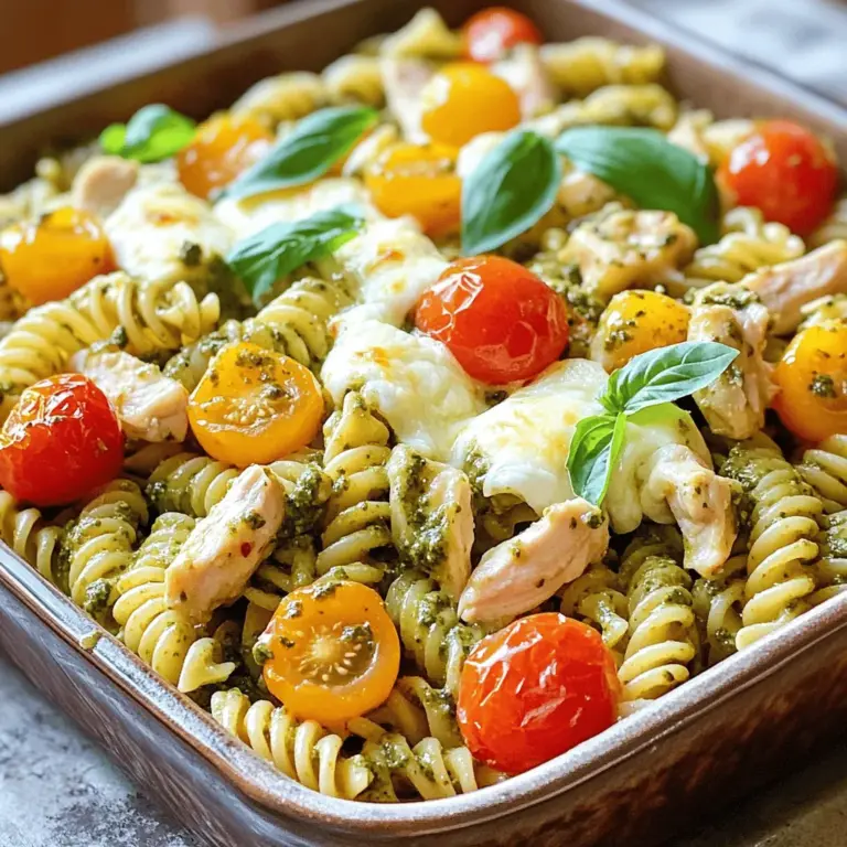 To make Chicken Mozzarella Pasta, you need the following ingredients: - 300g fusilli or penne pasta - 2 chicken breasts, diced - 1 cup mozzarella cheese, shredded - 1 cup cherry tomatoes, halved - 1/2 cup basil pesto - 4 cloves garlic, minced - 2 tablespoons olive oil - Salt and pepper to taste - Fresh basil leaves for garnish These ingredients come together to create a tasty dish that is both filling and comforting. The pasta serves as a great base, while chicken adds protein. The mozzarella cheese melts beautifully, making every bite creamy and delicious. You might want to add a few optional ingredients to make the dish your own: - Red pepper flakes for heat - Spinach or kale for extra greens - Grated Parmesan cheese for added flavor - Sliced olives for a briny touch These ingredients can enhance your experience. If you like some spice, red pepper flakes work well. Adding greens can boost nutrition, making your meal even better. If you don’t have some ingredients on hand, don’t worry! Here are some good substitutes: - Chicken: Use turkey or tofu for a different protein. - Mozzarella: Try provolone or cheddar for a new taste. - Basil pesto: Blend spinach with nuts and olive oil for a quick homemade version. These substitutes help you adapt the recipe to what you have available. Cooking should be fun and flexible, so feel free to experiment. You can always create a great dish using what you have! For the full recipe, check out the complete guide to making gooey Chicken Mozzarella Pasta. Start by gathering all your ingredients. You’ll need: - 300g fusilli or penne pasta - 2 chicken breasts, diced - 1 cup mozzarella cheese, shredded - 1 cup cherry tomatoes, halved - 1/2 cup basil pesto - 4 cloves garlic, minced - 2 tablespoons olive oil - Salt and pepper to taste - Fresh basil leaves for garnish Make sure to wash your cherry tomatoes and basil. This helps keep everything fresh. Also, get a large pot ready for boiling the pasta. It’s best to have everything ready before you start cooking. This way, you can move fast and enjoy the process. 1. Boil a large pot of salted water. Add the pasta and cook according to the package instructions. You want it to be al dente. This usually takes around 8-10 minutes. Once done, drain the pasta and set it aside. 2. In a large skillet, heat the olive oil over medium-high heat. Add the diced chicken, seasoning it with salt and pepper. Cook the chicken for about 6-8 minutes. It should be cooked through and golden brown. 3. Next, add the minced garlic to the skillet. Cook for one more minute until the garlic smells delicious. 4. Stir in the cherry tomatoes. Cook them for 2-3 minutes until they start to soften. This adds a nice burst of flavor to your dish. 5. Lower the heat and add the drained pasta and basil pesto to the skillet. Toss everything together until each piece of pasta is well coated. 6. Sprinkle the shredded mozzarella cheese all over the top. Cover the skillet with a lid. Let it sit on low heat for about 3-5 minutes. This helps the cheese melt beautifully. 7. Once the cheese is gooey and melted, take it off the heat. For a great presentation, serve the pasta in a large shallow dish. Garnish it with fresh basil leaves and a sprinkle of extra mozzarella. This adds color and makes it look inviting. Enjoy your meal right away for the best taste. You’ll love every cheesy bite of this chicken mozzarella pasta. For the full recipe, check out the previous section. To make your pasta creamy, use enough mozzarella cheese. After mixing in the pasta and pesto, add the cheese while the heat is low. This helps the cheese melt evenly. Covering the skillet for a few minutes traps the heat and moisture. This method creates a gooey texture that everyone loves. Cooking chicken right is key to this dish. Cut your chicken into small, even pieces. This helps them cook faster and more evenly. Sauté for about 6-8 minutes. Make sure the chicken reaches an internal temperature of 165°F. This ensures it is safe to eat and juicy inside. One common mistake is overcooking the chicken. This makes it dry and tough. Another mistake is not using enough salt. Season your chicken well to enhance its flavor. Finally, avoid adding cheese too soon. Wait until the end to keep it creamy and melty. Following these tips will help you nail this Chicken Mozzarella Pasta every time. For the complete recipe, check out the Full Recipe. {{image_2}} You can change the pasta to fit your taste. Fusilli and penne work great. But you can also try spaghetti or farfalle. Each type adds a new twist to the dish. Just make sure to cook the pasta until al dente. This keeps it firm and tasty. The sauce can change the whole dish. While basil pesto is delicious, you can also use marinara or Alfredo sauce. A creamy garlic sauce can add a rich flavor. If you want a kick, add some spicy arrabbiata sauce. Each of these sauces makes the meal feel new! To make your meal even better, add vegetables or proteins. You can toss in spinach, bell peppers, or zucchini. They add color and nutrition. If you want more protein, try shrimp, sausage, or even tofu. This makes the meal heartier and more satisfying. For the full recipe, you can check the details above. To store leftover Chicken Mozzarella Pasta, let it cool down first. Place the pasta in an airtight container. Make sure to press out any air before sealing. This keeps your pasta fresh longer. You can also divide it into smaller portions. This way, you can grab a serving easily later. When stored correctly, Chicken Mozzarella Pasta lasts about 3 to 5 days in the fridge. If you want to keep it longer, freeze it. Frozen pasta can last for about 2 to 3 months. Just make sure it’s in a good freezer-safe container. Reheat your Chicken Mozzarella Pasta slowly to keep it tasty. You can use a microwave or a skillet. If using a microwave, cover the dish to prevent drying out. Add a splash of water or broth to keep it moist. If you use a skillet, heat it over low heat. Stir often to help it warm evenly. Enjoy your gooey Chicken Mozzarella Pasta just like when it was fresh! Yes, you can prepare Chicken Mozzarella Pasta ahead of time. Cook the pasta and chicken, then mix them with the other ingredients. Store the dish in the fridge for up to two days. Before serving, reheat in a skillet over low heat. Add a splash of water to keep it moist. This makes a quick dinner on busy nights. You can pair Chicken Mozzarella Pasta with a few tasty sides. A fresh green salad works well. You can also serve garlic bread for a nice crunch. Roasted veggies add color and flavor. For a drink, try a light white wine or sparkling water with lemon. These choices balance the richness of the dish. Absolutely! This Chicken Mozzarella Pasta recipe is perfect for meal prep. It stores well and tastes great even after a few days. Divide the pasta into meal-sized portions. Use airtight containers to keep it fresh. This way, you have easy lunches or dinners ready to go. Check out the Full Recipe for more details. In this article, we explored the essential ingredients needed for Chicken Mozzarella Pasta, along with optional ones to customize your dish. I shared detailed steps for cooking and serving it beautifully. You learned tips for the creamiest texture and how to avoid common mistakes. Variations can keep your meals interesting, and proper storage ensures freshness. With these insights, you can create a flavorful, easy-to-make meal anytime. Enjoy your cooking and the delicious rewards it brings!